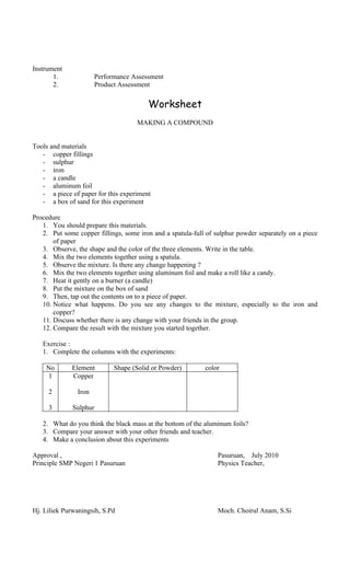 Instrument
1. Performance Assessment
2. Product Assessment
Worksheet
MAKING A COMPOUND
Tools and materials
- copper fillings
- sulphur
- iron
- a candle
- aluminum foil
- a piece of paper for this experiment
- a box of sand for this experiment
Procedure
1. You should prepare this materials.
2. Put some copper fillings, some iron and a spatula-full of sulphur powder separately on a piece
of paper
3. Observe, the shape and the color of the three elements. Write in the table.
4. Mix the two elements together using a spatula.
5. Observe the mixture. Is there any change happening ?
6. Mix the two elements together using aluminum foil and make a roll like a candy.
7. Heat it gently on a burner (a candle)
8. Put the mixture on the box of sand
9. Then, tap out the contents on to a piece of paper.
10. Notice what happens. Do you see any changes to the mixture, especially to the iron and
copper?
11. Discuss whether there is any change with your friends in the group.
12. Compare the result with the mixture you started together.
Exercise :
1. Complete the columns with the experiments:
No Element Shape (Solid or Powder) color
1
2
3
Copper
Iron
Sulphur
2. What do you think the black mass at the bottom of the aluminum foils?
3. Compare your answer with your other friends and teacher.
4. Make a conclusion about this experiments
Approval , Pasuruan, July 2010
Principle SMP Negeri 1 Pasuruan Physics Teacher,
Hj. Liliek Purwaningsih, S.Pd Moch. Choirul Anam, S.Si
 