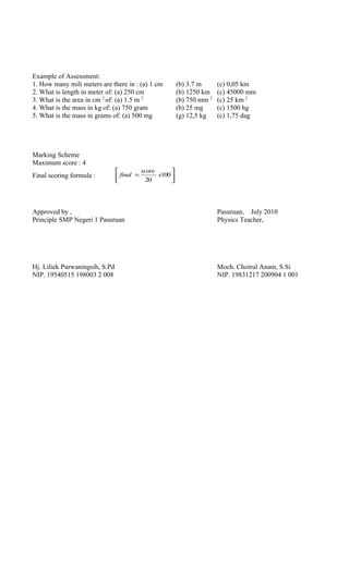 Example of Assessment:
1. How many mili meters are there in : (a) 1 cm (b) 3.7 m (c) 0,05 km
2. What is length in meter of: (a) 250 cm (b) 1250 km (c) 45000 mm
3. What is the area in cm 2
of: (a) 1.5 m 2
(b) 750 mm 2
(c) 25 km 2
4. What is the mass in kg of: (a) 750 gram (b) 25 mg (c) 1500 hg
5. What is the mass in grams of: (a) 500 mg (g) 12,5 kg (c) 1,75 dag
Marking Scheme
Maximum score : 4
Final scoring formula : 





= 100
20
x
score
final
Approved by , Pasuruan, July 2010
Principle SMP Negeri 1 Pasuruan Physics Teacher,
Hj. Liliek Purwaningsih, S.Pd Moch. Choirul Anam, S.Si
NIP. 19540515 198003 2 008 NIP. 19831217 200904 1 001
 