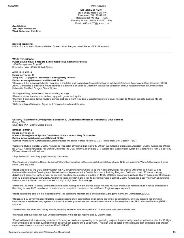 Federal Resume Adam Smith Federal Resume Adam Smith