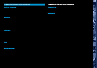 11
5.1.6 Practical Installation Issues and Barriers
Technical Complexity
Barriers around technical complexity include hard to treat properties, complexities
around measures (e.g. Internal Wall Insulation in kitchens, stairs, doorways, etc),
an ignorance of building physics, and installers understanding from the outset
that every home is unique and that there won’t be a one size fits all energy retrofit
solution.
Disruption
Barriers include actual and perceived disruption, hassle, inconvenience, mess,
noise, dust, a need for decoration, loft clearance, with potential upheaval and
need for decanting. Particular measures such as solid wall insulation, under
floor insulation, renewables, etc have significant disruption and more so when
installing multiple measures and with whole house retrofits. The time taken
can be significant and there are additional constraints on building due to the
occupants (e.g. noise and air pollution restrictions).
Installation
During the installation phase there are barriers such as a lack of information
on the existing structure, unforeseen problems such as asbestos and other
hazardous components, location of utilities, poor condition of the building,
access problems and disturbance to and from the infrastructure. Also, space
constraints, measures competing for the same space, measures reducing the
living space such as internal wall insulation, etc all add difficulty.
Time
Time is itself a barrier, as are costs linked to the time taken and restraints on
available time due to narrow windows of opportunity (e.g. holidays for tenants).
Quality Assurance
Quality control, assurance of performance and restriction/compliance with third
party accreditation i.e. BBA certification on Hard To Treat Cavities were raised
as barriers associated with quality assurance.
5.1.6 Practical Installation Issues and Barriers
Responsibility
A split responsibility for the project and responsibility for maintenance and
warranties were seen as barriers to whole house retrofit.
Appearance
Changes to the appearance of a property, especially with external wall insulation
and where there is a need to keep the street scene intact, such as with Victorian
Terraces, all cause issues.
Breaking Barriers | Summary Report, May 2013
 