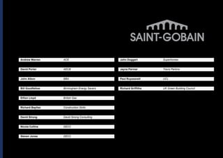 Breaking Barriers | Summary Report, May 20132
Acknowledgements
This report has been prepared by Jade Lewis of Saint-Gobain who managed the
project whilst on secondment to the Energy Efficiency Partnership for Buildings
(EEPB) and Luke Smith from the National Energy Foundation (NEF).
The Energy Efficiency Partnership for Buildings would particularly like to thank
Simon Gibson of Saint-Gobain for finalising and coordinating the delivery of the
action plans and the task group leaders, Liz Reason of the Green Gauge Trust
and Peter Rickaby of Rickaby Thompson Associates.
The EEPB would also like to thank the following people and organisations for
their involvement with the project so far:
Andrew Warren	 ACE
Steven Heath	 Knauf
David Porter	 AECB
John Whitefield	 Llewellyn Smith
John Albon	 BBA
John Barnham	 Orbit Group
Bill Goodfellow	 Birmingham Energy Savers
Robert Prewett	 PassivHaus Trust
Eifion Lloyd	 British Gas
Anthony Briden	 PRP
Richard Bayliss	 Construction Skills
Andy Simmonds	 RetroPHit
David Strong	 David Strong Consulting
Mark Allen	 Saint-Gobain
Nicola Collins	 DECC
William Silverstone	 Silverstone Green Energy
Steven Jones	 DECC
John Doggart	 Superhomes
Adrian Wright	 Enact
Jayna Parmar 	 Travis Perkins
Brian Berry	 FMB
Paul Ruyssevelt	 UCL
Dan Green	 Kier Services
Richard Griffiths	 UK Green Building Council
Perry Bradby	 Kier Services			
 