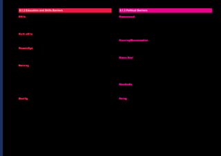8
5.1.2 Education and Skills Barriers
Skills
There is a lack of / shortage of skills with few tradesmen experienced in retrofit.
Technical skills for surveyors and designers, and installer expertise were all seen
as barriers.
Multi-skills
There are few experts that understand all the issues and whole house retrofit
requires installers that are multi-skilled.
Knowledge
Lack of knowledge was also seen as a barrier, along with builders knowing how
and when to offer information. Do we know enough about how whole house
retrofit actually works / affects buildings?
Training
Installers need to understand what training is available and how to access it.
Installers need to be up skilled and in certain sectors there is a need to introduce
training and apprenticeship schemes to make sure installation skills are not
lost to the industry. A move to a market with more Solid Wall Insulation means
development of skills in this area is required. Also to overcome barriers in
housing associations, etc. there is a need for education and training in the use of
sustainable energy technologies and their economic, social and environmental
benefits.
Quality
Poor installation can lead to poor quality, hence the skills issue is a significant
barrier and relevant accreditation is required.
5.1.3 Political Barriers
Government
Lack of clarity, long term plans and a roadmap from Government are seen as
barriers. Transparency, longevity and certainty in policy are required for market
growth. Whole house retrofit is not on the Government agenda and there is a
lack of legislation with further incentives being required. There is red tape around
funding and has been a history of stop / start grants.
Planning/Conservation
Planning permission requirements are seen as a barrier. Listed buildings with
Areas of Outstanding Natural Beauty (AONB) restrictions, conservation areas,
aesthetics and neighbours’ legal rights are all in conflict with whole house retrofit.
Green Deal
Green Deal not being suitable for and the ‘Golden Rule’ precluding whole house
retrofit were seen as barriers, as well as the fact that DIY does not qualify, a lack
of PR and few carrots and sticks to drive uptake. Green Deal may even be a
distraction to whole house retrofit with too many eggs being placed in one basket
and Government agenda needs to go over and above Green Deal to drive whole
house retrofit.
Standards
No legislative or local requirements to go beyond building regulations and low
standards were identified as barriers.
Policy
Legislation is an important barrier for crossing the gap to high volume of whole
house retrofit. Consequential improvements don’t apply to the vast majority of
homes and a ban on renting poor homes in 2018 is viewed as too little too late.
Breaking Barriers | Summary Report, May 2013
 