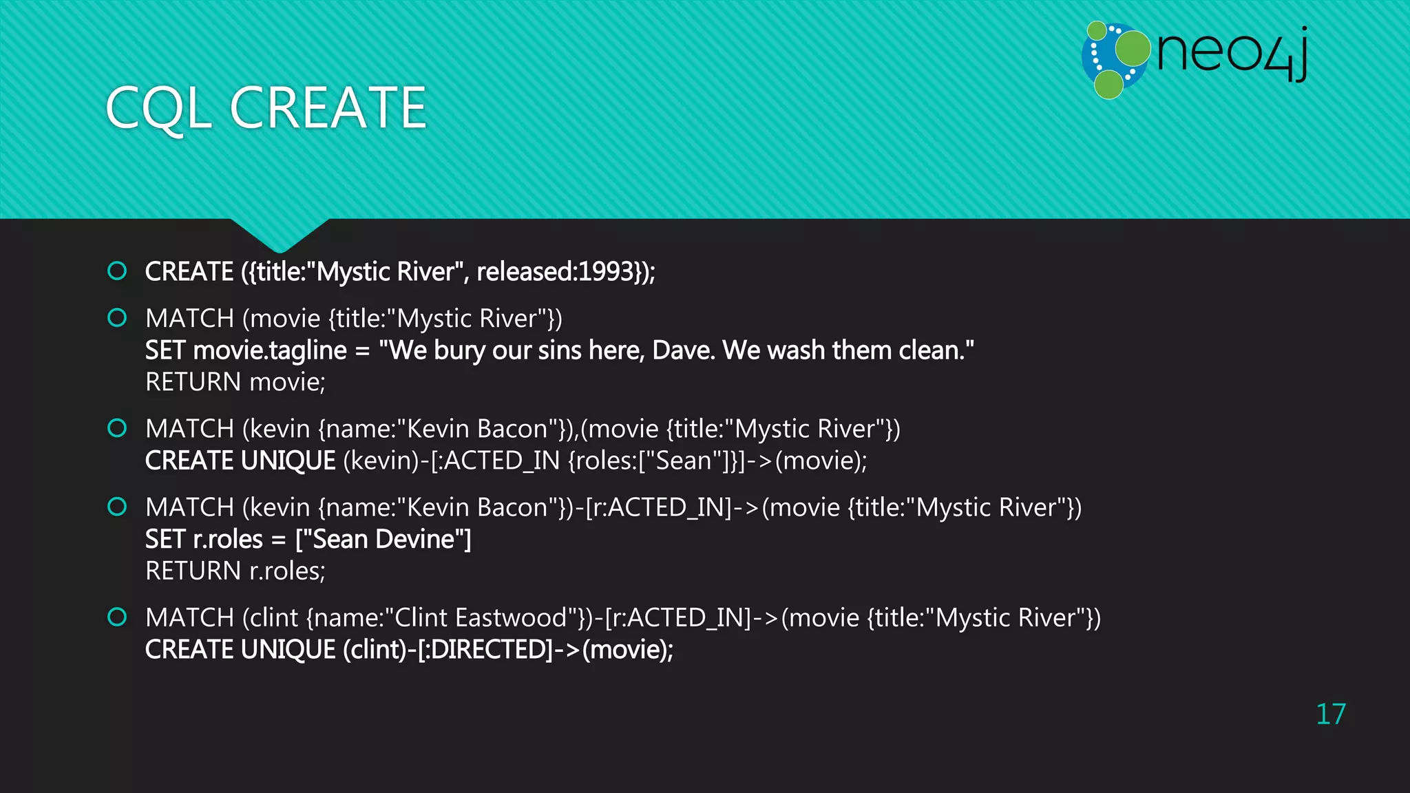 CQL CREATE
 CREATE ({title:"Mystic River", released:1993});
 MATCH (movie {title:"Mystic River"})
SET movie.tagline = "We bury our sins here, Dave. We wash them clean."
RETURN movie;
 MATCH (kevin {name:"Kevin Bacon"}),(movie {title:"Mystic River"})
CREATE UNIQUE (kevin)-[:ACTED_IN {roles:["Sean"]}]->(movie);
 MATCH (kevin {name:"Kevin Bacon"})-[r:ACTED_IN]->(movie {title:"Mystic River"})
SET r.roles = ["Sean Devine"]
RETURN r.roles;
 MATCH (clint {name:"Clint Eastwood"})-[r:ACTED_IN]->(movie {title:"Mystic River"})
CREATE UNIQUE (clint)-[:DIRECTED]->(movie);
17
 