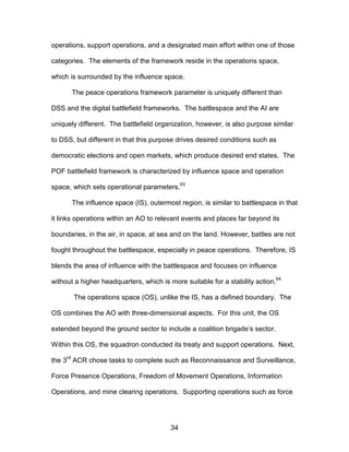 operations, support operations, and a designated main effort within one of those
categories. The elements of the framework reside in the operations space,
which is surrounded by the influence space.
The peace operations framework parameter is uniquely different than
DSS and the digital battlefield frameworks. The battlespace and the AI are
uniquely different. The battlefield organization, however, is also purpose similar
to DSS, but different in that this purpose drives desired conditions such as
democratic elections and open markets, which produce desired end states. The
POF battlefield framework is characterized by influence space and operation
space, which sets operational parameters.
63
The influence space (IS), outermost region, is similar to battlespace in that
it links operations within an AO to relevant events and places far beyond its
boundaries, in the air, in space, at sea and on the land. However, battles are not
fought throughout the battlespace, especially in peace operations. Therefore, IS
blends the area of influence with the battlespace and focuses on influence
without a higher headquarters, which is more suitable for a stability action.
64
The operations space (OS), unlike the IS, has a defined boundary. The
OS combines the AO with three-dimensional aspects. For this unit, the OS
extended beyond the ground sector to include a coalition brigade’s sector.
Within this OS, the squadron conducted its treaty and support operations. Next,
the 3rd
ACR chose tasks to complete such as Reconnaissance and Surveillance,
Force Presence Operations, Freedom of Movement Operations, Information
Operations, and mine clearing operations. Supporting operations such as force
34

 