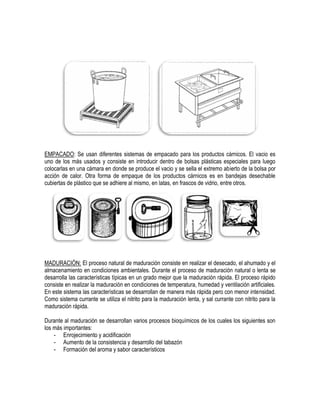 EMPACADO: Se usan diferentes sistemas de empacado para los productos cárnicos. El vacio es
uno de los más usados y consiste en introducir dentro de bolsas plásticas especiales para luego
colocarlas en una cámara en donde se produce el vacio y se sella el extremo abierto de la bolsa por
acción de calor. Otra forma de empaque de los productos cárnicos es en bandejas desechable
cubiertas de plástico que se adhiere al mismo, en latas, en frascos de vidrio, entre otros.

MADURACIÓN: El proceso natural de maduración consiste en realizar el desecado, el ahumado y el
almacenamiento en condiciones ambientales. Durante el proceso de maduración natural o lenta se
desarrolla las características típicas en un grado mejor que la maduración rápida. El proceso rápido
consiste en realizar la maduración en condiciones de temperatura, humedad y ventilación artificiales.
En este sistema las características se desarrollan de manera más rápida pero con menor intensidad.
Como sistema currante se utiliza el nitrito para la maduración lenta, y sal currante con nitrito para la
maduración rápida.
Durante al maduración se desarrollan varios procesos bioquímicos de los cuales los siguientes son
los más importantes:
- Enrojecimiento y acidificación
- Aumento de la consistencia y desarrollo del tabazón
- Formación del aroma y sabor característicos

 