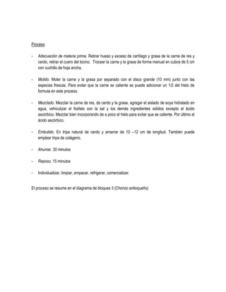 Proceso
-

Adecuación de materia prima. Retirar hueso y exceso de cartílago y grasa de la carne de res y
cerdo, retirar el cuero del tocino. Trocear la carne y la grasa de forma manual en cubos de 5 cm
con cuchillo de hoja ancha.

-

Molido. Moler la carne y la grasa por separado con el disco grande (10 mm) junto con las
especias frescas. Para evitar que la carne se caliente se puede adicionar un 1/2 del hielo de
formula en este proceso.

-

Mezclado. Mezclar la carne de res, de cerdo y la grasa, agregar el aislado de soya hidratado en
agua, vehiculizar el fosfato con la sal y los demás ingredientes sólidos excepto el ácido
ascórbico. Mezclar bien incorporando de a poco el hielo para evitar que se caliente. Por último el
ácido ascórbico.

-

Embutido. En tripa natural de cerdo y amarrar de 10 –12 cm de longitud. También puede
emplear tripa de colágeno.

-

Ahumar. 30 minutos

-

Reposo. 15 minutos

-

Individualizar, limpiar, empacar, refrigerar, comercializar.

El proceso se resume en el diagrama de bloques 3 (Chorizo antioqueño)

 