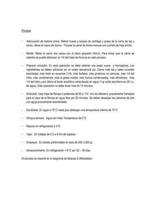 Proceso
-

Adecuación de materia prima. Retirar hueso y exceso de cartílago y grasa de la carne de res y
cerdo, retirar el cuero del tocino. Trocear la carne de forma manual con cuchillo de hoja ancha.

-

Molido. Moler la carne dos veces con el disco pequeño (5mm). Para evitar que la carne se
caliente se puede adicionar un 1/4 del hielo de formula en este proceso.

-

Preparar emulsión. En esta operación se debe obtener una pasta suave y homogénea. Los
ingredientes se deben adicionar en un orden secuencial así: Carne más sal y sales curantes
mezcladas, más hielo en escamas (1/4), más fosfatos, más proteínas no cárnicas, más 1/4 del
hielo, más condimentos, más la grasa molida, más humos condensados, más almidones, más
1/4 del hielo y por último el ácido ascórbico vehiculizado en agua (1 gr acido ascórbico en 20 c.c.
de agua). Esta operación no debe durar más de 10 minutos.

-

Embutido. Usar tripa de fibrosa o poliamida de 95 a 110 mm de diámetro, previamente hidratada
para el caso de la fibrosa en agua tibia por 20 minutos. Se deben desalojar las cámaras de aire
con aguja previamente desinfectada.

-

Escaldado. En agua a 75°C hasta que obtengan una temperatura interna de 70°C

-

Choque térmico. Agua con hielo Temperatura de 0°C

-

Reposo en refrigeración a 4°C.

-

Tajar. En rodajas de 3.5 a 4 mm de espesor

-

Empaque. En bolsas preformadas al vacio de 250 a 500 gr

-

Almacenamiento. En refrigeración 1-4°C por 20 – 30 días

El proceso se resume en el diagrama de bloques 6 (Mortadela):

 