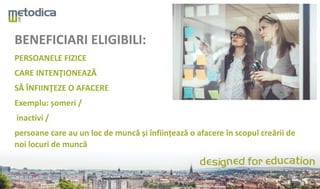 BENEFICIARI ELIGIBILI:
PERSOANELE FIZICE
CARE INTENŢIONEAZĂ
SĂ ÎNFIINŢEZE O AFACERE
Exemplu: șomeri /
inactivi /
persoane care au un loc de muncă și înființează o afacere în scopul creării de
noi locuri de muncă
 