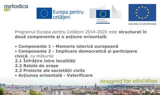 Programul Europa pentru Cetățeni 2014-2020 este structurat în
două componente și o acțiune orizontală:
• Componenta 1 - Memorie istorică europeană
• Componenta 2 - Implicare democratică și participare
civică, cu măsurile
2.1 Înfrățire între localități
2.2 Rețele de orașe
2.3 Proiecte ale societății civile
• Acțiunea orizontală - Valorificare
 