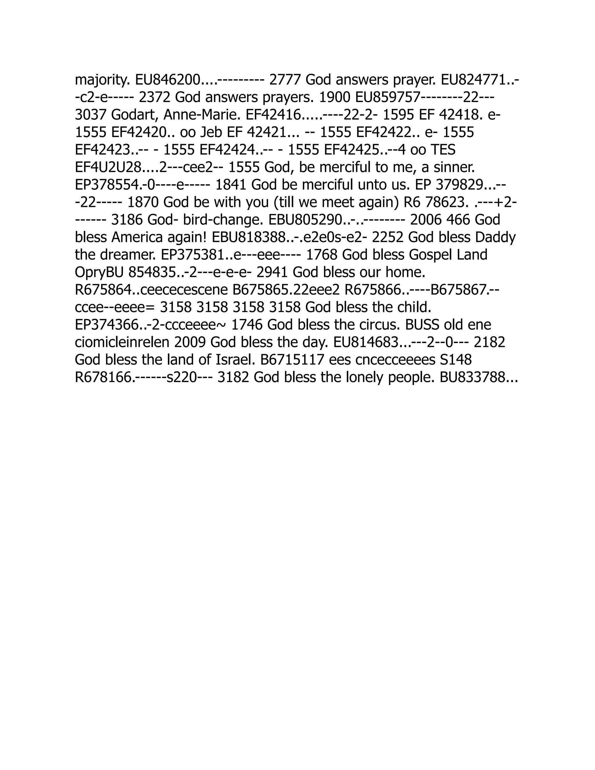 majority. EU846200....--------- 2777 God answers prayer. EU824771..-
-c2-e----- 2372 God answers prayers. 1900 EU859757--------22---
3037 Godart, Anne-Marie. EF42416.....----22-2- 1595 EF 42418. e-
1555 EF42420.. oo Jeb EF 42421... -- 1555 EF42422.. e- 1555
EF42423..-- - 1555 EF42424..-- - 1555 EF42425..--4 oo TES
EF4U2U28....2---cee2-- 1555 God, be merciful to me, a sinner.
EP378554.-0----e----- 1841 God be merciful unto us. EP 379829...--
-22----- 1870 God be with you (till we meet again) R6 78623. .---+2-
------ 3186 God- bird-change. EBU805290..-..-------- 2006 466 God
bless America again! EBU818388..-.e2e0s-e2- 2252 God bless Daddy
the dreamer. EP375381..e---eee---- 1768 God bless Gospel Land
OpryBU 854835..-2---e-e-e- 2941 God bless our home.
R675864..ceececescene B675865.22eee2 R675866..----B675867.--
ccee--eeee= 3158 3158 3158 3158 God bless the child.
EP374366..-2-ccceeee~ 1746 God bless the circus. BUSS old ene
ciomicleinrelen 2009 God bless the day. EU814683...---2--0--- 2182
God bless the land of Israel. B6715117 ees cncecceeees S148
R678166.------s220--- 3182 God bless the lonely people. BU833788...
 