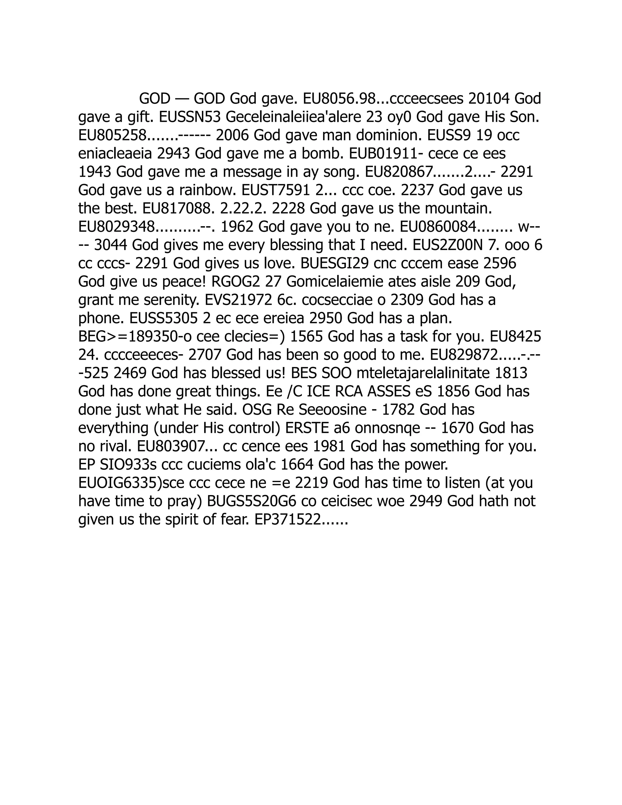 GOD — GOD God gave. EU8056.98...ccceecsees 20104 God
gave a gift. EUSSN53 Geceleinaleiiea'alere 23 oy0 God gave His Son.
EU805258.......------ 2006 God gave man dominion. EUSS9 19 occ
eniacleaeia 2943 God gave me a bomb. EUB01911- cece ce ees
1943 God gave me a message in ay song. EU820867.......2....- 2291
God gave us a rainbow. EUST7591 2... ccc coe. 2237 God gave us
the best. EU817088. 2.22.2. 2228 God gave us the mountain.
EU8029348..........--. 1962 God gave you to ne. EU0860084........ w--
-- 3044 God gives me every blessing that I need. EUS2Z00N 7. ooo 6
cc cccs- 2291 God gives us love. BUESGI29 cnc cccem ease 2596
God give us peace! RGOG2 27 Gomicelaiemie ates aisle 209 God,
grant me serenity. EVS21972 6c. cocsecciae o 2309 God has a
phone. EUSS5305 2 ec ece ereiea 2950 God has a plan.
BEG=189350-o cee clecies=) 1565 God has a task for you. EU8425
24. cccceeeces- 2707 God has been so good to me. EU829872.....-.--
-525 2469 God has blessed us! BES SOO mteletajarelalinitate 1813
God has done great things. Ee /C ICE RCA ASSES eS 1856 God has
done just what He said. OSG Re Seeoosine - 1782 God has
everything (under His control) ERSTE a6 onnosnqe -- 1670 God has
no rival. EU803907... cc cence ees 1981 God has something for you.
EP SIO933s ccc cuciems ola'c 1664 God has the power.
EUOIG6335)sce ccc cece ne =e 2219 God has time to listen (at you
have time to pray) BUGS5S20G6 co ceicisec woe 2949 God hath not
given us the spirit of fear. EP371522......
 