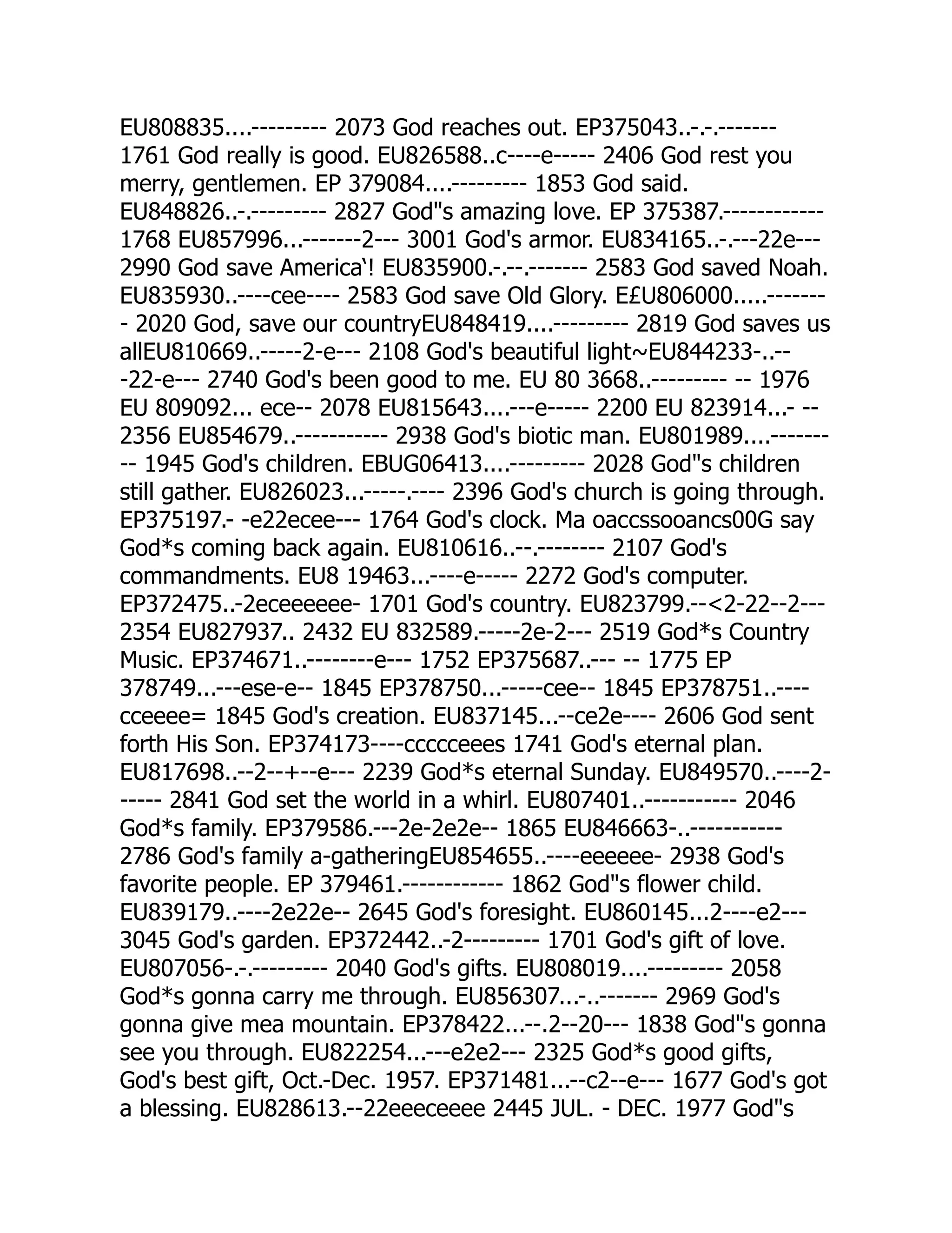 EU808835....--------- 2073 God reaches out. EP375043..-.-.-------
1761 God really is good. EU826588..c----e----- 2406 God rest you
merry, gentlemen. EP 379084....--------- 1853 God said.
EU848826..-.--------- 2827 Gods amazing love. EP 375387.------------
1768 EU857996...-------2--- 3001 God's armor. EU834165..-.---22e---
2990 God save America‘! EU835900.-.--.------- 2583 God saved Noah.
EU835930..----cee---- 2583 God save Old Glory. E£U806000.....-------
- 2020 God, save our countryEU848419....--------- 2819 God saves us
allEU810669..-----2-e--- 2108 God's beautiful light~EU844233-..--
-22-e--- 2740 God's been good to me. EU 80 3668..--------- -- 1976
EU 809092... ece-- 2078 EU815643....---e----- 2200 EU 823914...- --
2356 EU854679..----------- 2938 God's biotic man. EU801989....-------
-- 1945 God's children. EBUG06413....--------- 2028 Gods children
still gather. EU826023...-----.---- 2396 God's church is going through.
EP375197.- -e22ecee--- 1764 God's clock. Ma oaccssooancs00G say
God*s coming back again. EU810616..--.-------- 2107 God's
commandments. EU8 19463...----e----- 2272 God's computer.
EP372475..-2eceeeeee- 1701 God's country. EU823799.--2-22--2---
2354 EU827937.. 2432 EU 832589.-----2e-2--- 2519 God*s Country
Music. EP374671..--------e--- 1752 EP375687..--- -- 1775 EP
378749...---ese-e-- 1845 EP378750...-----cee-- 1845 EP378751..----
cceeee= 1845 God's creation. EU837145...--ce2e---- 2606 God sent
forth His Son. EP374173----ccccceees 1741 God's eternal plan.
EU817698..--2--+--e--- 2239 God*s eternal Sunday. EU849570..----2-
----- 2841 God set the world in a whirl. EU807401..----------- 2046
God*s family. EP379586.---2e-2e2e-- 1865 EU846663-..-----------
2786 God's family a-gatheringEU854655..----eeeeee- 2938 God's
favorite people. EP 379461.------------ 1862 Gods flower child.
EU839179..----2e22e-- 2645 God's foresight. EU860145...2----e2---
3045 God's garden. EP372442..-2--------- 1701 God's gift of love.
EU807056-.-.--------- 2040 God's gifts. EU808019....--------- 2058
God*s gonna carry me through. EU856307...-..------- 2969 God's
gonna give mea mountain. EP378422...--.2--20--- 1838 Gods gonna
see you through. EU822254...---e2e2--- 2325 God*s good gifts,
God's best gift, Oct.-Dec. 1957. EP371481...--c2--e--- 1677 God's got
a blessing. EU828613.--22eeeceeee 2445 JUL. - DEC. 1977 Gods
 