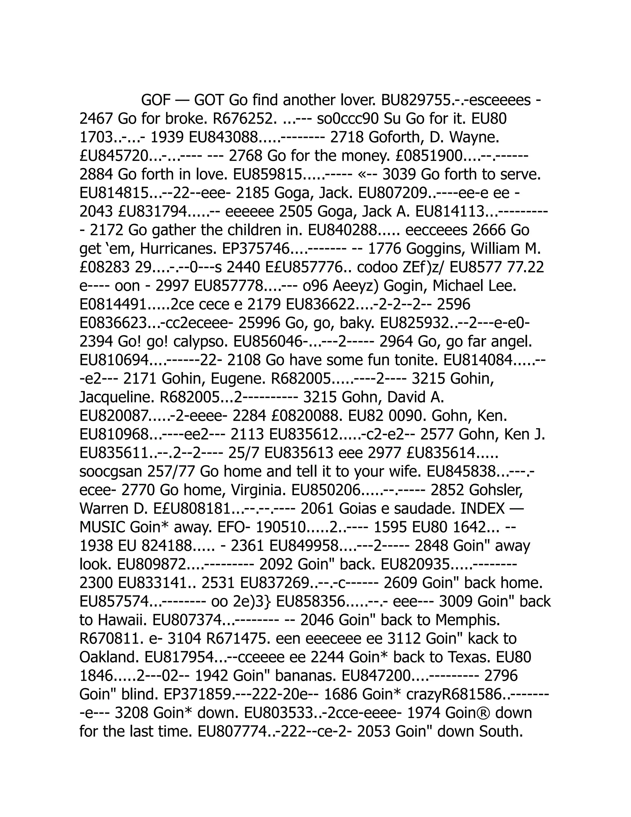 GOF — GOT Go find another lover. BU829755.-.-esceeees -
2467 Go for broke. R676252. ...--- so0ccc90 Su Go for it. EU80
1703..-...- 1939 EU843088.....-------- 2718 Goforth, D. Wayne.
£U845720...-...---- --- 2768 Go for the money. £0851900....--.------
2884 Go forth in love. EU859815.....----- «-- 3039 Go forth to serve.
EU814815...--22--eee- 2185 Goga, Jack. EU807209..----ee-e ee -
2043 £U831794.....-- eeeeee 2505 Goga, Jack A. EU814113...---------
- 2172 Go gather the children in. EU840288..... eecceees 2666 Go
get ‘em, Hurricanes. EP375746....------- -- 1776 Goggins, William M.
£08283 29....-.--0---s 2440 E£U857776.. codoo ZEf)z/ EU8577 77.22
e---- oon - 2997 EU857778....--- o96 Aeeyz) Gogin, Michael Lee.
E0814491.....2ce cece e 2179 EU836622....-2-2--2-- 2596
E0836623...-cc2eceee- 25996 Go, go, baky. EU825932..--2---e-e0-
2394 Go! go! calypso. EU856046-...---2----- 2964 Go, go far angel.
EU810694....------22- 2108 Go have some fun tonite. EU814084.....--
-e2--- 2171 Gohin, Eugene. R682005.....----2---- 3215 Gohin,
Jacqueline. R682005...2---------- 3215 Gohn, David A.
EU820087.....-2-eeee- 2284 £0820088. EU82 0090. Gohn, Ken.
EU810968...----ee2--- 2113 EU835612.....-c2-e2-- 2577 Gohn, Ken J.
EU835611..--.2--2---- 25/7 EU835613 eee 2977 £U835614.....
soocgsan 257/77 Go home and tell it to your wife. EU845838...---.-
ecee- 2770 Go home, Virginia. EU850206.....--.----- 2852 Gohsler,
Warren D. E£U808181...--.--.---- 2061 Goias e saudade. INDEX —
MUSIC Goin* away. EFO- 190510.....2..---- 1595 EU80 1642... --
1938 EU 824188..... - 2361 EU849958....---2----- 2848 Goin away
look. EU809872....--------- 2092 Goin back. EU820935.....--------
2300 EU833141.. 2531 EU837269..--.-c------ 2609 Goin back home.
EU857574...-------- oo 2e)3} EU858356.....--.- eee--- 3009 Goin back
to Hawaii. EU807374...-------- -- 2046 Goin back to Memphis.
R670811. e- 3104 R671475. een eeeceee ee 3112 Goin kack to
Oakland. EU817954...--cceeee ee 2244 Goin* back to Texas. EU80
1846.....2---02-- 1942 Goin bananas. EU847200....--------- 2796
Goin blind. EP371859.---222-20e-- 1686 Goin* crazyR681586..-------
-e--- 3208 Goin* down. EU803533..-2cce-eeee- 1974 Goin® down
for the last time. EU807774..-222--ce-2- 2053 Goin down South.
 