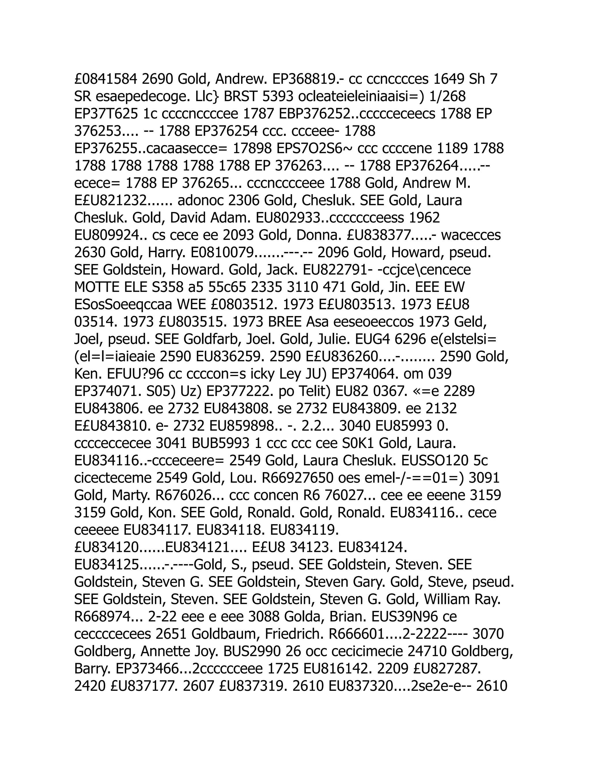 £0841584 2690 Gold, Andrew. EP368819.- cc ccncccces 1649 Sh 7
SR esaepedecoge. Llc} BRST 5393 ocleateieleiniaaisi=) 1/268
EP37T625 1c ccccnccccee 1787 EBP376252..ccccceceecs 1788 EP
376253.... -- 1788 EP376254 ccc. ccceee- 1788
EP376255..cacaasecce= 17898 EPS7O2S6~ ccc ccccene 1189 1788
1788 1788 1788 1788 1788 EP 376263.... -- 1788 EP376264.....--
ecece= 1788 EP 376265... cccncccceee 1788 Gold, Andrew M.
E£U821232...... adonoc 2306 Gold, Chesluk. SEE Gold, Laura
Chesluk. Gold, David Adam. EU802933..ccccccceess 1962
EU809924.. cs cece ee 2093 Gold, Donna. £U838377.....- wacecces
2630 Gold, Harry. E0810079.......---.-- 2096 Gold, Howard, pseud.
SEE Goldstein, Howard. Gold, Jack. EU822791- -ccjcecencece
MOTTE ELE S358 a5 55c65 2335 3110 471 Gold, Jin. EEE EW
ESosSoeeqccaa WEE £0803512. 1973 E£U803513. 1973 E£U8
03514. 1973 £U803515. 1973 BREE Asa eeseoeeccos 1973 Geld,
Joel, pseud. SEE Goldfarb, Joel. Gold, Julie. EUG4 6296 e(elstelsi=
(el=l=iaieaie 2590 EU836259. 2590 E£U836260....-........ 2590 Gold,
Ken. EFUU?96 cc ccccon=s icky Ley JU) EP374064. om 039
EP374071. S05) Uz) EP377222. po Telit) EU82 0367. «=e 2289
EU843806. ee 2732 EU843808. se 2732 EU843809. ee 2132
E£U843810. e- 2732 EU859898.. -. 2.2... 3040 EU85993 0.
cccceccecee 3041 BUB5993 1 ccc ccc cee S0K1 Gold, Laura.
EU834116..-ccceceere= 2549 Gold, Laura Chesluk. EUSSO120 5c
cicecteceme 2549 Gold, Lou. R66927650 oes emel-/-==01=) 3091
Gold, Marty. R676026... ccc concen R6 76027... cee ee eeene 3159
3159 Gold, Kon. SEE Gold, Ronald. Gold, Ronald. EU834116.. cece
ceeeee EU834117. EU834118. EU834119.
£U834120......EU834121.... E£U8 34123. EU834124.
EU834125......-.----Gold, S., pseud. SEE Goldstein, Steven. SEE
Goldstein, Steven G. SEE Goldstein, Steven Gary. Gold, Steve, pseud.
SEE Goldstein, Steven. SEE Goldstein, Steven G. Gold, William Ray.
R668974... 2-22 eee e eee 3088 Golda, Brian. EUS39N96 ce
ceccccecees 2651 Goldbaum, Friedrich. R666601....2-2222---- 3070
Goldberg, Annette Joy. BUS2990 26 occ cecicimecie 24710 Goldberg,
Barry. EP373466...2cccccceee 1725 EU816142. 2209 £U827287.
2420 £U837177. 2607 £U837319. 2610 EU837320....2se2e-e-- 2610
 