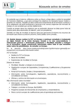 © Mcgraw-Hill Education 27-1 |
FOL Avanzado. Solucionario
11
U N I D A D Búsqueda activa de empleo
Objetivos deseados Año Formación necesaria
Se pretende que el alumno reflexione sobre su futuro a largo plazo y sobre la necesidad
de marcarse objetivos, y que para conseguir los objetivos es necesario buscar medios y
ponerlos en marcha. También se dará cuenta de la importancia de la formación continua y
de la adaptación del perfil profesional y personal a las nuevas exigencias del mercado de
trabajo en una sociedad que cambia rápidamente.
Cuando se tengan claros los objetivos que se pretenden alcanzar se debe poner todo de
nuestra parte para alcanzarlos sin dilación, pero sin precipitarse.
También se trata de movilizar al alumno para que aproveche al máximo los recursos de
formación que ofrece su entorno próximo, tanto público como privado.
16. Quizás desees realizar la FCT en Europa o continuar estudiado o trabajando
en algún Estado de la Unión Europea. Accede a la ruta www.todofp.es >
Información general > Orientación profesional > Movilidad. Estudiar y trabajar
en el extranjero, donde encontrarás información sobre todo lo que necesitas
saber sobre las posibilidades de estudiar en Europa.
En la dirección http://www.todofp.es/todofp/sobre-fp/informacion-general/fp-en-
europa.html, se encuentra información sobre:
FCT en Europa:
• Realizar la FCT en Europa.
• Becas de movilidad.
• Experiencias de movilidad en Europa.
Enlaces de interés
• Movilidad. Estudiar y trabajar en el extranjero.
• Clasificación europea de Capacidades, Competencias, Cualificaciones y Ocupaciones
- ESCO.
• Portal UE Formación, Empleo y Emprendimiento.
• Información sobre homologación, legalización, equivalencia, reconocimiento y
convalidación de títulos.
• Oficinas y centros de información en el extranjero.
Más información sobre movilidad:
• Información sobre homologación, legalización, equivalencia, reconocimiento y
convalidación de títulos.
• Trabajar y contratar en Europa. Red EURES.
• Programa europeo de intercambio de empresarios y emprendedores.
• Marco común europeo de cualificaciones para el aprendizaje permanente.
 