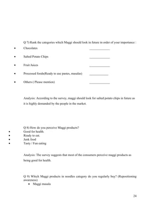 Q 7) Rank the categories which Maggi should look in future in order of your importance :
    •   Chocolates                                           _____________

    •   Salted Potato Chips                                  _____________

    •   Fruit Juices                                         _____________

    •   Processed foods(Ready to use pastes, masalas)        ____________

    •   Others ( Please mention)                             _____________




        Analysis: According to the survey, maggi should look for salted potato chips in future as
        it is highly demanded by the people in the market.




        Q 8) How do you perceive Maggi products?
•       Good for health.
•       Ready to eat.
•       Junk food
•       Tasty / Fun eating


        Analysis: The survey suggests that most of the consumers perceive maggi products as
        being good for health.




        Q 9) Which Maggi products in noodles category do you regularly buy? (Repositioning
        awareness)
           • Maggi masala


                                                                                               24
 