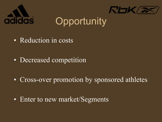 Opportunity Reduction in costs Decreased competition Cross-over promotion by sponsored athletes Enter to new market/Segments 