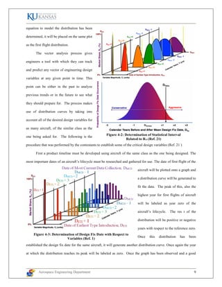 Aerospace Engineering Department 9
Figure 4-3: Determination of Design Fix Date with Respect to
Variables (Ref. 1)
equation to model the distribution has been
determined, it will be placed on the same plot
as the first flight distribution.
The vector analysis process gives
engineers a tool with which they can track
and predict any vector of engineering design
variables at any given point in time. This
point can be either in the past to analyze
previous trends or in the future to see what
they should prepare for. The process makes
use of distribution curves by taking into
account all of the desired design variables for
as many aircraft, of the similar class as the
one being asked for. The following is the
procedure that was performed by the contestants to establish some of the critical design variables (Ref. 21 )
First a product timeline must be developed using aircraft of the same class as the one being designed. The
most important dates of an aircraft’s lifecycle must be researched and gathered for use. The date of first flight of the
aircraft will be plotted onto a graph and
a distribution curve will be generated to
fit the data. The peak of this, also the
highest year for first flights of aircraft
will be labeled as year zero of the
aircraft’s lifecycle. The res t of the
distribution will be positive or negative
years with respect to the reference zero.
Once this distribution has been
established the design fix date for the same aircraft, it will generate another distribution curve. Once again the year
at which the distribution reaches its peak will be labeled as zero. Once the graph has been observed and a good
Figure 4-2: Determination of Statistical Interval
Related to Rvi (Ref. 21)
 