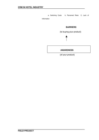CRM IN HOTEL INDUSTRY


                           a. Switching Costs   b. Perceived Risks   C. Lack of

                   Information




                                                 BARRIERS

                                          (to buying your product)




                                           AWARENESS

                                          (of your product)




FIELD PROJECT
 