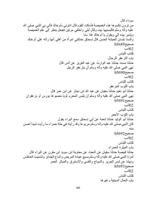 105
‫قال‬ ‫سوداء‬
‫هللا‬ ‫صلى‬ ‫النبي‬ ‫بي‬ ‫فأتي‬ ‫خالد‬ ‫بأم‬ ‫ائتوني‬ ‫قال‬ ‫القوم‬ ‫فأسكت‬ ‫الخميصة‬ ‫هذه‬ ‫نكسوها‬ ‫ترون‬ ‫من‬
‫أبلي‬ ‫وقال‬ ‫بيده‬ ‫فألبسنيها‬ ‫وسلم‬ ‫وآله‬ ‫عليه‬‫الخميصة‬ ‫علم‬ ‫إلى‬ ‫ينظر‬ ‫فجعل‬ ‫مرتين‬ ‫واخلقي‬
‫سنا‬ ‫هذا‬ ‫خالد‬ ‫أم‬ ‫يا‬ ‫ويقول‬ ‫إلي‬ ‫بيده‬ ‫ويشير‬
‫خالد‬ ‫أم‬ ‫على‬ ‫رأته‬ ‫أنها‬ ‫أهلي‬ ‫من‬ ‫امرأة‬ ‫حدثتني‬ ‫إسحاق‬ ‫قال‬ ‫الحسن‬ ‫الحبشة‬ ‫بلسان‬ ‫والسنا‬
‫صحيح‬b5689
02‫أدب‬
‫اللباس‬ ‫كتاب‬
‫للرجال‬ ‫التزعفر‬ ‫باب‬
‫قا‬ ‫أنس‬ ‫عن‬ ‫العزيز‬ ‫عبد‬ ‫عن‬ ‫الوارث‬ ‫عبد‬ ‫حدثنا‬ ‫مسدد‬ ‫حدثنا‬‫ل‬
‫الرجل‬ ‫يتزعفر‬ ‫أن‬ ‫وسلم‬ ‫وآله‬ ‫عليه‬ ‫هللا‬ ‫صلى‬ ‫النبي‬ ‫نهى‬
‫صحيح‬b5690
02‫أدب‬
‫اللباس‬ ‫كتاب‬
‫المزعفر‬ ‫الثوب‬ ‫باب‬
‫قال‬ ‫عمر‬ ‫ابن‬ ‫عن‬ ‫دينار‬ ‫ابن‬ ‫هللا‬ ‫عبد‬ ‫عن‬ ‫سفيان‬ ‫حدثنا‬ ‫نعيم‬ ‫أبو‬ ‫حدثنا‬
‫بزعفران‬ ‫أو‬ ‫بورس‬ ‫مصبوغا‬ ‫ثوبا‬ ‫المحرم‬ ‫يلبس‬ ‫أن‬ ‫وسلم‬ ‫وآله‬ ‫عليه‬ ‫هللا‬ ‫صلى‬ ‫النبي‬ ‫نهى‬
‫صحيح‬b5691
02‫أدب‬
‫اللباس‬ ‫كتاب‬
‫األحمر‬ ‫الثوب‬ ‫باب‬
‫يقول‬ ‫البراء‬ ‫سمع‬ ‫إسحاق‬ ‫أبي‬ ‫عن‬ ‫شعبة‬ ‫حدثنا‬ ‫الوليد‬ ‫أبو‬ ‫حدثنا‬
‫أحسن‬ ‫شيئا‬ ‫رأيت‬ ‫ما‬ ‫حمراء‬ ‫حلة‬ ‫في‬ ‫رأيته‬ ‫وقد‬ ‫مربوعا‬ ‫وسلم‬ ‫وآله‬ ‫عليه‬ ‫هللا‬ ‫صلى‬ ‫النبي‬ ‫كان‬
‫منه‬
‫صحيح‬b5692
02‫أدب‬
‫اللباس‬ ‫كتاب‬
‫الحمراء‬ ‫الميثرة‬ ‫باب‬
‫أشعث‬ ‫عن‬ ‫سفيان‬ ‫حدثنا‬ ‫قبيصة‬ ‫حدثنا‬‫قال‬ ‫البراء‬ ‫عن‬ ‫مقرن‬ ‫ابن‬ ‫سويد‬ ‫ابن‬ ‫معاوية‬ ‫عن‬
‫العاطس‬ ‫وتشميت‬ ‫الجنائز‬ ‫واتباع‬ ‫المريض‬ ‫عيادة‬ ‫بسبع‬ ‫وسلم‬ ‫وآله‬ ‫عليه‬ ‫هللا‬ ‫صلى‬ ‫النبي‬ ‫َا‬‫ن‬َ‫ر‬َ‫م‬َ‫أ‬
‫الحمر‬ ‫والمياثر‬ ‫واإلستبرق‬ ‫والقسي‬ ‫والديباج‬ ‫الحرير‬ ‫لبس‬ ‫عن‬ ‫ونهانا‬
‫صحيح‬b5693
02‫أدب‬
‫اللباس‬ ‫كتاب‬
‫وغيرها‬ ‫السبتية‬ ‫النعال‬ ‫باب‬
 