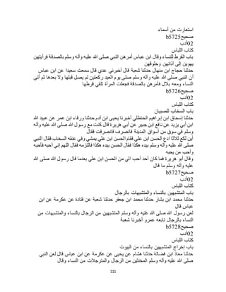 111
‫أسماء‬ ‫من‬ ‫استعارت‬
‫صحيح‬b5725
02‫أدب‬
‫اللباس‬ ‫كتاب‬
‫فرأيتهن‬ ‫بالصدقة‬ ‫وسلم‬ ‫وآله‬ ‫عليه‬ ‫هللا‬ ‫صلى‬ ‫النبي‬ ‫أمرهن‬ ‫عباس‬ ‫ابن‬ ‫وقال‬ ‫للنساء‬ ‫القرط‬ ‫باب‬
‫وحلوقهن‬ ‫آذانهن‬ ‫إلى‬ ‫يهوين‬
‫عباس‬ ‫ابن‬ ‫عن‬ ‫سعيدا‬ ‫سمعت‬ ‫قال‬ ‫عدي‬ ‫أخبرني‬ ‫قال‬ ‫شعبة‬ ‫حدثنا‬ ‫منهال‬ ‫ابن‬ ‫حجاج‬ ‫حدثنا‬
‫أ‬‫أتى‬ ‫ثم‬ ‫بعدها‬ ‫وال‬ ‫قبلها‬ ‫يصل‬ ‫لم‬ ‫ركعتين‬ ‫العيد‬ ‫يوم‬ ‫صلى‬ ‫وسلم‬ ‫وآله‬ ‫عليه‬ ‫هللا‬ ‫صلى‬ ‫النبي‬ ‫ن‬
‫قرطها‬ ‫تلقي‬ ‫المرأة‬ ‫فجعلت‬ ‫بالصدقة‬ ‫فأمرهن‬ ‫بالل‬ ‫ومعه‬ ‫النساء‬
‫صحيح‬b5726
02‫أدب‬
‫اللباس‬ ‫كتاب‬
‫للصبيان‬ ‫السخاب‬ ‫باب‬
‫ع‬ ‫ابن‬ ‫ورقاء‬ ‫حدثنا‬ ‫آدم‬ ‫ابن‬ ‫يحيى‬ ‫أخبرنا‬ ‫الحنظلي‬ ‫إبراهيم‬ ‫ابن‬ ‫إسحاق‬ ‫حدثنا‬‫هللا‬ ‫عبيد‬ ‫عن‬ ‫مر‬
‫وآله‬ ‫عليه‬ ‫هللا‬ ‫صلى‬ ‫هللا‬ ‫رسول‬ ‫مع‬ ‫كنت‬ ‫قال‬ ‫هريرة‬ ‫أبي‬ ‫عن‬ ‫جبير‬ ‫ابن‬ ‫نافع‬ ‫عن‬ ‫يزيد‬ ‫أبي‬ ‫ابن‬
‫فقال‬ ‫فانصرفت‬ ‫فانصرف‬ ‫المدينة‬ ‫أسواق‬ ‫من‬ ‫سوق‬ ‫في‬ ‫وسلم‬
‫النبي‬ ‫فقال‬ ‫السخاب‬ ‫عنقه‬ ‫وفي‬ ‫يمشي‬ ‫علي‬ ‫ابن‬ ‫الحسن‬ ‫فقام‬ ‫علي‬ ‫ابن‬ ‫الحسن‬ ‫ادع‬ ‫ثالثا‬ ‫لكع‬ ‫أين‬
‫وسلم‬ ‫وآله‬ ‫عليه‬ ‫هللا‬ ‫صلى‬‫فأحبه‬ ‫أحبه‬ ‫إني‬ ‫اللهم‬ ‫فقال‬ ‫فالتزمه‬ ‫هكذا‬ ‫بيده‬ ‫الحسن‬ ‫فقال‬ ‫هكذا‬ ‫بيده‬
‫يحبه‬ ‫من‬ ‫وأحب‬
‫هللا‬ ‫صلى‬ ‫هللا‬ ‫رسول‬ ‫قال‬ ‫بعدما‬ ‫علي‬ ‫ابن‬ ‫الحسن‬ ‫من‬ ‫الي‬ ‫أحب‬ ‫أحد‬ ‫كان‬ ‫فما‬ ‫هريرة‬ ‫أبو‬ ‫وقال‬
‫قال‬ ‫ما‬ ‫وسلم‬ ‫وآله‬ ‫عليه‬
‫صحيح‬b5727
02‫أدب‬
‫اللباس‬ ‫كتاب‬
‫بالرجال‬ ‫والمتشبهات‬ ‫بالنساء‬ ‫المتشبهين‬ ‫باب‬
‫حدثنا‬‫ابن‬ ‫عن‬ ‫عكرمة‬ ‫عن‬ ‫قتادة‬ ‫عن‬ ‫شعبة‬ ‫حدثنا‬ ‫جعفر‬ ‫ابن‬ ‫محمد‬ ‫حدثنا‬ ‫بشار‬ ‫ابن‬ ‫محمد‬
‫قال‬ ‫عباس‬
‫من‬ ‫والمتشبهات‬ ‫بالنساء‬ ‫الرجال‬ ‫من‬ ‫المتشبهين‬ ‫وسلم‬ ‫وآله‬ ‫عليه‬ ‫هللا‬ ‫صلى‬ ‫هللا‬ ‫رسول‬ ‫لعن‬
‫شعبة‬ ‫أخبرنا‬ ‫عمرو‬ ‫تابعه‬ ‫بالرجال‬ ‫النساء‬
‫صحيح‬b5728
02‫أدب‬
‫اللباس‬ ‫كتاب‬
‫بالنساء‬ ‫المتشبهين‬ ‫إخراج‬ ‫باب‬‫البيوت‬ ‫من‬
‫النبي‬ ‫لعن‬ ‫قال‬ ‫عباس‬ ‫ابن‬ ‫عن‬ ‫عكرمة‬ ‫عن‬ ‫يحيى‬ ‫عن‬ ‫هشام‬ ‫حدثنا‬ ‫فضالة‬ ‫ابن‬ ‫معاذ‬ ‫حدثنا‬
‫وقال‬ ‫النساء‬ ‫من‬ ‫والمترجالت‬ ‫الرجال‬ ‫من‬ ‫المخنثين‬ ‫وسلم‬ ‫وآله‬ ‫عليه‬ ‫هللا‬ ‫صلى‬
 