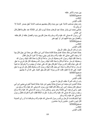 120
‫يديه‬ ‫بين‬‫خلفه‬ ‫واآلخر‬
‫صحيح‬b5805
02‫أدب‬
‫اللباس‬ ‫كتاب‬
‫إال‬ ‫الدابة‬ ‫بصدر‬ ‫أحق‬ ‫الدابة‬ ‫صاحب‬ ‫بعضهم‬ ‫وقال‬ ‫يديه‬ ‫بين‬ ‫غيره‬ ‫الدابة‬ ‫صاحب‬ ‫حمل‬ ‫باب‬
‫له‬ ‫يأذن‬ ‫أن‬
‫قال‬ ‫فقال‬ ‫عكرمة‬ ‫عند‬ ‫الثالثة‬ ‫شر‬ ‫ذكر‬ ‫أيوب‬ ‫حدثنا‬ ‫الوهاب‬ ‫عبد‬ ‫حدثنا‬ ‫بشار‬ ‫ابن‬ ‫محمد‬ ‫حدثني‬
‫عباس‬ ‫ابن‬
‫وس‬ ‫وآله‬ ‫عليه‬ ‫هللا‬ ‫صلى‬ ‫هللا‬ ‫رسول‬ ‫أتى‬‫خلفه‬ ‫قثم‬ ‫أو‬ ‫خلفه‬ ‫والفضل‬ ‫يديه‬ ‫بين‬ ‫قثم‬ ‫حمل‬ ‫وقد‬ ‫لم‬
‫خير‬ ‫أيهم‬ ‫أو‬ ‫شر‬ ‫فأيهم‬ ‫يديه‬ ‫بين‬ ‫والفضل‬
‫صحيح‬b5806
02‫أدب‬
‫اللباس‬ ‫كتاب‬
‫الرجل‬ ‫خلف‬ ‫الرجل‬ ‫إرداف‬ ‫باب‬
‫بينا‬ ‫قال‬ ‫جبل‬ ‫ابن‬ ‫معاذ‬ ‫عن‬ ‫مالك‬ ‫ابن‬ ‫أنس‬ ‫حدثنا‬ ‫قتادة‬ ‫حدثنا‬ ‫همام‬ ‫حدثنا‬ ‫خالد‬ ‫ابن‬ ‫هدبة‬ ‫حدثنا‬
‫عليه‬ ‫هللا‬ ‫صلى‬ ‫النبي‬ ‫رديف‬ ‫أنا‬‫فقال‬ ‫الرحل‬ ‫آخرة‬ ‫إال‬ ‫وبينه‬ ‫بيني‬ ‫ليس‬ ‫وسلم‬ ‫وآله‬
‫هللا‬ ‫رسول‬ ‫لبيك‬ ‫قلت‬ ‫معاذ‬ ‫يا‬ ‫قال‬ ‫ثم‬ ‫ساعة‬ ‫سار‬ ‫ثم‬ ‫وسعديك‬ ‫هللا‬ ‫رسول‬ ‫لبيك‬ ‫قلت‬ ‫معاذ‬ ‫يا‬
‫حق‬ ‫ما‬ ‫تدري‬ ‫هل‬ ‫قال‬ ‫وسعديك‬ ‫هللا‬ ‫رسول‬ ‫لبيك‬ ‫قلت‬ ‫معاذ‬ ‫يا‬ ‫قال‬ ‫ثم‬ ‫ساعة‬ ‫سار‬ ‫ثم‬ ‫وسعديك‬
‫على‬ ‫هللا‬ ‫حق‬ ‫قال‬ ‫أعلم‬ ‫ورسوله‬ ‫هللا‬ ‫قلت‬ ‫عباده‬ ‫على‬ ‫هللا‬‫شيئا‬ ‫به‬ ‫يشركوا‬ ‫وال‬ ‫يعبدوه‬ ‫أن‬ ‫عباده‬
‫حق‬ ‫ما‬ ‫تدري‬ ‫هل‬ ‫فقال‬ ‫وسعديك‬ ‫هللا‬ ‫رسول‬ ‫لبيك‬ ‫قلت‬ ‫جبل‬ ‫ابن‬ ‫معاذ‬ ‫يا‬ ‫قال‬ ‫ثم‬ ‫ساعة‬ ‫سار‬ ‫ثم‬
‫يعذبهم‬ ‫ال‬ ‫أن‬ ‫هللا‬ ‫على‬ ‫العباد‬ ‫حق‬ ‫قال‬ ‫أعلم‬ ‫ورسوله‬ ‫هللا‬ ‫قلت‬ ‫فعلوه‬ ‫إذا‬ ‫هللا‬ ‫على‬ ‫العباد‬
‫صحيح‬b5807
02‫أدب‬
‫اللباس‬ ‫كتاب‬
‫ذا‬ ‫الرجل‬ ‫خلف‬ ‫المرأة‬ ‫إرداف‬ ‫باب‬‫محرم‬
‫أبي‬ ‫ابن‬ ‫يحيى‬ ‫أخبرني‬ ‫شعبة‬ ‫حدثنا‬ ‫عباد‬ ‫ابن‬ ‫يحيى‬ ‫حدثنا‬ ‫صباح‬ ‫ابن‬ ‫محمد‬ ‫ابن‬ ‫الحسن‬ ‫حدثنا‬
‫من‬ ‫وسلم‬ ‫وآله‬ ‫عليه‬ ‫هللا‬ ‫صلى‬ ‫هللا‬ ‫رسول‬ ‫مع‬ ‫أقبلنا‬ ‫قال‬ ‫مالك‬ ‫ابن‬ ‫أنس‬ ‫سمعت‬ ‫قال‬ ‫إسحاق‬
‫وسلم‬ ‫وآله‬ ‫عليه‬ ‫هللا‬ ‫صلى‬ ‫هللا‬ ‫رسول‬ ‫نساء‬ ‫وبعض‬ ‫يسير‬ ‫وهو‬ ‫طلحة‬ ‫أبي‬ ‫لرديف‬ ‫وإني‬ ‫خيبر‬
‫هللا‬ ‫رسول‬ ‫رديف‬‫رسول‬ ‫فقال‬ ‫فنزلت‬ ‫المرأة‬ ‫فقلت‬ ‫الناقة‬ ‫عثرت‬ ‫إذ‬ ‫وسلم‬ ‫وآله‬ ‫عليه‬ ‫هللا‬ ‫صلى‬
‫وسلم‬ ‫وآله‬ ‫عليه‬ ‫هللا‬ ‫صلى‬ ‫هللا‬
‫المدينة‬ ‫رأى‬ ‫أو‬ ‫دنا‬ ‫فلما‬ ‫وسلم‬ ‫وآله‬ ‫عليه‬ ‫هللا‬ ‫صلى‬ ‫هللا‬ ‫رسول‬ ‫وركب‬ ‫الرحل‬ ‫فشددت‬ ‫أمكم‬ ‫إنها‬
‫حامدون‬ ‫لربنا‬ ‫عابدون‬ ‫تائبون‬ ‫آيبون‬ ‫قال‬
‫صحيح‬b5808
02‫أدب‬
‫اللباس‬ ‫كتاب‬
 