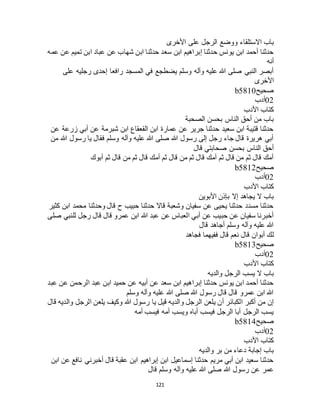 121
‫ا‬ ‫باب‬‫األخرى‬ ‫على‬ ‫الرجل‬ ‫ووضع‬ ‫الستلقاء‬
‫عمه‬ ‫عن‬ ‫تميم‬ ‫ابن‬ ‫عباد‬ ‫عن‬ ‫شهاب‬ ‫ابن‬ ‫حدثنا‬ ‫سعد‬ ‫ابن‬ ‫إبراهيم‬ ‫حدثنا‬ ‫يونس‬ ‫ابن‬ ‫أحمد‬ ‫حدثنا‬
‫أنه‬
‫على‬ ‫رجليه‬ ‫إحدى‬ ‫رافعا‬ ‫المسجد‬ ‫في‬ ‫يضطجع‬ ‫وسلم‬ ‫وآله‬ ‫عليه‬ ‫هللا‬ ‫صلى‬ ‫النبي‬ ‫أبصر‬
‫األخرى‬
‫صحيح‬b5810
02‫أدب‬
‫األدب‬ ‫كتاب‬
‫الصحبة‬ ‫بحسن‬ ‫الناس‬ ‫أحق‬ ‫من‬ ‫باب‬
‫عن‬ ‫زرعة‬ ‫أبي‬ ‫عن‬ ‫شبرمة‬ ‫ابن‬ ‫القعقاع‬ ‫ابن‬ ‫عمارة‬ ‫عن‬ ‫جرير‬ ‫حدثنا‬ ‫سعيد‬ ‫ابن‬ ‫قتيبة‬ ‫حدثنا‬
‫من‬ ‫هللا‬ ‫رسول‬ ‫يا‬ ‫فقال‬ ‫وسلم‬ ‫وآله‬ ‫عليه‬ ‫هللا‬ ‫صلى‬ ‫هللا‬ ‫رسول‬ ‫إلى‬ ‫رجل‬ ‫جاء‬ ‫قال‬ ‫هريرة‬ ‫أبي‬
‫قال‬ ‫صحابتي‬ ‫بحسن‬ ‫الناس‬ ‫أحق‬
‫أبوك‬ ‫ثم‬ ‫قال‬ ‫من‬ ‫ثم‬ ‫قال‬ ‫أمك‬ ‫ثم‬ ‫قال‬ ‫من‬ ‫ثم‬ ‫قال‬ ‫أمك‬ ‫ثم‬ ‫قال‬ ‫من‬ ‫ثم‬ ‫قال‬ ‫أمك‬
‫صح‬‫يح‬b5812
02‫أدب‬
‫األدب‬ ‫كتاب‬
‫األبوين‬ ‫بإذن‬ ‫إال‬ ‫يجاهد‬ ‫ال‬ ‫باب‬
‫كثير‬ ‫ابن‬ ‫محمد‬ ‫وحدثنا‬ ‫قال‬ ‫ح‬ ‫حبيب‬ ‫حدثنا‬ ‫قاال‬ ‫وشعبة‬ ‫سفيان‬ ‫عن‬ ‫يحيى‬ ‫حدثنا‬ ‫مسدد‬ ‫حدثنا‬
‫صلى‬ ‫للنبي‬ ‫رجل‬ ‫قال‬ ‫قال‬ ‫عمرو‬ ‫ابن‬ ‫هللا‬ ‫عبد‬ ‫عن‬ ‫العباس‬ ‫أبي‬ ‫عن‬ ‫حبيب‬ ‫عن‬ ‫سفيان‬ ‫أخبرنا‬
‫قال‬ ‫أجاهد‬ ‫وسلم‬ ‫وآله‬ ‫عليه‬ ‫هللا‬
‫قال‬ ‫أبوان‬ ‫لك‬‫فجاهد‬ ‫ففيهما‬ ‫قال‬ ‫نعم‬
‫صحيح‬b5813
02‫أدب‬
‫األدب‬ ‫كتاب‬
‫والديه‬ ‫الرجل‬ ‫يسب‬ ‫ال‬ ‫باب‬
‫عبد‬ ‫عن‬ ‫الرحمن‬ ‫عبد‬ ‫ابن‬ ‫حميد‬ ‫عن‬ ‫أبيه‬ ‫عن‬ ‫سعد‬ ‫ابن‬ ‫إبراهيم‬ ‫حدثنا‬ ‫يونس‬ ‫ابن‬ ‫أحمد‬ ‫حدثنا‬
‫وسلم‬ ‫وآله‬ ‫عليه‬ ‫هللا‬ ‫صلى‬ ‫هللا‬ ‫رسول‬ ‫قال‬ ‫قال‬ ‫عمرو‬ ‫ابن‬ ‫هللا‬
‫يا‬ ‫قيل‬ ‫والديه‬ ‫الرجل‬ ‫يلعن‬ ‫أن‬ ‫الكبائر‬ ‫أكبر‬ ‫من‬ ‫إن‬‫قال‬ ‫والديه‬ ‫الرجل‬ ‫يلعن‬ ‫وكيف‬ ‫هللا‬ ‫رسول‬
‫أمه‬ ‫فيسب‬ ‫أمه‬ ‫ويسب‬ ‫أباه‬ ‫فيسب‬ ‫الرجل‬ ‫أبا‬ ‫الرجل‬ ‫يسب‬
‫صحيح‬b5814
02‫أدب‬
‫األدب‬ ‫كتاب‬
‫والديه‬ ‫بر‬ ‫من‬ ‫دعاء‬ ‫إجابة‬ ‫باب‬
‫ابن‬ ‫عن‬ ‫نافع‬ ‫أخبرني‬ ‫قال‬ ‫عقبة‬ ‫ابن‬ ‫إبراهيم‬ ‫ابن‬ ‫إسماعيل‬ ‫حدثنا‬ ‫مريم‬ ‫أبي‬ ‫ابن‬ ‫سعيد‬ ‫حدثنا‬
‫وآ‬ ‫عليه‬ ‫هللا‬ ‫صلى‬ ‫هللا‬ ‫رسول‬ ‫عن‬ ‫عمر‬‫قال‬ ‫وسلم‬ ‫له‬
 