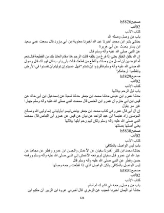 124
‫صحيح‬b5826
02‫أدب‬
‫األدب‬ ‫كتاب‬
‫هللا‬ ‫وصله‬ ‫وصل‬ ‫من‬ ‫باب‬
‫سعيد‬ ‫عمي‬ ‫سمعت‬ ‫قال‬ ‫مزرد‬ ‫أبي‬ ‫ابن‬ ‫معاوية‬ ‫أخبرنا‬ ‫هللا‬ ‫عبد‬ ‫أخبرنا‬ ‫محمد‬ ‫ابن‬ ‫بشر‬ ‫حدثني‬
‫يحد‬ ‫يسار‬ ‫ابن‬‫هريرة‬ ‫أبي‬ ‫عن‬ ‫ث‬
‫قال‬ ‫وسلم‬ ‫وآله‬ ‫عليه‬ ‫هللا‬ ‫صلى‬ ‫النبي‬ ‫عن‬
‫نعم‬ ‫قال‬ ‫القطيعة‬ ‫من‬ ‫بك‬ ‫العائذ‬ ‫مقام‬ ‫هذا‬ ‫الرحم‬ ‫قالت‬ ‫خلقه‬ ‫من‬ ‫فرغ‬ ‫إذا‬ ‫حتى‬ ‫الخلق‬ ‫خلق‬ ‫هللا‬ ‫إن‬
‫رسول‬ ‫قال‬ ‫لك‬ ‫فهو‬ ‫قال‬ ‫رب‬ ‫يا‬ ‫بلى‬ ‫قالت‬ ‫قطعك‬ ‫من‬ ‫وأقطع‬ ‫وصلك‬ ‫من‬ ‫أصل‬ ‫أن‬ ‫ترضين‬ ‫أما‬
‫ش‬ ‫إن‬ ‫فاقرؤوا‬ ‫وسلم‬ ‫وآله‬ ‫عليه‬ ‫هللا‬ ‫صلى‬ ‫هللا‬‫ئتم‬“‫األرض‬ ‫في‬ ‫تفسدوا‬ ‫أن‬ ‫توليتم‬ ‫إن‬ ‫عسيتم‬ ‫فهل‬
‫أرحامكم‬ ‫وتقطعوا‬”
‫صحيح‬b5829
02‫أدب‬
‫األدب‬ ‫كتاب‬
‫بباللها‬ ‫الرحم‬ ‫تبل‬ ‫باب‬
‫عن‬ ‫خالد‬ ‫أبي‬ ‫ابن‬ ‫إسماعيل‬ ‫عن‬ ‫شعبة‬ ‫حدثنا‬ ‫جعفر‬ ‫ابن‬ ‫محمد‬ ‫حدثنا‬ ‫عباس‬ ‫ابن‬ ‫عمرو‬ ‫حدثنا‬
‫وآله‬ ‫عليه‬ ‫هللا‬ ‫صلى‬ ‫النبي‬ ‫سمعت‬ ‫قال‬ ‫العاص‬ ‫ابن‬ ‫عمرو‬ ‫أن‬ ‫حازم‬ ‫أبي‬ ‫ابن‬ ‫قيس‬‫جهارا‬ ‫وسلم‬
‫يقول‬ ‫سر‬ ‫غير‬
‫وصالح‬ ‫هللا‬ ‫وليي‬ ‫إنما‬ ‫بأوليائي‬ ‫ليسوا‬ ‫بياض‬ ‫جعفر‬ ‫ابن‬ ‫محمد‬ ‫كتاب‬ ‫في‬ ‫عمرو‬ ‫قال‬ ‫أبي‬ ‫آل‬ ‫إن‬
‫سمعت‬ ‫قال‬ ‫العاص‬ ‫ابن‬ ‫عمرو‬ ‫عن‬ ‫قيس‬ ‫عن‬ ‫بيان‬ ‫عن‬ ‫الواحد‬ ‫عبد‬ ‫ابن‬ ‫عنبسة‬ ‫زاد‬ ‫المؤمنين‬
‫بباللها‬ ‫أبلها‬ ‫رحم‬ ‫لهم‬ ‫ولكن‬ ‫وسلم‬ ‫وآله‬ ‫عليه‬ ‫هللا‬ ‫صلى‬ ‫النبي‬
‫بصلته‬ ‫أصلها‬ ‫يعني‬‫ا‬
‫صحيح‬b5830
02‫أدب‬
‫األدب‬ ‫كتاب‬
‫بالمكافئ‬ ‫الواصل‬ ‫ليس‬ ‫باب‬
‫عن‬ ‫مجاهد‬ ‫عن‬ ‫وفطر‬ ‫عمرو‬ ‫ابن‬ ‫والحسن‬ ‫األعمش‬ ‫عن‬ ‫سفيان‬ ‫أخبرنا‬ ‫كثير‬ ‫ابن‬ ‫محمد‬ ‫حدثنا‬
‫ورفعه‬ ‫وسلم‬ ‫وآله‬ ‫عليه‬ ‫هللا‬ ‫صلى‬ ‫النبي‬ ‫إلى‬ ‫األعمش‬ ‫يرفعه‬ ‫لم‬ ‫سفيان‬ ‫قال‬ ‫عمرو‬ ‫ابن‬ ‫هللا‬ ‫عبد‬
‫وسلم‬ ‫وآله‬ ‫عليه‬ ‫هللا‬ ‫صلى‬ ‫النبي‬ ‫عن‬ ‫وفطر‬ ‫حسن‬‫قال‬
‫وصلها‬ ‫رحمه‬ ‫قطعت‬ ‫إذا‬ ‫الذي‬ ‫الواصل‬ ‫ولكن‬ ‫بالمكافئ‬ ‫الواصل‬ ‫ليس‬
‫صحيح‬b5831
02‫أدب‬
‫األدب‬ ‫كتاب‬
‫أسلم‬ ‫ثم‬ ‫الشرك‬ ‫في‬ ‫رحمه‬ ‫وصل‬ ‫من‬ ‫باب‬
‫ابن‬ ‫حكيم‬ ‫أن‬ ‫الزبير‬ ‫ابن‬ ‫عروة‬ ‫أخبرني‬ ‫قال‬ ‫الزهري‬ ‫عن‬ ‫شعيب‬ ‫أخبرنا‬ ‫اليمان‬ ‫أبو‬ ‫حدثنا‬
 