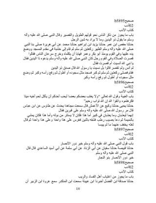 131
‫صحيح‬b5895
02‫أدب‬
‫األدب‬ ‫كتاب‬
‫يجوز‬ ‫ما‬ ‫باب‬‫وآله‬ ‫عليه‬ ‫هللا‬ ‫صلى‬ ‫النبي‬ ‫وقال‬ ‫والقصير‬ ‫الطويل‬ ‫قولهم‬ ‫نحو‬ ‫الناس‬ ‫ذكر‬ ‫من‬
‫الرجل‬ ‫شين‬ ‫به‬ ‫يراد‬ ‫ال‬ ‫وما‬ ‫اليدين‬ ‫ذو‬ ‫يقول‬ ‫ما‬ ‫وسلم‬
‫النبي‬ ‫بنا‬ ‫صلى‬ ‫هريرة‬ ‫أبي‬ ‫عن‬ ‫محمد‬ ‫حدثنا‬ ‫إبراهيم‬ ‫ابن‬ ‫يزيد‬ ‫حدثنا‬ ‫عمر‬ ‫ابن‬ ‫حفص‬ ‫حدثنا‬
‫ف‬ ‫خشبة‬ ‫إلى‬ ‫قام‬ ‫ثم‬ ‫سلم‬ ‫ثم‬ ‫ركعتين‬ ‫الظهر‬ ‫وسلم‬ ‫وآله‬ ‫عليه‬ ‫هللا‬ ‫صلى‬‫ووضع‬ ‫المسجد‬ ‫مقدم‬ ‫ي‬
‫فقالوا‬ ‫الناس‬ ‫سرعان‬ ‫وخرج‬ ‫يكلماه‬ ‫أن‬ ‫فهابا‬ ‫وعمر‬ ‫بكر‬ ‫أبو‬ ‫يومئذ‬ ‫القوم‬ ‫وفي‬ ‫عليها‬ ‫يده‬
‫فقال‬ ‫اليدين‬ ‫ذا‬ ‫يدعوه‬ ‫وسلم‬ ‫وآله‬ ‫عليه‬ ‫هللا‬ ‫صلى‬ ‫النبي‬ ‫كان‬ ‫رجل‬ ‫القوم‬ ‫وفي‬ ‫الصالة‬ ‫قصرت‬
‫فقال‬ ‫قصرت‬ ‫أم‬ ‫أنسيت‬ ‫هللا‬ ‫نبي‬ ‫يا‬
‫قا‬ ‫هللا‬ ‫رسول‬ ‫يا‬ ‫نسيت‬ ‫بل‬ ‫قالوا‬ ‫تقصر‬ ‫ولم‬ ‫أنس‬ ‫لم‬‫اليدين‬ ‫ذو‬ ‫صدق‬ ‫ل‬
‫وضع‬ ‫ثم‬ ‫وكبر‬ ‫رأسه‬ ‫رفع‬ ‫ثم‬ ‫أطول‬ ‫أو‬ ‫سجوده‬ ‫مثل‬ ‫فسجد‬ ‫كبر‬ ‫ثم‬ ‫سلم‬ ‫ثم‬ ‫ركعتين‬ ‫فصلى‬ ‫فقام‬
‫وكبر‬ ‫رأسه‬ ‫رفع‬ ‫ثم‬ ‫أطول‬ ‫أو‬ ‫سجوده‬ ‫مثل‬
‫صحيح‬b5896
02‫أدب‬
‫األدب‬ ‫كتاب‬
‫تعالى‬ ‫هللا‬ ‫وقول‬ ‫الغيبة‬ ‫باب‬“‫ميتا‬ ‫أخيه‬ ‫لحم‬ ‫يأكل‬ ‫أن‬ ‫أحدكم‬ ‫أيحب‬ ‫بعضا‬ ‫بعضكم‬ ‫يغتب‬ ‫وال‬
‫هللا‬ ‫واتقوا‬ ‫فكرهتموه‬‫رحيم‬ ‫تواب‬ ‫هللا‬ ‫إن‬”
‫عباس‬ ‫ابن‬ ‫عن‬ ‫طاوس‬ ‫عن‬ ‫يحدث‬ ‫مجاهدا‬ ‫سمعت‬ ‫قال‬ ‫األعمش‬ ‫عن‬ ‫وكيع‬ ‫حدثنا‬ ‫يحيى‬ ‫حدثنا‬
‫فقال‬ ‫قبرين‬ ‫على‬ ‫وسلم‬ ‫وآله‬ ‫عليه‬ ‫هللا‬ ‫صلى‬ ‫هللا‬ ‫رسول‬ ‫مر‬ ‫قال‬
‫يمشي‬ ‫فكان‬ ‫هذا‬ ‫وأما‬ ‫بوله‬ ‫من‬ ‫يستتر‬ ‫ال‬ ‫فكان‬ ‫هذا‬ ‫أما‬ ‫كبير‬ ‫في‬ ‫يعذبان‬ ‫وما‬ ‫ليعذبان‬ ‫إنهما‬
‫ر‬ ‫بعسيب‬ ‫دعا‬ ‫ثم‬ ‫بالنميمة‬‫قال‬ ‫ثم‬ ‫واحدا‬ ‫هذا‬ ‫وعلى‬ ‫واحدا‬ ‫هذا‬ ‫على‬ ‫فغرس‬ ‫باثنين‬ ‫فشقه‬ ‫طب‬
‫ييبسا‬ ‫لم‬ ‫ما‬ ‫عنهما‬ ‫يخفف‬ ‫لعله‬
‫صحيح‬b5897
02‫أدب‬
‫األدب‬ ‫كتاب‬
‫األنصار‬ ‫دور‬ ‫خير‬ ‫وسلم‬ ‫وآله‬ ‫عليه‬ ‫هللا‬ ‫صلى‬ ‫النبي‬ ‫قول‬ ‫باب‬
‫قال‬ ‫قال‬ ‫الساعدي‬ ‫أسيد‬ ‫أبي‬ ‫عن‬ ‫سلمة‬ ‫أبي‬ ‫عن‬ ‫الزناد‬ ‫أبي‬ ‫عن‬ ‫سفيان‬ ‫حدثنا‬ ‫قبيصة‬ ‫حدثنا‬
‫هللا‬ ‫صلى‬ ‫النبي‬‫وسلم‬ ‫وآله‬ ‫عليه‬
‫النجار‬ ‫بنو‬ ‫األنصار‬ ‫دور‬ ‫خير‬
‫صحيح‬b5898
02‫أدب‬
‫األدب‬ ‫كتاب‬
‫والريب‬ ‫الفساد‬ ‫أهل‬ ‫اغتياب‬ ‫من‬ ‫يجوز‬ ‫ما‬ ‫باب‬
‫أن‬ ‫الزبير‬ ‫ابن‬ ‫عروة‬ ‫سمع‬ ‫المنكدر‬ ‫ابن‬ ‫سمعت‬ ‫عيينة‬ ‫ابن‬ ‫أخبرنا‬ ‫الفضل‬ ‫ابن‬ ‫صدقة‬ ‫حدثنا‬
 