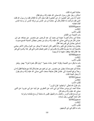 132
‫قالت‬ ‫أخبرته‬ ‫عائشة‬
‫وآله‬ ‫عليه‬ ‫هللا‬ ‫صلى‬ ‫هللا‬ ‫رسول‬ ‫على‬ ‫رجل‬ ‫استأذن‬‫فقال‬ ‫وسلم‬
‫قلت‬ ‫هللا‬ ‫رسول‬ ‫يا‬ ‫قلت‬ ‫الكالم‬ ‫له‬ ‫أالن‬ ‫دخل‬ ‫فلما‬ ‫العشيرة‬ ‫ابن‬ ‫أو‬ ‫العشيرة‬ ‫أخو‬ ‫بئس‬ ‫له‬ ‫ائذنوا‬
‫الناس‬ ‫ودعه‬ ‫أو‬ ‫الناس‬ ‫تركه‬ ‫من‬ ‫الناس‬ ‫شر‬ ‫إن‬ ‫عائشة‬ ‫أي‬ ‫قال‬ ‫الكالم‬ ‫له‬ ‫ألنت‬ ‫ثم‬ ‫قلت‬ ‫الذي‬
‫فحشه‬ ‫اتقاء‬
‫صحيح‬b5899
02‫أدب‬
‫األدب‬ ‫كتاب‬
‫الكبائر‬ ‫من‬ ‫النميمة‬ ‫باب‬
‫أخب‬ ‫سالم‬ ‫ابن‬ ‫حدثنا‬‫ابن‬ ‫عن‬ ‫مجاهد‬ ‫عن‬ ‫منصور‬ ‫عن‬ ‫الرحمن‬ ‫عبد‬ ‫أبو‬ ‫حميد‬ ‫ابن‬ ‫عبيدة‬ ‫رنا‬
‫صوت‬ ‫فسمع‬ ‫المدينة‬ ‫حيطان‬ ‫بعض‬ ‫من‬ ‫وسلم‬ ‫وآله‬ ‫عليه‬ ‫هللا‬ ‫صلى‬ ‫النبي‬ ‫خرج‬ ‫قال‬ ‫عباس‬
‫فقال‬ ‫قبورهما‬ ‫في‬ ‫يعذبان‬ ‫إنسانين‬
‫يمشي‬ ‫اآلخر‬ ‫وكان‬ ‫البول‬ ‫من‬ ‫يستتر‬ ‫ال‬ ‫أحدهما‬ ‫كان‬ ‫لكبير‬ ‫وإنه‬ ‫كبير‬ ‫في‬ ‫يعذبان‬ ‫وما‬ ‫يعذبان‬
‫ث‬ ‫بالنميمة‬‫قبر‬ ‫في‬ ‫وكسرة‬ ‫هذا‬ ‫قبر‬ ‫في‬ ‫كسرة‬ ‫فجعل‬ ‫ثنتين‬ ‫أو‬ ‫بكسرتين‬ ‫فكسرها‬ ‫بجريدة‬ ‫دعا‬ ‫م‬
‫ييبسا‬ ‫لم‬ ‫ما‬ ‫عنهما‬ ‫يخفف‬ ‫لعله‬ ‫فقال‬ ‫هذا‬
‫صحيح‬b5900
02‫أدب‬
‫األدب‬ ‫كتاب‬
‫وقوله‬ ‫النميمة‬ ‫من‬ ‫يكره‬ ‫ما‬ ‫باب‬“‫بنميم‬ ‫مشاء‬ ‫هماز‬“ ”‫لمزة‬ ‫همزة‬ ‫لكل‬ ‫ويل‬”‫ويلمز‬ ‫يهمز‬
‫يعيب‬
‫عن‬ ‫منصور‬ ‫عن‬ ‫سفيان‬ ‫حدثنا‬ ‫نعيم‬ ‫أبو‬ ‫حدثنا‬‫إن‬ ‫له‬ ‫فقيل‬ ‫حذيفة‬ ‫مع‬ ‫كنا‬ ‫قال‬ ‫همام‬ ‫عن‬ ‫إبراهيم‬
‫يقول‬ ‫وسلم‬ ‫وآله‬ ‫عليه‬ ‫هللا‬ ‫صلى‬ ‫النبي‬ ‫سمعت‬ ‫حذيفة‬ ‫فقال‬ ‫عثمان‬ ‫إلى‬ ‫الحديث‬ ‫يرفع‬ ‫رجال‬
‫قتات‬ ‫الجنة‬ ‫يدخل‬ ‫ال‬
‫صحيح‬b5901
02‫أدب‬
‫األدب‬ ‫كتاب‬
‫تعالى‬ ‫هللا‬ ‫قول‬ ‫باب‬“‫الزور‬ ‫قول‬ ‫واجتنبوا‬”
‫المقب‬ ‫عن‬ ‫ذئب‬ ‫أبي‬ ‫ابن‬ ‫حدثنا‬ ‫يونس‬ ‫ابن‬ ‫أحمد‬ ‫حدثنا‬‫النبي‬ ‫عن‬ ‫هريرة‬ ‫أبي‬ ‫عن‬ ‫أبيه‬ ‫عن‬ ‫ري‬
‫قال‬ ‫وسلم‬ ‫وآله‬ ‫عليه‬ ‫هللا‬ ‫صلى‬
‫وشرابه‬ ‫طعامه‬ ‫يدع‬ ‫أن‬ ‫حاجة‬ ‫هلل‬ ‫فليس‬ ‫والجهل‬ ‫به‬ ‫والعمل‬ ‫الزور‬ ‫قول‬ ‫يدع‬ ‫لم‬ ‫من‬
‫إسناده‬ ‫رجل‬ ‫أفهمني‬ ‫أحمد‬ ‫قال‬
‫صحيح‬b5902
02‫أدب‬
‫األدب‬ ‫كتاب‬
‫الوجهين‬ ‫ذي‬ ‫في‬ ‫قيل‬ ‫ما‬ ‫باب‬
 