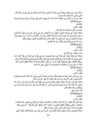 133
‫األعمش‬ ‫حدثنا‬ ‫أبي‬ ‫حدثنا‬ ‫حفص‬ ‫ابن‬ ‫عمر‬ ‫حدثنا‬‫قال‬ ‫قال‬ ‫هريرة‬ ‫أبي‬ ‫عن‬ ‫صالح‬ ‫أبو‬ ‫حدثنا‬
‫وسلم‬ ‫وآله‬ ‫عليه‬ ‫هللا‬ ‫صلى‬ ‫النبي‬
‫بوجه‬ ‫وهؤالء‬ ‫بوجه‬ ‫هؤالء‬ ‫يأتي‬ ‫الذي‬ ‫الوجهين‬ ‫ذا‬ ‫هللا‬ ‫عند‬ ‫القيامة‬ ‫يوم‬ ‫الناس‬ ‫شرار‬ ‫من‬ ‫تجد‬
‫صحيح‬b5903
02‫أدب‬
‫األدب‬ ‫كتاب‬
‫فيه‬ ‫يقال‬ ‫بما‬ ‫صاحبه‬ ‫أخبر‬ ‫من‬ ‫باب‬
‫عن‬ ‫األعمش‬ ‫عن‬ ‫سفيان‬ ‫أخبرنا‬ ‫يوسف‬ ‫ابن‬ ‫محمد‬ ‫حدثنا‬‫قسم‬ ‫قال‬ ‫مسعود‬ ‫ابن‬ ‫عن‬ ‫وائل‬ ‫أبي‬
‫بهذا‬ ‫محمد‬ ‫أراد‬ ‫ما‬ ‫وهللا‬ ‫األنصار‬ ‫من‬ ‫رجل‬ ‫فقال‬ ‫قسمة‬ ‫وسلم‬ ‫وآله‬ ‫عليه‬ ‫هللا‬ ‫صلى‬ ‫هللا‬ ‫رسول‬
‫وقال‬ ‫وجهه‬ ‫فتمعر‬ ‫فأخبرته‬ ‫وسلم‬ ‫وآله‬ ‫عليه‬ ‫هللا‬ ‫صلى‬ ‫هللا‬ ‫رسول‬ ‫فأتيت‬ ‫هللا‬ ‫وجه‬
‫فصبر‬ ‫هذا‬ ‫من‬ ‫بأكثر‬ ‫أوذي‬ ‫لقد‬ ‫موسى‬ ‫هللا‬ ‫رحم‬
‫صحيح‬b5905
02‫أدب‬
‫األدب‬ ‫كتاب‬
‫ب‬‫التمادح‬ ‫من‬ ‫يكره‬ ‫ما‬ ‫اب‬
‫عند‬ ‫ذكر‬ ‫رجال‬ ‫أن‬ ‫أبيه‬ ‫عن‬ ‫بكرة‬ ‫أبي‬ ‫ابن‬ ‫الرحمن‬ ‫عبد‬ ‫عن‬ ‫خالد‬ ‫عن‬ ‫شعبة‬ ‫حدثنا‬ ‫آدم‬ ‫حدثنا‬
‫وسلم‬ ‫وآله‬ ‫عليه‬ ‫هللا‬ ‫صلى‬ ‫النبي‬ ‫فقال‬ ‫خيرا‬ ‫رجل‬ ‫عليه‬ ‫فأثنى‬ ‫وسلم‬ ‫وآله‬ ‫عليه‬ ‫هللا‬ ‫صلى‬ ‫النبي‬
‫أح‬ ‫فليقل‬ ‫محالة‬ ‫ال‬ ‫مادحا‬ ‫أحدكم‬ ‫كان‬ ‫إن‬ ‫مرارا‬ ‫يقوله‬ ‫صاحبك‬ ‫عنق‬ ‫قطعت‬ ‫ويحك‬‫كذا‬ ‫سب‬
‫أحدا‬ ‫هللا‬ ‫على‬ ‫يزكي‬ ‫وال‬ ‫حسيبه‬ ‫وهللا‬ ‫كذلك‬ ‫أنه‬ ‫يرى‬ ‫كان‬ ‫إن‬ ‫وكذا‬
‫صحيح‬b5907
02‫أدب‬
‫األدب‬ ‫كتاب‬
‫يقول‬ ‫وسلم‬ ‫وآله‬ ‫عليه‬ ‫هللا‬ ‫صلى‬ ‫النبي‬ ‫سمعت‬ ‫ما‬ ‫سعد‬ ‫وقال‬ ‫يعلم‬ ‫بما‬ ‫أخيه‬ ‫على‬ ‫أثنى‬ ‫من‬ ‫باب‬
‫سالم‬ ‫ابن‬ ‫هللا‬ ‫لعبد‬ ‫إال‬ ‫الجنة‬ ‫أهل‬ ‫من‬ ‫إنه‬ ‫األرض‬ ‫على‬ ‫يمشي‬ ‫ألحد‬
‫هللا‬ ‫عبد‬ ‫ابن‬ ‫علي‬ ‫حدثنا‬‫هللا‬ ‫رسول‬ ‫أن‬ ‫أبيه‬ ‫عن‬ ‫سالم‬ ‫عن‬ ‫عقبة‬ ‫ابن‬ ‫موسى‬ ‫حدثنا‬ ‫سفيان‬ ‫حدثنا‬
‫إزاري‬ ‫إن‬ ‫هللا‬ ‫رسول‬ ‫يا‬ ‫بكر‬ ‫أبو‬ ‫قال‬ ‫ذكر‬ ‫ما‬ ‫اإلزار‬ ‫في‬ ‫ذكر‬ ‫حين‬ ‫وسلم‬ ‫وآله‬ ‫عليه‬ ‫هللا‬ ‫صلى‬
‫قال‬ ‫شقيه‬ ‫أحد‬ ‫من‬ ‫يسقط‬
‫منهم‬ ‫لست‬ ‫إنك‬
‫صحيح‬b5908
02‫أدب‬
‫األدب‬ ‫كتاب‬
‫تعالى‬ ‫هللا‬ ‫قول‬ ‫باب‬“‫واإلحس‬ ‫بالعدل‬ ‫يأمر‬ ‫هللا‬ ‫إن‬‫الفحشاء‬ ‫عن‬ ‫وينهى‬ ‫القربى‬ ‫ذي‬ ‫وإيتاء‬ ‫ان‬
‫تذكرون‬ ‫لعلكم‬ ‫يعظكم‬ ‫والبغي‬ ‫والمنكر‬”‫وقوله‬“‫أنفسكم‬ ‫على‬ ‫بغيكم‬ ‫إنما‬“ ”‫عليه‬ ‫بغي‬ ‫ثم‬
‫هللا‬ ‫لينصرنه‬”‫كافر‬ ‫أو‬ ‫مسلم‬ ‫على‬ ‫الشر‬ ‫إثارة‬ ‫وترك‬
‫النبي‬ ‫مكث‬ ‫قالت‬ ‫عائشة‬ ‫عن‬ ‫أبيه‬ ‫عن‬ ‫عروة‬ ‫ابن‬ ‫هشام‬ ‫حدثنا‬ ‫سفيان‬ ‫حدثنا‬ ‫الحميدي‬ ‫حدثنا‬
 