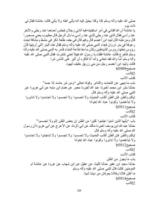 134
‫وآ‬ ‫عليه‬ ‫هللا‬ ‫صلى‬‫لي‬ ‫فقال‬ ‫عائشة‬ ‫قالت‬ ‫يأتي‬ ‫وال‬ ‫أهله‬ ‫يأتي‬ ‫أنه‬ ‫إليه‬ ‫يخيل‬ ‫وكذا‬ ‫كذا‬ ‫وسلم‬ ‫له‬
‫يوم‬ ‫ذات‬
‫واآلخر‬ ‫رجلي‬ ‫عند‬ ‫أحدهما‬ ‫فجلس‬ ‫رجالن‬ ‫أتاني‬ ‫فيه‬ ‫استفتيته‬ ‫أمر‬ ‫في‬ ‫أفتاني‬ ‫هللا‬ ‫أن‬ ‫عائشة‬ ‫يا‬
‫مسحورا‬ ‫يعني‬ ‫مطبوب‬ ‫قال‬ ‫الرجل‬ ‫بال‬ ‫ما‬ ‫رأسي‬ ‫عند‬ ‫للذي‬ ‫رجلي‬ ‫عند‬ ‫الذي‬ ‫فقال‬ ‫رأسي‬ ‫عند‬
‫ل‬ ‫قال‬ ‫طبه‬ ‫ومن‬ ‫قال‬‫تحت‬ ‫ومشاقة‬ ‫مشط‬ ‫في‬ ‫ذكر‬ ‫طلعة‬ ‫جف‬ ‫في‬ ‫قال‬ ‫وفيم‬ ‫قال‬ ‫أعصم‬ ‫ابن‬ ‫بيد‬
‫كأن‬ ‫أريتها‬ ‫التي‬ ‫البئر‬ ‫هذه‬ ‫فقال‬ ‫وسلم‬ ‫وآله‬ ‫عليه‬ ‫هللا‬ ‫صلى‬ ‫النبي‬ ‫فجاء‬ ‫ذروان‬ ‫بئر‬ ‫في‬ ‫رعوفة‬
‫وآله‬ ‫عليه‬ ‫هللا‬ ‫صلى‬ ‫النبي‬ ‫به‬ ‫فأمر‬ ‫الحناء‬ ‫نقاعة‬ ‫ماءها‬ ‫وكأن‬ ‫الشياطين‬ ‫رؤوس‬ ‫نخلها‬ ‫رؤوس‬
‫يا‬ ‫فقلت‬ ‫عائشة‬ ‫قالت‬ ‫فأخرج‬ ‫وسلم‬‫عليه‬ ‫هللا‬ ‫صلى‬ ‫النبي‬ ‫فقال‬ ‫تنشرت‬ ‫تعني‬ ‫فهال‬ ‫هللا‬ ‫رسول‬
‫شرا‬ ‫الناس‬ ‫على‬ ‫أثير‬ ‫أن‬ ‫فأكره‬ ‫أنا‬ ‫وأما‬ ‫شفاني‬ ‫فقد‬ ‫وهللا‬ ‫أما‬ ‫وسلم‬ ‫وآله‬
‫ليهود‬ ‫حليف‬ ‫زريق‬ ‫بني‬ ‫من‬ ‫رجل‬ ‫أعصم‬ ‫ابن‬ ‫ولبيد‬ ‫قالت‬
‫صحيح‬b5909
02‫أدب‬
‫األدب‬ ‫كتاب‬
‫تعالى‬ ‫وقوله‬ ‫والتدابر‬ ‫التحاسد‬ ‫عن‬ ‫ينهى‬ ‫ما‬ ‫باب‬“‫إذا‬ ‫حاسد‬ ‫شر‬ ‫ومن‬‫حسد‬”
‫عن‬ ‫هريرة‬ ‫أبي‬ ‫عن‬ ‫منبه‬ ‫ابن‬ ‫همام‬ ‫عن‬ ‫معمر‬ ‫أخبرنا‬ ‫هللا‬ ‫عبد‬ ‫أخبرنا‬ ‫محمد‬ ‫ابن‬ ‫بشر‬ ‫حدثنا‬
‫قال‬ ‫وسلم‬ ‫وآله‬ ‫عليه‬ ‫هللا‬ ‫صلى‬ ‫النبي‬
‫تدابروا‬ ‫وال‬ ‫تحاسدوا‬ ‫وال‬ ‫تجسسوا‬ ‫وال‬ ‫تحسسوا‬ ‫وال‬ ‫الحديث‬ ‫أكذب‬ ‫الظن‬ ‫فإن‬ ‫والظن‬ ‫إياكم‬
‫إخوانا‬ ‫هللا‬ ‫عباد‬ ‫وكونوا‬ ‫تباغضوا‬ ‫وال‬
‫صحيح‬b5911
02‫أدب‬
‫كتاب‬‫األدب‬
‫باب‬“‫تجسسوا‬ ‫وال‬ ‫إثم‬ ‫الظن‬ ‫بعض‬ ‫إن‬ ‫الظن‬ ‫من‬ ‫كثيرا‬ ‫اجتنبوا‬ ‫آمنوا‬ ‫الذين‬ ‫يأيها‬”
‫رسول‬ ‫أن‬ ‫هريرة‬ ‫أبي‬ ‫عن‬ ‫األعرج‬ ‫عن‬ ‫الزناد‬ ‫أبي‬ ‫عن‬ ‫مالك‬ ‫أخبرنا‬ ‫يوسف‬ ‫ابن‬ ‫هللا‬ ‫عبد‬ ‫حدثنا‬
‫قال‬ ‫وسلم‬ ‫وآله‬ ‫عليه‬ ‫هللا‬ ‫صلى‬ ‫هللا‬
‫تنا‬ ‫وال‬ ‫تجسسوا‬ ‫وال‬ ‫تحسسوا‬ ‫وال‬ ‫الحديث‬ ‫أكذب‬ ‫الظن‬ ‫فإن‬ ‫والظن‬ ‫إياكم‬‫تحاسدوا‬ ‫وال‬ ‫جشوا‬
‫إخوانا‬ ‫هللا‬ ‫عباد‬ ‫وكونوا‬ ‫تدابروا‬ ‫وال‬ ‫تباغضوا‬ ‫وال‬
‫صحيح‬b5912
02‫أدب‬
‫األدب‬ ‫كتاب‬
‫الظن‬ ‫من‬ ‫يجوز‬ ‫ما‬ ‫باب‬
‫أم‬ ‫عائشة‬ ‫عن‬ ‫عروة‬ ‫عن‬ ‫شهاب‬ ‫ابن‬ ‫عن‬ ‫عقيل‬ ‫عن‬ ‫الليث‬ ‫حدثنا‬ ‫عفير‬ ‫ابن‬ ‫سعيد‬ ‫حدثنا‬
‫وسلم‬ ‫وآله‬ ‫عليه‬ ‫هللا‬ ‫صلى‬ ‫النبي‬ ‫قال‬ ‫قالت‬ ‫المؤمنين‬
‫وفالنا‬ ‫فالنا‬ ‫أظن‬ ‫ما‬‫شيئا‬ ‫ديننا‬ ‫من‬ ‫يعرفان‬
‫صحيح‬b5914
02‫أدب‬
 