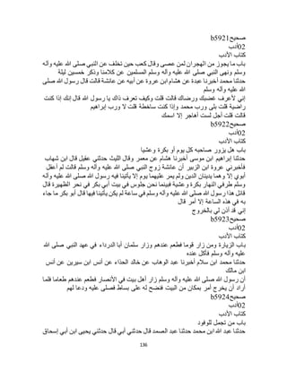 136
‫صحيح‬b5921
02‫أدب‬
‫األدب‬ ‫كتاب‬
‫وآله‬ ‫عليه‬ ‫هللا‬ ‫صلى‬ ‫النبي‬ ‫عن‬ ‫تخلف‬ ‫حين‬ ‫كعب‬ ‫وقال‬ ‫عصى‬ ‫لمن‬ ‫الهجران‬ ‫من‬ ‫يجوز‬ ‫ما‬ ‫باب‬
‫ليلة‬ ‫خمسين‬ ‫وذكر‬ ‫كالمنا‬ ‫عن‬ ‫المسلمين‬ ‫وسلم‬ ‫وآله‬ ‫عليه‬ ‫هللا‬ ‫صلى‬ ‫النبي‬ ‫ونهى‬ ‫وسلم‬
‫ق‬ ‫عائشة‬ ‫عن‬ ‫أبيه‬ ‫عن‬ ‫عروة‬ ‫ابن‬ ‫هشام‬ ‫عن‬ ‫عبدة‬ ‫أخبرنا‬ ‫محمد‬ ‫حدثنا‬‫صلى‬ ‫هللا‬ ‫رسول‬ ‫قال‬ ‫الت‬
‫وسلم‬ ‫وآله‬ ‫عليه‬ ‫هللا‬
‫كنت‬ ‫إذا‬ ‫إنك‬ ‫قال‬ ‫هللا‬ ‫رسول‬ ‫يا‬ ‫ذاك‬ ‫تعرف‬ ‫وكيف‬ ‫قلت‬ ‫قالت‬ ‫ورضاك‬ ‫غضبك‬ ‫ألعرف‬ ‫إني‬
‫إبراهيم‬ ‫ورب‬ ‫ال‬ ‫قلت‬ ‫ساخطة‬ ‫كنت‬ ‫وإذا‬ ‫محمد‬ ‫ورب‬ ‫بلى‬ ‫قلت‬ ‫راضية‬
‫اسمك‬ ‫إال‬ ‫أهاجر‬ ‫لست‬ ‫أجل‬ ‫قلت‬ ‫قالت‬
‫صحيح‬b5922
02‫أدب‬
‫األدب‬ ‫كتاب‬
‫ي‬ ‫كل‬ ‫صاحبه‬ ‫يزور‬ ‫هل‬ ‫باب‬‫وعشيا‬ ‫بكرة‬ ‫أو‬ ‫وم‬
‫شهاب‬ ‫ابن‬ ‫قال‬ ‫عقيل‬ ‫حدثني‬ ‫الليث‬ ‫وقال‬ ‫معمر‬ ‫عن‬ ‫هشام‬ ‫أخبرنا‬ ‫موسى‬ ‫ابن‬ ‫إبراهيم‬ ‫حدثنا‬
‫أعقل‬ ‫لم‬ ‫قالت‬ ‫وسلم‬ ‫وآله‬ ‫عليه‬ ‫هللا‬ ‫صلى‬ ‫النبي‬ ‫زوج‬ ‫عائشة‬ ‫أن‬ ‫الزبير‬ ‫ابن‬ ‫عروة‬ ‫فأخبرني‬
‫ع‬ ‫هللا‬ ‫صلى‬ ‫هللا‬ ‫رسول‬ ‫فيه‬ ‫يأتينا‬ ‫إال‬ ‫يوم‬ ‫عليهما‬ ‫يمر‬ ‫ولم‬ ‫الدين‬ ‫يدينان‬ ‫وهما‬ ‫إال‬ ‫أبوي‬‫وآله‬ ‫ليه‬
‫قال‬ ‫الظهيرة‬ ‫نحر‬ ‫في‬ ‫بكر‬ ‫أبي‬ ‫بيت‬ ‫في‬ ‫جلوس‬ ‫نحن‬ ‫فبينما‬ ‫وعشية‬ ‫بكرة‬ ‫النهار‬ ‫طرفي‬ ‫وسلم‬
‫جاء‬ ‫ما‬ ‫بكر‬ ‫أبو‬ ‫قال‬ ‫فيها‬ ‫يأتينا‬ ‫يكن‬ ‫لم‬ ‫ساعة‬ ‫في‬ ‫وسلم‬ ‫وآله‬ ‫عليه‬ ‫هللا‬ ‫صلى‬ ‫هللا‬ ‫رسول‬ ‫هذا‬ ‫قائل‬
‫قال‬ ‫أمر‬ ‫إال‬ ‫الساعة‬ ‫هذه‬ ‫في‬ ‫به‬
‫بالخروج‬ ‫لي‬ ‫أذن‬ ‫قد‬ ‫إني‬
‫صحيح‬b5923
02‫أدب‬
‫األدب‬ ‫كتاب‬
‫ب‬‫هللا‬ ‫صلى‬ ‫النبي‬ ‫عهد‬ ‫في‬ ‫الدرداء‬ ‫أبا‬ ‫سلمان‬ ‫وزار‬ ‫عندهم‬ ‫فطعم‬ ‫قوما‬ ‫زار‬ ‫ومن‬ ‫الزيارة‬ ‫اب‬
‫عنده‬ ‫فأكل‬ ‫وسلم‬ ‫وآله‬ ‫عليه‬
‫أنس‬ ‫عن‬ ‫سيرين‬ ‫ابن‬ ‫أنس‬ ‫عن‬ ‫الحذاء‬ ‫خالد‬ ‫عن‬ ‫الوهاب‬ ‫عبد‬ ‫أخبرنا‬ ‫سالم‬ ‫ابن‬ ‫محمد‬ ‫حدثنا‬
‫مالك‬ ‫ابن‬
‫فطعم‬ ‫األنصار‬ ‫في‬ ‫بيت‬ ‫أهل‬ ‫زار‬ ‫وسلم‬ ‫وآله‬ ‫عليه‬ ‫هللا‬ ‫صلى‬ ‫هللا‬ ‫رسول‬ ‫أن‬‫فلما‬ ‫طعاما‬ ‫عندهم‬
‫لهم‬ ‫ودعا‬ ‫عليه‬ ‫فصلى‬ ‫بساط‬ ‫على‬ ‫له‬ ‫فنضح‬ ‫البيت‬ ‫من‬ ‫بمكان‬ ‫أمر‬ ‫يخرج‬ ‫أن‬ ‫أراد‬
‫صحيح‬b5924
02‫أدب‬
‫األدب‬ ‫كتاب‬
‫للوفود‬ ‫تجمل‬ ‫من‬ ‫باب‬
‫إسحاق‬ ‫أبي‬ ‫ابن‬ ‫يحيى‬ ‫حدثني‬ ‫قال‬ ‫أبي‬ ‫حدثني‬ ‫قال‬ ‫الصمد‬ ‫عبد‬ ‫حدثنا‬ ‫محمد‬ ‫ابن‬ ‫هللا‬ ‫عبد‬ ‫حدثنا‬
 