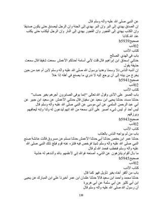 138
‫قال‬ ‫وسلم‬ ‫وآله‬ ‫عليه‬ ‫هللا‬ ‫صلى‬ ‫النبي‬ ‫عن‬
‫صديقا‬ ‫يكون‬ ‫حتى‬ ‫ليصدق‬ ‫الرجل‬ ‫وإن‬ ‫الجنة‬ ‫إلى‬ ‫يهدي‬ ‫البر‬ ‫وإن‬ ‫البر‬ ‫إلى‬ ‫يهدي‬ ‫الصدق‬ ‫إن‬
‫ي‬ ‫حتى‬ ‫ليكذب‬ ‫الرجل‬ ‫وإن‬ ‫النار‬ ‫إلى‬ ‫يهدي‬ ‫الفجور‬ ‫وإن‬ ‫الفجور‬ ‫إلى‬ ‫يهدي‬ ‫الكذب‬ ‫وإن‬‫كتب‬
‫كذابا‬ ‫هللا‬ ‫عند‬
‫صحيح‬b5939
02‫أدب‬
‫األدب‬ ‫كتاب‬
‫الصالح‬ ‫الهدي‬ ‫في‬ ‫باب‬
‫سمعت‬ ‫قال‬ ‫شقيقا‬ ‫سمعت‬ ‫األعمش‬ ‫أحدثكم‬ ‫أسامة‬ ‫ألبي‬ ‫قلت‬ ‫قال‬ ‫إبراهيم‬ ‫ابن‬ ‫إسحاق‬ ‫حدثني‬
‫يقول‬ ‫حذيفة‬
‫حين‬ ‫من‬ ‫عبد‬ ‫أم‬ ‫البن‬ ‫وسلم‬ ‫وآله‬ ‫عليه‬ ‫هللا‬ ‫صلى‬ ‫هللا‬ ‫برسول‬ ‫وهديا‬ ‫وسمتا‬ ‫دال‬ ‫الناس‬ ‫أشبه‬ ‫إن‬
‫إلى‬ ‫بيته‬ ‫من‬ ‫يخرج‬‫خال‬ ‫إذا‬ ‫أهله‬ ‫في‬ ‫يصنع‬ ‫ما‬ ‫ندري‬ ‫ال‬ ‫إليه‬ ‫يرجع‬ ‫أن‬
‫صحيح‬b5941
02‫أدب‬
‫األدب‬ ‫كتاب‬
‫تعالى‬ ‫هللا‬ ‫وقول‬ ‫األذى‬ ‫على‬ ‫الصبر‬ ‫باب‬“‫حساب‬ ‫بغير‬ ‫أجرهم‬ ‫الصابرون‬ ‫يوفى‬ ‫إنما‬”
‫عن‬ ‫جبير‬ ‫ابن‬ ‫سعيد‬ ‫عن‬ ‫األعمش‬ ‫حدثني‬ ‫قال‬ ‫سفيان‬ ‫عن‬ ‫سعيد‬ ‫ابن‬ ‫يحيى‬ ‫حدثنا‬ ‫مسدد‬ ‫حدثنا‬
‫موسى‬ ‫أبي‬ ‫عن‬ ‫السلمي‬ ‫الرحمن‬ ‫عبد‬ ‫أبي‬‫قال‬ ‫وسلم‬ ‫وآله‬ ‫عليه‬ ‫هللا‬ ‫صلى‬ ‫النبي‬ ‫عن‬
‫ليعافيهم‬ ‫وإنه‬ ‫ولدا‬ ‫له‬ ‫ليدعون‬ ‫إنهم‬ ‫هللا‬ ‫من‬ ‫سمعه‬ ‫أذى‬ ‫على‬ ‫أصبر‬ ‫شيء‬ ‫ليس‬ ‫أو‬ ‫أحد‬ ‫ليس‬
‫ويرزقهم‬
‫صحيح‬b5943
02‫أدب‬
‫األدب‬ ‫كتاب‬
‫بالعتاب‬ ‫الناس‬ ‫يواجه‬ ‫لم‬ ‫من‬ ‫باب‬
‫صن‬ ‫عائشة‬ ‫قالت‬ ‫مسروق‬ ‫عن‬ ‫مسلم‬ ‫حدثنا‬ ‫األعمش‬ ‫حدثنا‬ ‫أبي‬ ‫حدثنا‬ ‫حفص‬ ‫ابن‬ ‫عمر‬ ‫حدثنا‬‫ع‬
‫هللا‬ ‫صلى‬ ‫النبي‬ ‫ذلك‬ ‫فبلغ‬ ‫قوم‬ ‫عنه‬ ‫فتنزه‬ ‫فيه‬ ‫فرخص‬ ‫شيئا‬ ‫وسلم‬ ‫وآله‬ ‫عليه‬ ‫هللا‬ ‫صلى‬ ‫النبي‬
‫قال‬ ‫ثم‬ ‫هللا‬ ‫فحمد‬ ‫فخطب‬ ‫وسلم‬ ‫وآله‬ ‫عليه‬
‫خشية‬ ‫له‬ ‫وأشدهم‬ ‫باهلل‬ ‫ألعلمهم‬ ‫إني‬ ‫فوهللا‬ ‫أصنعه‬ ‫الشيء‬ ‫عن‬ ‫يتنزهون‬ ‫أقوام‬ ‫بال‬ ‫ما‬
‫صحيح‬b5945
02‫أدب‬
‫األدب‬ ‫كتاب‬
‫فهو‬ ‫تأويل‬ ‫بغير‬ ‫أخاه‬ ‫أكفر‬ ‫من‬ ‫باب‬‫قال‬ ‫كما‬
‫يحيى‬ ‫عن‬ ‫المبارك‬ ‫ابن‬ ‫علي‬ ‫أخبرنا‬ ‫عمر‬ ‫ابن‬ ‫عثمان‬ ‫حدثنا‬ ‫قاال‬ ‫سعيد‬ ‫ابن‬ ‫وأحمد‬ ‫محمد‬ ‫حدثنا‬
‫هريرة‬ ‫أبي‬ ‫عن‬ ‫سلمة‬ ‫أبي‬ ‫عن‬ ‫كثير‬ ‫أبي‬ ‫ابن‬
‫قال‬ ‫وسلم‬ ‫وآله‬ ‫عليه‬ ‫هللا‬ ‫صلى‬ ‫هللا‬ ‫رسول‬ ‫أن‬
 