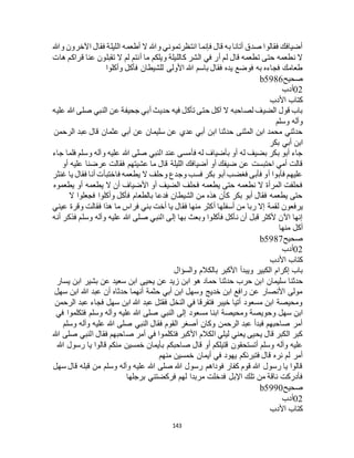 143
‫اآلخرون‬ ‫فقال‬ ‫الليلة‬ ‫أطعمه‬ ‫ال‬ ‫وهللا‬ ‫انتظرتموني‬ ‫فإنما‬ ‫قال‬ ‫به‬ ‫أتانا‬ ‫صدق‬ ‫فقالوا‬ ‫أضيافك‬‫وهللا‬
‫هات‬ ‫قراكم‬ ‫عنا‬ ‫تقبلون‬ ‫ال‬ ‫لم‬ ‫أنتم‬ ‫ما‬ ‫ويلكم‬ ‫كالليلة‬ ‫الشر‬ ‫في‬ ‫أر‬ ‫لم‬ ‫قال‬ ‫تطعمه‬ ‫حتى‬ ‫نطعمه‬ ‫ال‬
‫وأكلوا‬ ‫فأكل‬ ‫للشيطان‬ ‫األولى‬ ‫هللا‬ ‫باسم‬ ‫فقال‬ ‫يده‬ ‫فوضع‬ ‫به‬ ‫فجاءه‬ ‫طعامك‬
‫صحيح‬b5986
02‫أدب‬
‫األدب‬ ‫كتاب‬
‫هللا‬ ‫صلى‬ ‫النبي‬ ‫عن‬ ‫جحيفة‬ ‫أبي‬ ‫حديث‬ ‫فيه‬ ‫تأكل‬ ‫حتى‬ ‫آكل‬ ‫ال‬ ‫لصاحبه‬ ‫الضيف‬ ‫قول‬ ‫باب‬‫عليه‬
‫وسلم‬ ‫وآله‬
‫الرحمن‬ ‫عبد‬ ‫قال‬ ‫عثمان‬ ‫أبي‬ ‫عن‬ ‫سليمان‬ ‫عن‬ ‫عدي‬ ‫أبي‬ ‫ابن‬ ‫حدثنا‬ ‫المثنى‬ ‫ابن‬ ‫محمد‬ ‫حدثني‬
‫بكر‬ ‫أبي‬ ‫ابن‬
‫جاء‬ ‫فلما‬ ‫وسلم‬ ‫وآله‬ ‫عليه‬ ‫هللا‬ ‫صلى‬ ‫النبي‬ ‫عند‬ ‫فأمسى‬ ‫له‬ ‫بأضياف‬ ‫أو‬ ‫له‬ ‫بضيف‬ ‫بكر‬ ‫أبو‬ ‫جاء‬
‫عرض‬ ‫فقالت‬ ‫عشيتهم‬ ‫ما‬ ‫قال‬ ‫الليلة‬ ‫أضيافك‬ ‫أو‬ ‫ضيفك‬ ‫عن‬ ‫احتبست‬ ‫أمي‬ ‫قالت‬‫أو‬ ‫عليه‬ ‫نا‬
‫غنثر‬ ‫يا‬ ‫فقال‬ ‫أنا‬ ‫فاختبأت‬ ‫يطعمه‬ ‫ال‬ ‫وحلف‬ ‫وجدع‬ ‫فسب‬ ‫بكر‬ ‫أبو‬ ‫فغضب‬ ‫فأبى‬ ‫أو‬ ‫فأبوا‬ ‫عليهم‬
‫يطعموه‬ ‫أو‬ ‫يطعمه‬ ‫ال‬ ‫أن‬ ‫األضياف‬ ‫أو‬ ‫الضيف‬ ‫فحلف‬ ‫يطعمه‬ ‫حتى‬ ‫نطعمه‬ ‫ال‬ ‫المرأة‬ ‫فحلفت‬
‫ال‬ ‫فجعلوا‬ ‫وأكلوا‬ ‫فأكل‬ ‫بالطعام‬ ‫فدعا‬ ‫الشيطان‬ ‫من‬ ‫هذه‬ ‫كأن‬ ‫بكر‬ ‫أبو‬ ‫فقال‬ ‫يطعمه‬ ‫حتى‬
‫لقمة‬ ‫يرفعون‬‫عيني‬ ‫وقرة‬ ‫فقالت‬ ‫هذا‬ ‫ما‬ ‫فراس‬ ‫بني‬ ‫أخت‬ ‫يا‬ ‫فقال‬ ‫منها‬ ‫أكثر‬ ‫أسفلها‬ ‫من‬ ‫ربا‬ ‫إال‬
‫أنه‬ ‫فذكر‬ ‫وسلم‬ ‫وآله‬ ‫عليه‬ ‫هللا‬ ‫صلى‬ ‫النبي‬ ‫إلى‬ ‫بها‬ ‫وبعث‬ ‫فأكلوا‬ ‫نأكل‬ ‫أن‬ ‫قبل‬ ‫ألكثر‬ ‫اآلن‬ ‫إنها‬
‫منها‬ ‫أكل‬
‫صحيح‬b5987
02‫أدب‬
‫األدب‬ ‫كتاب‬
‫والسؤال‬ ‫بالكالم‬ ‫األكبر‬ ‫ويبدأ‬ ‫الكبير‬ ‫إكرام‬ ‫باب‬
‫ا‬ ‫سليمان‬ ‫حدثنا‬‫يسار‬ ‫ابن‬ ‫بشير‬ ‫عن‬ ‫سعيد‬ ‫ابن‬ ‫يحيى‬ ‫عن‬ ‫زيد‬ ‫ابن‬ ‫هو‬ ‫حماد‬ ‫حدثنا‬ ‫حرب‬ ‫بن‬
‫سهل‬ ‫ابن‬ ‫هللا‬ ‫عبد‬ ‫أن‬ ‫حدثاه‬ ‫أنهما‬ ‫حثمة‬ ‫أبي‬ ‫ابن‬ ‫وسهل‬ ‫خديج‬ ‫ابن‬ ‫رافع‬ ‫عن‬ ‫األنصار‬ ‫مولى‬
‫الرحمن‬ ‫عبد‬ ‫فجاء‬ ‫سهل‬ ‫ابن‬ ‫هللا‬ ‫عبد‬ ‫فقتل‬ ‫النخل‬ ‫في‬ ‫فتفرقا‬ ‫خيبر‬ ‫أتيا‬ ‫مسعود‬ ‫ابن‬ ‫ومحيصة‬
‫مسعود‬ ‫ابنا‬ ‫ومحيصة‬ ‫وحويصة‬ ‫سهل‬ ‫ابن‬‫في‬ ‫فتكلموا‬ ‫وسلم‬ ‫وآله‬ ‫عليه‬ ‫هللا‬ ‫صلى‬ ‫النبي‬ ‫إلى‬
‫وسلم‬ ‫وآله‬ ‫عليه‬ ‫هللا‬ ‫صلى‬ ‫النبي‬ ‫فقال‬ ‫القوم‬ ‫أصغر‬ ‫وكان‬ ‫الرحمن‬ ‫عبد‬ ‫فبدأ‬ ‫صاحبهم‬ ‫أمر‬
‫هللا‬ ‫صلى‬ ‫النبي‬ ‫فقال‬ ‫صاحبهم‬ ‫أمر‬ ‫في‬ ‫فتكلموا‬ ‫األكبر‬ ‫الكالم‬ ‫ليلي‬ ‫يعني‬ ‫يحيى‬ ‫قال‬ ‫الكبر‬ ‫كبر‬
‫ب‬ ‫صاحبكم‬ ‫قال‬ ‫أو‬ ‫قتيلكم‬ ‫أتستحقون‬ ‫وسلم‬ ‫وآله‬ ‫عليه‬‫هللا‬ ‫رسول‬ ‫يا‬ ‫قالوا‬ ‫منكم‬ ‫خمسين‬ ‫أيمان‬
‫منهم‬ ‫خمسين‬ ‫أيمان‬ ‫في‬ ‫يهود‬ ‫فتبرئكم‬ ‫قال‬ ‫نره‬ ‫لم‬ ‫أمر‬
‫سهل‬ ‫قال‬ ‫قبله‬ ‫من‬ ‫وسلم‬ ‫وآله‬ ‫عليه‬ ‫هللا‬ ‫صلى‬ ‫هللا‬ ‫رسول‬ ‫فوداهم‬ ‫كفار‬ ‫قوم‬ ‫هللا‬ ‫رسول‬ ‫يا‬ ‫قالوا‬
‫برجلها‬ ‫فركضتني‬ ‫لهم‬ ‫مربدا‬ ‫فدخلت‬ ‫اإلبل‬ ‫تلك‬ ‫من‬ ‫ناقة‬ ‫فأدركت‬
‫صحيح‬b5990
02‫أدب‬
‫األدب‬ ‫كتاب‬
 