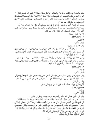 144
‫باب‬‫وقوله‬ ‫منه‬ ‫يكره‬ ‫وما‬ ‫والحداء‬ ‫والرجز‬ ‫الشعر‬ ‫من‬ ‫يجوز‬ ‫ما‬“‫الغاوون‬ ‫يتبعهم‬ ‫والشعراء‬
‫الصالحات‬ ‫وعملوا‬ ‫آمنوا‬ ‫الذين‬ ‫إال‬ ‫يفعلون‬ ‫ال‬ ‫ما‬ ‫يقولون‬ ‫وأنهم‬ ‫يهيمون‬ ‫واد‬ ‫كل‬ ‫في‬ ‫أنهم‬ ‫تر‬ ‫ألم‬
‫ينقلبون‬ ‫منقلب‬ ‫أي‬ ‫ظلموا‬ ‫الذين‬ ‫وسيعلم‬ ‫ظلموا‬ ‫ما‬ ‫بعد‬ ‫من‬ ‫وانتصروا‬ ‫كثيرا‬ ‫هللا‬ ‫وذكروا‬”‫قال‬
‫عباس‬ ‫ابن‬‫يخوضون‬ ‫لغو‬ ‫كل‬ ‫في‬
‫أن‬ ‫الرحمن‬ ‫عبد‬ ‫ابن‬ ‫بكر‬ ‫أبو‬ ‫أخبرني‬ ‫قال‬ ‫الزهري‬ ‫عن‬ ‫شعيب‬ ‫أخبرنا‬ ‫اليمان‬ ‫أبو‬ ‫حدثنا‬
‫كعب‬ ‫ابن‬ ّ‫ي‬‫أب‬ ‫أن‬ ‫أخبره‬ ‫يغوث‬ ‫عبد‬ ‫ابن‬ ‫األسود‬ ‫ابن‬ ‫الرحمن‬ ‫عبد‬ ‫أن‬ ‫أخبره‬ ‫الحكم‬ ‫ابن‬ ‫مروان‬
‫قال‬ ‫وسلم‬ ‫وآله‬ ‫عليه‬ ‫هللا‬ ‫صلى‬ ‫هللا‬ ‫رسول‬ ‫أن‬ ‫أخبره‬
‫حكمة‬ ‫الشعر‬ ‫من‬ ‫إن‬
‫صحيح‬b5996
02‫أدب‬
‫األدب‬ ‫كتاب‬
‫المشركين‬ ‫هجاء‬ ‫باب‬
‫ابن‬ ‫الهيثم‬ ‫أن‬ ‫شهاب‬ ‫ابن‬ ‫عن‬ ‫يونس‬ ‫أخبرني‬ ‫قال‬ ‫وهب‬ ‫ابن‬ ‫هللا‬ ‫عبد‬ ‫أخبرني‬ ‫قال‬ ‫أصبغ‬ ‫حدثنا‬
‫يقول‬ ‫وسلم‬ ‫وآله‬ ‫عليه‬ ‫هللا‬ ‫صلى‬ ‫النبي‬ ‫يذكر‬ ‫قصصه‬ ‫في‬ ‫هريرة‬ ‫أبا‬ ‫سمع‬ ‫أنه‬ ‫أخبره‬ ‫سنان‬ ‫أبي‬
‫الرفث‬ ‫يقول‬ ‫ال‬ ‫لكم‬ ‫أخا‬ ‫إن‬
‫رسول‬ ‫وفينا‬ ‫ـــ‬ ‫قال‬ ‫رواحة‬ ‫ابن‬ ‫بذاك‬ ‫يعني‬‫الفجر‬ ‫من‬ ‫معروف‬ ‫انشق‬ ‫إذا‬ ‫ــ‬ ‫كتابه‬ ‫يتلو‬ ‫هللا‬
‫جنبه‬ ‫يجافي‬ ‫يبيت‬ ‫ـــ‬ ‫واقع‬ ‫قال‬ ‫ما‬ ‫أن‬ ‫موقنات‬ ‫به‬ ‫ــ‬ ‫فقلوبنا‬ ‫العمى‬ ‫بعد‬ ‫الهدى‬ ‫أرانا‬ ‫ـــ‬ ‫ساطع‬
‫المضاجع‬ ‫بالكافرين‬ ‫استثقلت‬ ‫إذا‬ ‫ــ‬ ‫فراشه‬ ‫عن‬
‫صحيح‬b6000
02‫أدب‬
‫األدب‬ ‫كتاب‬
‫عن‬ ‫يصده‬ ‫حتى‬ ‫الشعر‬ ‫اإلنسان‬ ‫على‬ ‫الغالب‬ ‫يكون‬ ‫أن‬ ‫يكره‬ ‫ما‬ ‫باب‬‫والقرآن‬ ‫والعلم‬ ‫هللا‬ ‫ذكر‬
‫عليه‬ ‫هللا‬ ‫صلى‬ ‫النبي‬ ‫عن‬ ‫عمر‬ ‫ابن‬ ‫عن‬ ‫سالم‬ ‫عن‬ ‫حنظلة‬ ‫أخبرنا‬ ‫موسى‬ ‫ابن‬ ‫هللا‬ ‫عبيد‬ ‫حدثنا‬
‫قال‬ ‫وسلم‬ ‫وآله‬
‫شعرا‬ ‫يمتلئ‬ ‫أن‬ ‫من‬ ‫له‬ ‫خير‬ ‫قيحا‬ ‫أحدكم‬ ‫جوف‬ ‫يمتلئ‬ ‫ألن‬
‫صحيح‬b6002
02‫أدب‬
‫األدب‬ ‫كتاب‬
‫حلقي‬ ‫وعقرى‬ ‫يمينك‬ ‫تربت‬ ‫وسلم‬ ‫وآله‬ ‫عليه‬ ‫هللا‬ ‫صلى‬ ‫النبي‬ ‫قول‬ ‫باب‬
‫قالت‬ ‫عائشة‬ ‫عن‬ ‫عروة‬ ‫عن‬ ‫شهاب‬ ‫ابن‬ ‫عن‬ ‫عقيل‬ ‫عن‬ ‫الليث‬ ‫حدثنا‬ ‫بكير‬ ‫ابن‬ ‫يحيى‬ ‫حدثنا‬
‫استأذن‬ ‫حتى‬ ‫له‬ ‫آذن‬ ‫ال‬ ‫وهللا‬ ‫فقلت‬ ‫الحجاب‬ ‫نزل‬ ‫ما‬ ‫بعد‬ ‫علي‬ ‫استأذن‬ ‫القعيس‬ ‫أبي‬ ‫أخا‬ ‫أفلح‬ ‫أن‬
‫أرضعتني‬ ‫ولكن‬ ‫أرضعني‬ ‫هو‬ ‫ليس‬ ‫القعيس‬ ‫أبي‬ ‫أخا‬ ‫فإن‬ ‫وسلم‬ ‫وآله‬ ‫عليه‬ ‫هللا‬ ‫صلى‬ ‫هللا‬ ‫رسول‬
‫القعيس‬ ‫أبي‬ ‫امرأة‬‫إن‬ ‫هللا‬ ‫رسول‬ ‫يا‬ ‫فقلت‬ ‫وسلم‬ ‫وآله‬ ‫عليه‬ ‫هللا‬ ‫صلى‬ ‫هللا‬ ‫رسول‬ ‫علي‬ ‫فدخل‬
‫قال‬ ‫امرأته‬ ‫أرضعتني‬ ‫ولكن‬ ‫أرضعني‬ ‫هو‬ ‫ليس‬ ‫الرجل‬
‫يمينك‬ ‫تربت‬ ‫عمك‬ ‫فإنه‬ ‫له‬ ‫ائذني‬
 