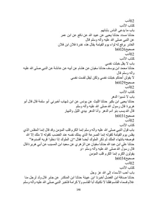 146
02‫أدب‬
‫األدب‬ ‫كتاب‬
‫بآبائهم‬ ‫الناس‬ ‫يدعى‬ ‫ما‬ ‫باب‬
‫عمر‬ ‫ابن‬ ‫عن‬ ‫نافع‬ ‫عن‬ ‫هللا‬ ‫عبيد‬ ‫عن‬ ‫يحيى‬ ‫حدثنا‬ ‫مسدد‬ ‫حدثنا‬
‫قال‬ ‫وسلم‬ ‫وآله‬ ‫عليه‬ ‫هللا‬ ‫صلى‬ ‫النبي‬ ‫عن‬
‫فالن‬ ‫ابن‬ ‫فالن‬ ‫غدرة‬ ‫هذه‬ ‫يقال‬ ‫القيامة‬ ‫يوم‬ ‫لواء‬ ‫له‬ ‫يرفع‬ ‫الغادر‬
‫صحيح‬b6026
02‫أدب‬
‫األدب‬ ‫كتاب‬
‫نفسي‬ ‫خبثت‬ ‫يقل‬ ‫ال‬ ‫باب‬
‫حدثنا‬ ‫يوسف‬ ‫ابن‬ ‫محمد‬ ‫حدثنا‬‫عليه‬ ‫هللا‬ ‫صلى‬ ‫النبي‬ ‫عن‬ ‫عائشة‬ ‫عن‬ ‫أبيه‬ ‫عن‬ ‫هشام‬ ‫عن‬ ‫سفيان‬
‫قال‬ ‫وسلم‬ ‫وآله‬
‫نفسي‬ ‫لقست‬ ‫ليقل‬ ‫ولكن‬ ‫نفسي‬ ‫خبثت‬ ‫أحدكم‬ ‫يقولن‬ ‫ال‬
‫صحيح‬b6029
02‫أدب‬
‫األدب‬ ‫كتاب‬
‫الدهر‬ ‫تسبوا‬ ‫ال‬ ‫باب‬
‫أبو‬ ‫قال‬ ‫قال‬ ‫سلمة‬ ‫أبو‬ ‫أخبرني‬ ‫شهاب‬ ‫ابن‬ ‫عن‬ ‫يونس‬ ‫عن‬ ‫الليث‬ ‫حدثنا‬ ‫بكير‬ ‫ابن‬ ‫يحيى‬ ‫حدثنا‬
‫هللا‬ ‫رسول‬ ‫قال‬ ‫هريرة‬‫وسلم‬ ‫وآله‬ ‫عليه‬ ‫هللا‬ ‫صلى‬
‫والنهار‬ ‫الليل‬ ‫بيدي‬ ‫الدهر‬ ‫وأنا‬ ‫الدهر‬ ‫آدم‬ ‫بنو‬ ‫يسب‬ ‫هللا‬ ‫قال‬
‫صحيح‬b6031
02‫أدب‬
‫األدب‬ ‫كتاب‬
‫الذي‬ ‫المفلس‬ ‫إنما‬ ‫قال‬ ‫وقد‬ ‫المؤمن‬ ‫قلب‬ ‫الكرم‬ ‫إنما‬ ‫وسلم‬ ‫وآله‬ ‫عليه‬ ‫هللا‬ ‫صلى‬ ‫النبي‬ ‫قول‬ ‫باب‬
‫الغض‬ ‫عند‬ ‫نفسه‬ ‫يملك‬ ‫الذي‬ ‫الصرعة‬ ‫إنما‬ ‫كقوله‬ ‫القيامة‬ ‫يوم‬ ‫يفلس‬‫هللا‬ ‫إال‬ ‫ملك‬ ‫ال‬ ‫كقوله‬ ‫ب‬
‫فقال‬ ‫أيضا‬ ‫الملوك‬ ‫ذكر‬ ‫ثم‬ ‫الملك‬ ‫بانتهاء‬ ‫فوصفه‬“‫أفسدوها‬ ‫قريه‬ ‫دخلوا‬ ‫إذا‬ ‫الملوك‬ ‫إن‬”
‫قال‬ ‫هريرة‬ ‫أبي‬ ‫عن‬ ‫المسيب‬ ‫ابن‬ ‫سعيد‬ ‫عن‬ ‫الزهري‬ ‫عن‬ ‫سفيان‬ ‫حدثنا‬ ‫هللا‬ ‫عبد‬ ‫ابن‬ ‫علي‬ ‫حدثنا‬
‫<و‬ ‫وسلم‬ ‫وآله‬ ‫عليه‬ ‫هللا‬ ‫صلى‬ ‫هللا‬ ‫رسول‬ ‫قال‬
‫الم‬ ‫قلب‬ ‫الكرم‬ ‫إنما‬ ‫الكرم‬ ‫يقولون‬‫ؤمن‬
‫صحيح‬b6034
02‫أدب‬
‫األدب‬ ‫كتاب‬
‫وجل‬ ‫عز‬ ‫هللا‬ ‫إلى‬ ‫األسماء‬ ‫أحب‬ ‫باب‬
‫منا‬ ‫لرجل‬ ‫ولد‬ ‫قال‬ ‫جابر‬ ‫عن‬ ‫المنكدر‬ ‫ابن‬ ‫حدثنا‬ ‫عيينة‬ ‫ابن‬ ‫أخبرنا‬ ‫الفضل‬ ‫ابن‬ ‫صدقة‬ ‫حدثنا‬
‫وسلم‬ ‫وآله‬ ‫عليه‬ ‫هللا‬ ‫صلى‬ ‫النبي‬ ‫فأخبر‬ ‫كرامة‬ ‫وال‬ ‫القاسم‬ ‫أبا‬ ‫نكنيك‬ ‫ال‬ ‫فقلنا‬ ‫القاسم‬ ‫فسماه‬ ‫غالم‬
 