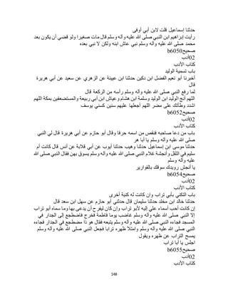 148
‫أوفى‬ ‫أبي‬ ‫البن‬ ‫قلت‬ ‫إسماعيل‬ ‫حدثنا‬
‫بعد‬ ‫يكون‬ ‫أن‬ ‫قضي‬ ‫ولو‬ ‫صغيرا‬ ‫مات‬ ‫قال‬ ‫وسلم‬ ‫وآله‬ ‫عليه‬ ‫هللا‬ ‫صلى‬ ‫النبي‬ ‫ابن‬ ‫إبراهيم‬ ‫رأيت‬
‫بعده‬ ‫نبي‬ ‫ال‬ ‫ولكن‬ ‫ابنه‬ ‫عاج‬ ‫نبي‬ ‫وسلم‬ ‫وآله‬ ‫عليه‬ ‫هللا‬ ‫صلى‬ ‫محمد‬
‫صحيح‬b6050
02‫أدب‬
‫األدب‬ ‫كتاب‬
‫الوليد‬ ‫تسمية‬ ‫باب‬
‫حدث‬ ‫دكين‬ ‫ابن‬ ‫الفضل‬ ‫نعيم‬ ‫أبو‬ ‫أخبرنا‬‫هريرة‬ ‫أبي‬ ‫عن‬ ‫سعيد‬ ‫عن‬ ‫الزهري‬ ‫عن‬ ‫عيينة‬ ‫ابن‬ ‫نا‬
‫قال‬
‫قال‬ ‫الركعة‬ ‫من‬ ‫رأسه‬ ‫وسلم‬ ‫وآله‬ ‫عليه‬ ‫هللا‬ ‫صلى‬ ‫النبي‬ ‫رفع‬ ‫لما‬
‫اللهم‬ ‫بمكة‬ ‫والمستضعفين‬ ‫ربيعة‬ ‫أبي‬ ‫ابن‬ ‫وعياج‬ ‫هشام‬ ‫ابن‬ ‫وسلمة‬ ‫الوليد‬ ‫ابن‬ ‫الوليد‬ ‫أنج‬ ‫اللهم‬
‫يوسف‬ ‫كسني‬ ‫سنين‬ ‫عليهم‬ ‫أجعلها‬ ‫اللهم‬ ‫مضر‬ ‫على‬ ‫وطأتك‬ ‫اشدد‬
‫صحيح‬b6052
02‫أدب‬
‫األدب‬ ‫كتاب‬
‫النبي‬ ‫لي‬ ‫قال‬ ‫هريرة‬ ‫أبي‬ ‫عن‬ ‫حازم‬ ‫أبو‬ ‫وقال‬ ‫حرفا‬ ‫اسمه‬ ‫من‬ ‫فنقص‬ ‫صاحبه‬ ‫دعا‬ ‫من‬ ‫باب‬
‫هر‬ ‫أبا‬ ‫يا‬ ‫وسلم‬ ‫وآله‬ ‫عليه‬ ‫هللا‬ ‫صلى‬
‫أم‬ ‫كانت‬ ‫قال‬ ‫أنس‬ ‫عن‬ ‫قالبة‬ ‫أبي‬ ‫عن‬ ‫أيوب‬ ‫حدثنا‬ ‫وهيب‬ ‫حدثنا‬ ‫إسماعيل‬ ‫ابن‬ ‫موسى‬ ‫حدثنا‬
‫وس‬ ‫وآله‬ ‫عليه‬ ‫هللا‬ ‫صلى‬ ‫النبي‬ ‫غالم‬ ‫وأنجشة‬ ‫الثقل‬ ‫في‬ ‫سليم‬‫هللا‬ ‫صلى‬ ‫النبي‬ ‫فقال‬ ‫بهن‬ ‫يسوق‬ ‫لم‬
‫وسلم‬ ‫وآله‬ ‫عليه‬
‫بالقوارير‬ ‫سوقك‬ ‫رويدك‬ ‫أنجش‬ ‫يا‬
‫صحيح‬b6054
02‫أدب‬
‫األدب‬ ‫كتاب‬
‫أخرى‬ ‫كنية‬ ‫له‬ ‫كانت‬ ‫وان‬ ‫تراب‬ ‫بأبي‬ ‫التكني‬ ‫باب‬
‫قال‬ ‫سعد‬ ‫ابن‬ ‫سهل‬ ‫عن‬ ‫حازم‬ ‫أبو‬ ‫حدثني‬ ‫قال‬ ‫سليمان‬ ‫حدثنا‬ ‫مخلد‬ ‫ابن‬ ‫خالد‬ ‫حدثنا‬
‫تراب‬ ‫ألبو‬ ‫إليه‬ ‫علي‬ ‫أسماء‬ ‫أحب‬ ‫كانت‬ ‫إن‬‫تراب‬ ‫أبو‬ ‫سماه‬ ‫وما‬ ‫بها‬ ‫يدعى‬ ‫أن‬ ‫ليفرح‬ ‫كان‬ ‫وإن‬
‫في‬ ‫الجدار‬ ‫إلى‬ ‫فاضطجع‬ ‫فخرج‬ ‫فاطمة‬ ‫يوما‬ ‫غاضب‬ ‫وسلم‬ ‫وآله‬ ‫عليه‬ ‫هللا‬ ‫صلى‬ ‫النبي‬ ‫إال‬
‫فجاءه‬ ‫الجدار‬ ‫في‬ ‫مضطجع‬ ‫ذا‬ ‫هو‬ ‫فقال‬ ‫يتبعه‬ ‫وسلم‬ ‫وآله‬ ‫عليه‬ ‫هللا‬ ‫صلى‬ ‫النبي‬ ‫فجاءه‬ ‫المسجد‬
‫ا‬ ‫فجعل‬ ‫ترابا‬ ‫ظهره‬ ‫وامتأل‬ ‫وسلم‬ ‫وآله‬ ‫عليه‬ ‫هللا‬ ‫صلى‬ ‫النبي‬‫وسلم‬ ‫وآله‬ ‫عليه‬ ‫هللا‬ ‫صلى‬ ‫لنبي‬
‫ويقول‬ ‫ظهره‬ ‫عن‬ ‫التراب‬ ‫يمسح‬
‫تراب‬ ‫أبا‬ ‫يا‬ ‫اجلس‬
‫صحيح‬b6055
02‫أدب‬
‫األدب‬ ‫كتاب‬
 