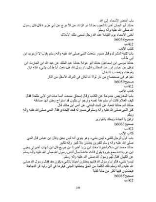 149
‫هللا‬ ‫إلى‬ ‫األسماء‬ ‫أبغض‬ ‫باب‬
‫رسول‬ ‫قال‬ ‫قال‬ ‫هريرة‬ ‫أبي‬ ‫عن‬ ‫األعرج‬ ‫عن‬ ‫الزناد‬ ‫أبو‬ ‫حدثنا‬ ‫شعيب‬ ‫أخبرنا‬ ‫اليمان‬ ‫أبو‬ ‫حدثنا‬
‫وسلم‬ ‫وآله‬ ‫عليه‬ ‫هللا‬ ‫صلى‬ ‫هللا‬
‫ا‬ ‫يوم‬ ‫األسماء‬ ‫أخنى‬‫األمالك‬ ‫ملك‬ ‫تسمى‬ ‫رجل‬ ‫هللا‬ ‫عند‬ ‫لقيامة‬
‫صحيح‬b6058
02‫أدب‬
‫األدب‬ ‫كتاب‬
‫ابن‬ ‫يريد‬ ‫أن‬ ‫إال‬ ‫يقول‬ ‫وسلم‬ ‫وآله‬ ‫عليه‬ ‫هللا‬ ‫صلى‬ ‫النبي‬ ‫سمعت‬ ‫مسور‬ ‫وقال‬ ‫المشرك‬ ‫كنية‬ ‫باب‬
‫طالب‬ ‫أبي‬
‫ابن‬ ‫الحارث‬ ‫ابن‬ ‫هللا‬ ‫عبد‬ ‫عن‬ ‫الملك‬ ‫عبد‬ ‫حدثنا‬ ‫عوانة‬ ‫أبو‬ ‫حدثنا‬ ‫إسماعيل‬ ‫ابن‬ ‫موسى‬ ‫حدثنا‬
‫عب‬ ‫ابن‬ ‫عباس‬ ‫عن‬ ‫نوفل‬‫كان‬ ‫فإنه‬ ‫بشيء‬ ‫طالب‬ ‫أبا‬ ‫نفعت‬ ‫هل‬ ‫هللا‬ ‫رسول‬ ‫يا‬ ‫قال‬ ‫المطلب‬ ‫د‬
‫قال‬ ‫لك‬ ‫ويغضب‬ ‫يحوطك‬
‫النار‬ ‫من‬ ‫األسفل‬ ‫الدرك‬ ‫في‬ ‫لكان‬ ‫أنا‬ ‫لوال‬ ‫نار‬ ‫من‬ ‫ضحضاح‬ ‫في‬ ‫هو‬ ْ‫م‬َ‫ع‬َ‫ن‬
‫صحيح‬b6059
02‫أدب‬
‫األدب‬ ‫كتاب‬
‫فقال‬ ‫طلحة‬ ‫ألبي‬ ‫ابن‬ ‫مات‬ ‫أنسا‬ ‫سمعت‬ ‫إسحاق‬ ‫وقال‬ ‫الكذب‬ ‫عن‬ ‫مندوحة‬ ‫المعاريض‬ ‫باب‬
‫الغالم‬ ‫كيف‬‫صادقة‬ ‫أنها‬ ‫وظن‬ ‫استراح‬ ‫قد‬ ‫يكون‬ ‫أن‬ ‫وأرجو‬ ‫نفسه‬ ‫هدأ‬ ‫سليم‬ ‫أم‬ ‫قالت‬
‫قال‬ ‫مالك‬ ‫ابن‬ ‫أنس‬ ‫عن‬ ‫البناني‬ ‫ثابت‬ ‫عن‬ ‫شعبة‬ ‫حدثنا‬ ‫آدم‬ ‫حدثنا‬
‫وآله‬ ‫عليه‬ ‫هللا‬ ‫صلى‬ ‫النبي‬ ‫فقال‬ ‫الحادي‬ ‫فحدا‬ ‫له‬ ‫مسير‬ ‫في‬ ‫وسلم‬ ‫وآله‬ ‫عليه‬ ‫هللا‬ ‫صلى‬ ‫النبي‬ ‫كان‬
‫وسلم‬
‫بالقوارير‬ ‫ويحك‬ ‫أنجشة‬ ‫يا‬ ‫ارفق‬
‫صحيح‬b6063
02‫أدب‬
‫األدب‬ ‫كتاب‬
‫النبي‬ ‫قال‬ ‫عباس‬ ‫ابن‬ ‫وقال‬ ‫بحق‬ ‫ليس‬ ‫أنه‬ ‫ينوي‬ ‫وهو‬ ‫بشيء‬ ‫ليس‬ ‫للشيء‬ ‫الرجل‬ ‫قول‬ ‫باب‬
‫لكبير‬ ‫وإنه‬ ‫كبير‬ ‫بال‬ ‫يعذبان‬ ‫للقبرين‬ ‫وسلم‬ ‫وآله‬ ‫عليه‬ ‫هللا‬ ‫صلى‬
‫يحيى‬ ‫أخبرني‬ ‫شهاب‬ ‫ابن‬ ‫قال‬ ‫جريج‬ ‫ابن‬ ‫أخبرنا‬ ‫يزيد‬ ‫ابن‬ ‫مخلد‬ ‫أخبرنا‬ ‫سالم‬ ‫ابن‬ ‫محمد‬ ‫حدثنا‬
‫قا‬ ‫يقول‬ ‫عروة‬ ‫سمع‬ ‫انه‬ ‫عروة‬ ‫ابن‬‫وسلم‬ ‫وآله‬ ‫عليه‬ ‫هللا‬ ‫صلى‬ ‫هللا‬ ‫رسول‬ ‫أناس‬ ‫سأل‬ ‫عائشة‬ ‫لت‬
‫وسلم‬ ‫وآله‬ ‫عليه‬ ‫هللا‬ ‫صلى‬ ‫هللا‬ ‫رسول‬ ‫لهم‬ ‫فقال‬ ‫الكهان‬ ‫عن‬
‫صلى‬ ‫هللا‬ ‫رسول‬ ‫فقال‬ ‫حقا‬ ‫يكون‬ ‫بالشيء‬ ‫أحيانا‬ ‫يحدثون‬ ‫فإنهم‬ ‫هللا‬ ‫رسول‬ ‫يا‬ ‫قالوا‬ ‫بشيء‬ ‫ليسوا‬
‫أذن‬ ‫في‬ ‫فيقرها‬ ‫الجني‬ ‫يخطفها‬ ‫الحق‬ ‫من‬ ‫الكلمة‬ ‫تلك‬ ‫وسلم‬ ‫وآله‬ ‫عليه‬ ‫هللا‬‫الدجاجة‬ ‫قر‬ ‫وليه‬
‫كذبة‬ ‫مائة‬ ‫من‬ ‫أكثر‬ ‫فيها‬ ‫فيخلطون‬
‫صحيح‬b6065
02‫أدب‬
 