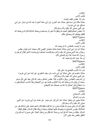 152
02‫أدب‬
‫األدب‬ ‫كتاب‬
‫يشمت‬ ‫كيف‬ ‫عطس‬ ‫إذا‬ ‫باب‬
‫إسماعيل‬ ‫ابن‬ ‫مالك‬ ‫حدثنا‬‫أبي‬ ‫عن‬ ‫دينار‬ ‫ابن‬ ‫هللا‬ ‫عبد‬ ‫أخبرنا‬ ‫سلمة‬ ‫أبي‬ ‫ابن‬ ‫العزيز‬ ‫عبد‬ ‫حدثنا‬
‫هريرة‬ ‫أبي‬ ‫عن‬ ‫صالح‬
‫قال‬ ‫وسلم‬ ‫وآله‬ ‫عليه‬ ‫هللا‬ ‫صلى‬ ‫النبي‬ ‫عن‬
‫هللا‬ ‫يرحمك‬ ‫له‬ ‫قال‬ ‫فإذا‬ ‫هللا‬ ‫يرحمك‬ ‫صاحبه‬ ‫أو‬ ‫أخوه‬ ‫له‬ ‫وليقل‬ ‫هلل‬ ‫الحمد‬ ‫فليقل‬ ‫أحدكم‬ ‫عطس‬ ‫إذا‬
‫بالكم‬ ‫ويصلح‬ ‫هللا‬ ‫يهديكم‬ ‫فليقل‬
‫صحيح‬b6077
02‫أدب‬
‫كتا‬‫األدب‬ ‫ب‬
‫هللا‬ ‫يحمد‬ ‫لم‬ ‫إذا‬ ‫العاطس‬ ‫يشمت‬ ‫ال‬ ‫باب‬
‫عطس‬ ‫يقول‬ ‫أنسا‬ ‫سمعت‬ ‫قال‬ ‫التيمي‬ ‫سليمان‬ ‫حدثنا‬ ‫شعبة‬ ‫حدثنا‬ ‫إياس‬ ‫أبي‬ ‫ابن‬ ‫آدم‬ ‫حدثنا‬
‫يا‬ ‫الرجل‬ ‫فقال‬ ‫اآلخر‬ ‫يشمت‬ ‫ولم‬ ‫أحدهما‬ ‫فشمت‬ ‫وسلم‬ ‫وآله‬ ‫عليه‬ ‫هللا‬ ‫صلى‬ ‫النبي‬ ‫عند‬ ‫رجالن‬
‫قال‬ ‫تشمتني‬ ‫ولم‬ ‫هذا‬ ‫شمت‬ ‫هللا‬ ‫رسول‬
‫ولم‬ ‫هللا‬ ‫حمد‬ ‫هذا‬ ‫إن‬‫هللا‬ ‫تحمد‬
‫صحيح‬b6078
02‫أدب‬
‫األدب‬ ‫كتاب‬
‫فيه‬ ‫على‬ ‫يده‬ ‫فليضع‬ ‫تثاوب‬ ‫إذا‬ ‫باب‬
‫هريرة‬ ‫أبي‬ ‫عن‬ ‫أبيه‬ ‫عن‬ ‫المقبري‬ ‫سعيد‬ ‫عن‬ ‫ذئب‬ ‫أبي‬ ‫ابن‬ ‫حدثنا‬ ‫علي‬ ‫ابن‬ ‫عاصم‬ ‫حدثنا‬
‫قال‬ ‫وسلم‬ ‫وآله‬ ‫عليه‬ ‫هللا‬ ‫صلى‬ ‫النبي‬ ‫عن‬
‫كل‬ ‫على‬ ‫حقا‬ ‫كان‬ ‫هللا‬ ‫وحمد‬ ‫أحدكم‬ ‫عطس‬ ‫فإذا‬ ‫التثاؤب‬ ‫ويكره‬ ‫العطاس‬ ‫يحب‬ ‫هللا‬ ‫إن‬‫مسلم‬
‫فليرده‬ ‫أحدكم‬ ‫تثاءب‬ ‫فإذا‬ ‫الشيطان‬ ‫من‬ ‫هو‬ ‫فإنما‬ ‫التثاؤب‬ ‫وأما‬ ‫هللا‬ ‫يرحمك‬ ‫له‬ ‫يقول‬ ‫أن‬ ‫سمعه‬
‫الشيطان‬ ‫منه‬ ‫ضحك‬ ‫تثاءب‬ ‫إذا‬ ‫أحدكم‬ ‫فإن‬ ‫استطاع‬ ‫ما‬
‫صحيح‬b6079
02‫أدب‬
‫االستئذان‬ ‫كتاب‬
‫السالم‬ ‫بدء‬ ‫باب‬
‫النبي‬ ‫عن‬ ‫هريرة‬ ‫أبي‬ ‫عن‬ ‫همام‬ ‫عن‬ ‫معمر‬ ‫عن‬ ‫الرزاق‬ ‫عبد‬ ‫حدثنا‬ ‫جعفر‬ ‫ابن‬ ‫يحيى‬ ‫حدثنا‬
‫قال‬ ‫وسلم‬ ‫وآله‬ ‫عليه‬ ‫هللا‬ ‫صلى‬
‫من‬ ‫نفر‬ ‫أولئك‬ ‫على‬ ‫فسلم‬ ‫اذهب‬ ‫قال‬ ‫خلقه‬ ‫فلما‬ ‫ذراعا‬ ‫ستون‬ ‫طوله‬ ‫صورته‬ ‫على‬ ‫آدم‬ ‫هللا‬ ‫خلق‬
‫فقالوا‬ ‫عليكم‬ ‫السالم‬ ‫فقال‬ ‫ذريتك‬ ‫وتحية‬ ‫تحيتك‬ ‫فإنها‬ ‫يحيونك‬ ‫ما‬ ‫فاستمع‬ ‫جلوس‬ ‫المالئكة‬
‫صورة‬ ‫على‬ ‫الجنة‬ ‫يدخل‬ ‫من‬ ‫فكل‬ ‫هللا‬ ‫ورحمة‬ ‫فزادوه‬ ‫هللا‬ ‫ورحمة‬ ‫عليك‬ ‫السالم‬‫يزل‬ ‫فلم‬ ‫آدم‬
‫اآلن‬ ‫حتى‬ ‫بعد‬ ‫ينقص‬ ‫الخلق‬
 
