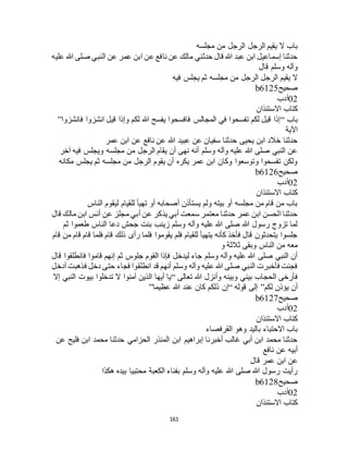 161
‫مجلسه‬ ‫من‬ ‫الرجل‬ ‫الرجل‬ ‫يقيم‬ ‫ال‬ ‫باب‬
‫عليه‬ ‫هللا‬ ‫صلى‬ ‫النبي‬ ‫عن‬ ‫عمر‬ ‫ابن‬ ‫عن‬ ‫نافع‬ ‫عن‬ ‫مالك‬ ‫حدثني‬ ‫قال‬ ‫هللا‬ ‫عبد‬ ‫ابن‬ ‫إسماعيل‬ ‫حدثنا‬
‫قال‬ ‫وسلم‬ ‫وآله‬
‫فيه‬ ‫يجلس‬ ‫ثم‬ ‫مجلسه‬ ‫من‬ ‫الرجل‬ ‫الرجل‬ ‫يقيم‬ ‫ال‬
‫صحيح‬b6125
02‫أدب‬
‫االستئذان‬ ‫كتاب‬
‫باب‬“‫فانشزوا‬ ‫انشزوا‬ ‫قيل‬ ‫وإذا‬ ‫لكم‬ ‫هللا‬ ‫يفسح‬ ‫فافسحوا‬ ‫المجالس‬ ‫في‬ ‫تفسحوا‬ ‫لكم‬ ‫قيل‬ ‫إذا‬”
‫اآلية‬
‫عمر‬ ‫ابن‬ ‫عن‬ ‫نافع‬ ‫عن‬ ‫هللا‬ ‫عبيد‬ ‫عن‬ ‫سفيان‬ ‫حدثنا‬ ‫يحيى‬ ‫ابن‬ ‫خالد‬ ‫حدثنا‬
‫آخ‬ ‫فيه‬ ‫ويجلس‬ ‫مجلسه‬ ‫من‬ ‫الرجل‬ ‫يقام‬ ‫أن‬ ‫نهى‬ ‫أنه‬ ‫وسلم‬ ‫وآله‬ ‫عليه‬ ‫هللا‬ ‫صلى‬ ‫النبي‬ ‫عن‬‫ر‬
‫مكانه‬ ‫يجلس‬ ‫ثم‬ ‫مجلسه‬ ‫من‬ ‫الرجل‬ ‫يقوم‬ ‫أن‬ ‫يكره‬ ‫عمر‬ ‫ابن‬ ‫وكان‬ ‫وتوسعوا‬ ‫تفسحوا‬ ‫ولكن‬
‫صحيح‬b6126
02‫أدب‬
‫االستئذان‬ ‫كتاب‬
‫الناس‬ ‫ليقوم‬ ‫للقيام‬ ‫تهيأ‬ ‫أو‬ ‫أصحابه‬ ‫يستأذن‬ ‫ولم‬ ‫بيته‬ ‫أو‬ ‫مجلسه‬ ‫من‬ ‫قام‬ ‫من‬ ‫باب‬
‫مالك‬ ‫ابن‬ ‫أنس‬ ‫عن‬ ‫مجلز‬ ‫أبي‬ ‫عن‬ ‫يذكر‬ ‫أبي‬ ‫سمعت‬ ‫معتمر‬ ‫حدثنا‬ ‫عمر‬ ‫ابن‬ ‫الحسن‬ ‫حدثنا‬‫قال‬
‫ثم‬ ‫طعموا‬ ‫الناس‬ ‫دعا‬ ‫جحش‬ ‫بنت‬ ‫زينب‬ ‫وسلم‬ ‫وآله‬ ‫عليه‬ ‫هللا‬ ‫صلى‬ ‫هللا‬ ‫رسول‬ ‫تزوج‬ ‫لما‬
‫قام‬ ‫من‬ ‫قام‬ ‫قام‬ ‫فلما‬ ‫قام‬ ‫ذلك‬ ‫رأى‬ ‫فلما‬ ‫يقوموا‬ ‫فلم‬ ‫للقيام‬ ‫يتهيأ‬ ‫كأنه‬ ‫فأخذ‬ ‫قال‬ ‫يتحدثون‬ ‫جلسوا‬
‫و‬ ‫ثالثة‬ ‫وبقى‬ ‫الناس‬ ‫من‬ ‫معه‬
‫ثم‬ ‫جلوس‬ ‫القوم‬ ‫فإذا‬ ‫ليدخل‬ ‫جاء‬ ‫وسلم‬ ‫وآله‬ ‫عليه‬ ‫هللا‬ ‫صلى‬ ‫النبي‬ ‫أن‬‫قال‬ ‫فانطلقوا‬ ‫قاموا‬ ‫إنهم‬
‫أدخل‬ ‫فذهبت‬ ‫دخل‬ ‫حتى‬ ‫فجاء‬ ‫انطلقوا‬ ‫قد‬ ‫أنهم‬ ‫وسلم‬ ‫وآله‬ ‫عليه‬ ‫هللا‬ ‫صلى‬ ‫النبي‬ ‫فأخبرت‬ ‫فجئت‬
‫تعالى‬ ‫هللا‬ ‫وأنزل‬ ‫وبينه‬ ‫بيني‬ ‫الحجاب‬ ‫فأرخى‬“‫إال‬ ‫النبي‬ ‫بيوت‬ ‫تدخلوا‬ ‫ال‬ ‫آمنوا‬ ‫الذين‬ ‫أيها‬ ‫يا‬
‫لكم‬ ‫يؤذن‬ ‫أن‬”‫قوله‬ ‫إلى‬“‫عظيما‬ ‫هللا‬ ‫عند‬ ‫كان‬ ‫ذلكم‬ ‫إن‬”
‫صحيح‬b6127
02‫أدب‬
‫االستئذان‬ ‫كتاب‬
‫القرفصاء‬ ‫وهو‬ ‫باليد‬ ‫االحتباء‬ ‫باب‬
‫عن‬ ‫فليح‬ ‫ابن‬ ‫محمد‬ ‫حدثنا‬ ‫الحزامي‬ ‫المنذر‬ ‫ابن‬ ‫إبراهيم‬ ‫أخبرنا‬ ‫غالب‬ ‫أبي‬ ‫ابن‬ ‫محمد‬ ‫حدثنا‬
‫نافع‬ ‫عن‬ ‫أبيه‬
‫قال‬ ‫عمر‬ ‫ابن‬ ‫عن‬
‫هكذا‬ ‫بيده‬ ‫محتبيا‬ ‫الكعبة‬ ‫بفناء‬ ‫وسلم‬ ‫وآله‬ ‫عليه‬ ‫هللا‬ ‫صلى‬ ‫هللا‬ ‫رسول‬ ‫رأيت‬
‫صحيح‬b6128
02‫أدب‬
‫اال‬ ‫كتاب‬‫ستئذان‬
 