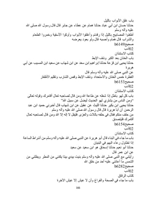 166
‫بالليل‬ ‫األبواب‬ ‫غلق‬ ‫باب‬
‫هللا‬ ‫صلى‬ ‫هللا‬ ‫رسول‬ ‫قال‬ ‫قال‬ ‫جابر‬ ‫عن‬ ‫عطاء‬ ‫عن‬ ‫همام‬ ‫حدثنا‬ ‫عباد‬ ‫أبي‬ ‫ابن‬ ‫حسان‬ ‫حدثنا‬
‫وسلم‬ ‫وآله‬ ‫عليه‬
‫وأوكوا‬ ‫األبواب‬ ‫وأغلقوا‬ ‫رقدتم‬ ‫إذا‬ ‫بالليل‬ ‫المصابيح‬ ‫أطفئوا‬‫الطعام‬ ‫وخمروا‬ ‫األسقية‬
‫يعرضه‬ ‫بعود‬ ‫ولو‬ ‫قال‬ ‫وأحسبه‬ ‫همام‬ ‫قال‬ ‫والشراب‬
‫صحيح‬b6149
02‫أدب‬
‫االستئذان‬ ‫كتاب‬
‫اإلبط‬ ‫ونتف‬ ‫الكبر‬ ‫بعد‬ ‫الختان‬ ‫باب‬
‫أبي‬ ‫عن‬ ‫المسيب‬ ‫ابن‬ ‫سعيد‬ ‫عن‬ ‫شهاب‬ ‫ابن‬ ‫عن‬ ‫سعد‬ ‫ابن‬ ‫إبراهيم‬ ‫حدثنا‬ ‫قزعة‬ ‫ابن‬ ‫يحيى‬ ‫حدثنا‬
‫هريرة‬
‫قال‬ ‫وسلم‬ ‫وآله‬ ‫عليه‬ ‫هللا‬ ‫صلى‬ ‫النبي‬ ‫عن‬
‫ال‬‫األظفار‬ ‫وتقليم‬ ‫الشارب‬ ‫وقص‬ ‫اإلبط‬ ‫ونتف‬ ‫واالستحداد‬ ‫الختان‬ ‫خمس‬ ‫فطرة‬
‫صحيح‬b6153
02‫أدب‬
‫االستئذان‬ ‫كتاب‬
‫تعالى‬ ‫وقوله‬ ‫أقامرك‬ ‫تعال‬ ‫لصاحبه‬ ‫قال‬ ‫ومن‬ ‫هللا‬ ‫طاعة‬ ‫عن‬ ‫شغله‬ ‫إذا‬ ‫باطل‬ ‫لهو‬ ‫كل‬ ‫باب‬
“‫هللا‬ ‫سبيل‬ ‫عن‬ ‫ليضل‬ ‫الحديث‬ ‫لهو‬ ‫يشتري‬ ‫من‬ ‫الناس‬ ‫ومن‬”
‫عن‬ ‫الليث‬ ‫حدثنا‬ ‫بكير‬ ‫ابن‬ ‫يحيى‬ ‫حدثنا‬‫عبد‬ ‫ابن‬ ‫حميد‬ ‫أخبرني‬ ‫قال‬ ‫شهاب‬ ‫ابن‬ ‫عن‬ ‫عقيل‬
‫وسلم‬ ‫وآله‬ ‫عليه‬ ‫هللا‬ ‫صلى‬ ‫هللا‬ ‫رسول‬ ‫قال‬ ‫قال‬ ‫هريرة‬ ‫أبا‬ ‫أن‬ ‫الرحمن‬
‫تعال‬ ‫لصاحبه‬ ‫قال‬ ‫ومن‬ ‫هللا‬ ‫إال‬ ‫إله‬ ‫ال‬ ‫فليقل‬ ‫والعزى‬ ‫بالالت‬ ‫حلفه‬ ‫في‬ ‫فقال‬ ‫منكم‬ ‫حلف‬ ‫من‬
‫فليتصدق‬ ‫أقامرك‬
‫صحيح‬b6154
02‫أدب‬
‫االستئذان‬ ‫كتاب‬
‫قا‬ ‫البناء‬ ‫في‬ ‫جاء‬ ‫ما‬ ‫باب‬‫الساعة‬ ‫أشراط‬ ‫من‬ ‫وسلم‬ ‫وآله‬ ‫عليه‬ ‫هللا‬ ‫صلى‬ ‫النبي‬ ‫عن‬ ‫هريرة‬ ‫أبو‬ ‫ل‬
‫البنيان‬ ‫في‬ ‫البهم‬ ‫رعاء‬ ‫تطاول‬ ‫إذا‬
‫سعيد‬ ‫عن‬ ‫سعيد‬ ‫ابن‬ ‫هو‬ ‫إسحاق‬ ‫حدثنا‬ ‫نعيم‬ ‫أبو‬ ‫حدثنا‬
‫قال‬ ‫عمر‬ ‫ابن‬ ‫عن‬
‫من‬ ‫ويظلني‬ ‫المطر‬ ‫من‬ ‫يكنني‬ ‫بيتا‬ ‫بيدي‬ ‫بنيت‬ ‫وسلم‬ ‫وآله‬ ‫عليه‬ ‫هللا‬ ‫صلى‬ ‫النبي‬ ‫مع‬ ‫رأيتني‬
‫علي‬ ‫أعانني‬ ‫ما‬ ‫الشمس‬‫هللا‬ ‫خلق‬ ‫من‬ ‫أحد‬ ‫ه‬
‫صحيح‬b6282
02‫أدب‬
‫الرقاق‬ ‫كتاب‬
‫اآلخرة‬ ‫عيش‬ ‫إال‬ ‫عيش‬ ‫ال‬ ‫وأن‬ ‫والفراغ‬ ‫الصحة‬ ‫في‬ ‫جاء‬ ‫ما‬ ‫باب‬
 