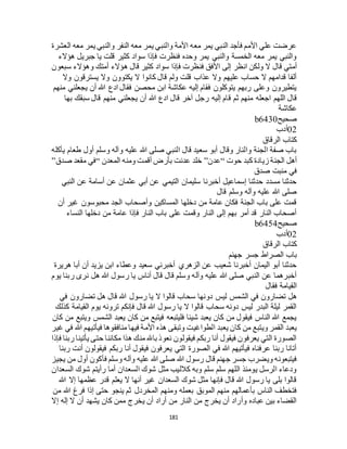 181
‫العشرة‬ ‫معه‬ ‫يمر‬ ‫والنبي‬ ‫النفر‬ ‫معه‬ ‫يمر‬ ‫والنبي‬ ‫األمة‬ ‫معه‬ ‫يمر‬ ‫النبي‬ ‫فأجد‬ ‫األمم‬ ‫علي‬ ‫عرضت‬
‫هؤالء‬ ‫جبريل‬ ‫يا‬ ‫قلت‬ ‫كثير‬ ‫سواد‬ ‫فإذا‬ ‫فنظرت‬ ‫وحده‬ ‫يمر‬ ‫والنبي‬ ‫الخمسة‬ ‫معه‬ ‫يمر‬ ‫والنبي‬
‫قال‬ ‫أمتي‬‫سبعون‬ ‫وهؤالء‬ ‫أمتك‬ ‫هؤالء‬ ‫قال‬ ‫كثير‬ ‫سواد‬ ‫فإذا‬ ‫فنظرت‬ ‫األفق‬ ‫إلى‬ ‫انظر‬ ‫ولكن‬ ‫ال‬
‫وال‬ ‫يسترقون‬ ‫وال‬ ‫يكتوون‬ ‫ال‬ ‫كانوا‬ ‫قال‬ ‫ولم‬ ‫قلت‬ ‫عذاب‬ ‫وال‬ ‫عليهم‬ ‫حساب‬ ‫ال‬ ‫قدامهم‬ ‫ألفا‬
‫منهم‬ ‫يجعلني‬ ‫أن‬ ‫هللا‬ ‫ادع‬ ‫فقال‬ ‫محصن‬ ‫ابن‬ ‫عكاشة‬ ‫إليه‬ ‫فقام‬ ‫يتوكلون‬ ‫ربهم‬ ‫وعلى‬ ‫يتطيرون‬
‫ق‬ ‫ثم‬ ‫منهم‬ ‫اجعله‬ ‫اللهم‬ ‫قال‬‫بها‬ ‫سبقك‬ ‫قال‬ ‫منهم‬ ‫يجعلني‬ ‫أن‬ ‫هللا‬ ‫ادع‬ ‫قال‬ ‫آخر‬ ‫رجل‬ ‫إليه‬ ‫ام‬
‫عكاشة‬
‫صحيح‬b6430
02‫أدب‬
‫الرقاق‬ ‫كتاب‬
‫يأكله‬ ‫طعام‬ ‫أول‬ ‫وسلم‬ ‫وآله‬ ‫عليه‬ ‫هللا‬ ‫صلى‬ ‫النبي‬ ‫قال‬ ‫سعيد‬ ‫أبو‬ ‫وقال‬ ‫والنار‬ ‫الجنة‬ ‫صفة‬ ‫باب‬
‫حوت‬ ‫كبد‬ ‫زيادة‬ ‫الجنة‬ ‫أهل‬“‫عدن‬”‫المعدن‬ ‫ومنه‬ ‫أقمت‬ ‫بأرض‬ ‫عدنت‬ ‫خلد‬“‫صدق‬ ‫مقعد‬ ‫في‬”
‫منب‬ ‫في‬‫صدق‬ ‫ت‬
‫النبي‬ ‫عن‬ ‫أسامة‬ ‫عن‬ ‫عثمان‬ ‫أبي‬ ‫عن‬ ‫التيمي‬ ‫سليمان‬ ‫أخبرنا‬ ‫إسماعيل‬ ‫حدثنا‬ ‫مسدد‬ ‫حدثنا‬
‫قال‬ ‫وسلم‬ ‫وآله‬ ‫عليه‬ ‫هللا‬ ‫صلى‬
‫أن‬ ‫غير‬ ‫محبوسون‬ ‫الجد‬ ‫وأصحاب‬ ‫المساكين‬ ‫دخلها‬ ‫من‬ ‫عامة‬ ‫فكان‬ ‫الجنة‬ ‫باب‬ ‫على‬ ‫قمت‬
‫دخلها‬ ‫من‬ ‫عامة‬ ‫فإذا‬ ‫النار‬ ‫باب‬ ‫على‬ ‫وقمت‬ ‫النار‬ ‫إلى‬ ‫بهم‬ ‫أمر‬ ‫قد‬ ‫النار‬ ‫أصحاب‬‫النساء‬
‫صحيح‬b6454
02‫أدب‬
‫الرقاق‬ ‫كتاب‬
‫جهنم‬ ‫جسر‬ ‫الصراط‬ ‫باب‬
‫هريرة‬ ‫أبا‬ ‫أن‬ ‫يزيد‬ ‫ابن‬ ‫وعطاء‬ ‫سعيد‬ ‫أخبرني‬ ‫الزهري‬ ‫عن‬ ‫شعيب‬ ‫أخبرنا‬ ‫اليمان‬ ‫أبو‬ ‫حدثنا‬
‫يوم‬ ‫ربنا‬ ‫نرى‬ ‫هل‬ ‫هللا‬ ‫رسول‬ ‫يا‬ ‫أناس‬ ‫قال‬ ‫قال‬ ‫وسلم‬ ‫وآله‬ ‫عليه‬ ‫هللا‬ ‫صلى‬ ‫النبي‬ ‫عن‬ ‫أخبرهما‬
‫فقال‬ ‫القيامة‬
‫دو‬ ‫ليس‬ ‫الشمس‬ ‫في‬ ‫تضارون‬ ‫هل‬‫في‬ ‫تضارون‬ ‫هل‬ ‫قال‬ ‫هللا‬ ‫رسول‬ ‫يا‬ ‫ال‬ ‫قالوا‬ ‫سحاب‬ ‫نها‬
‫كذلك‬ ‫القيامة‬ ‫يوم‬ ‫ترونه‬ ‫فإنكم‬ ‫قال‬ ‫هللا‬ ‫رسول‬ ‫يا‬ ‫ال‬ ‫قالوا‬ ‫سحاب‬ ‫دونه‬ ‫ليس‬ ‫البدر‬ ‫ليلة‬ ‫القمر‬
‫كان‬ ‫من‬ ‫ويتبع‬ ‫الشمس‬ ‫يعبد‬ ‫كان‬ ‫من‬ ‫فيتبع‬ ‫فليتبعه‬ ‫شيئا‬ ‫يعبد‬ ‫كان‬ ‫من‬ ‫فيقول‬ ‫الناس‬ ‫هللا‬ ‫يجمع‬
‫الطواغيت‬ ‫يعبد‬ ‫كان‬ ‫من‬ ‫ويتبع‬ ‫القمر‬ ‫يعبد‬‫غير‬ ‫في‬ ‫هللا‬ ‫فيأتيهم‬ ‫منافقوها‬ ‫فيها‬ ‫األمة‬ ‫هذه‬ ‫وتبقى‬
‫فإذا‬ ‫ربنا‬ ‫يأتينا‬ ‫حتى‬ ‫مكاننا‬ ‫هذا‬ ‫منك‬ ‫باهلل‬ ‫نعوذ‬ ‫فيقولون‬ ‫ربكم‬ ‫أنا‬ ‫فيقول‬ ‫يعرفون‬ ‫التي‬ ‫الصورة‬
‫ربنا‬ ‫أنت‬ ‫فيقولون‬ ‫ربكم‬ ‫أنا‬ ‫فيقول‬ ‫يعرفون‬ ‫التي‬ ‫الصورة‬ ‫في‬ ‫هللا‬ ‫فيأتيهم‬ ‫عرفناه‬ ‫ربنا‬ ‫أتانا‬
‫رسول‬ ‫قال‬ ‫جهنم‬ ‫جسر‬ ‫ويضرب‬ ‫فيتبعونه‬‫يجيز‬ ‫من‬ ‫أول‬ ‫فأكون‬ ‫وسلم‬ ‫وآله‬ ‫عليه‬ ‫هللا‬ ‫صلى‬ ‫هللا‬
‫السعدان‬ ‫شوك‬ ‫رأيتم‬ ‫أما‬ ‫السعدان‬ ‫شوك‬ ‫مثل‬ ‫كالليب‬ ‫وبه‬ ‫سلم‬ ‫سلم‬ ‫اللهم‬ ‫يومئذ‬ ‫الرسل‬ ‫ودعاء‬
‫هللا‬ ‫إال‬ ‫عظمها‬ ‫قدر‬ ‫يعلم‬ ‫ال‬ ‫أنها‬ ‫غير‬ ‫السعدان‬ ‫شوك‬ ‫مثل‬ ‫فإنها‬ ‫قال‬ ‫هللا‬ ‫رسول‬ ‫يا‬ ‫بلى‬ ‫قالوا‬
‫ومن‬ ‫بعمله‬ ‫الموبق‬ ‫منهم‬ ‫بأعمالهم‬ ‫الناس‬ ‫فتخطف‬‫من‬ ‫هللا‬ ‫فرغ‬ ‫إذا‬ ‫حتى‬ ‫ينجو‬ ‫ثم‬ ‫المخردل‬ ‫هم‬
‫إال‬ ‫إله‬ ‫ال‬ ‫أن‬ ‫يشهد‬ ‫كان‬ ‫ممن‬ ‫يخرج‬ ‫أن‬ ‫أراد‬ ‫من‬ ‫النار‬ ‫من‬ ‫يخرج‬ ‫أن‬ ‫وأراد‬ ‫عباده‬ ‫بين‬ ‫القضاء‬
 