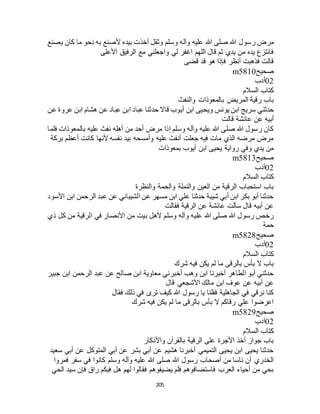 205
‫رسول‬ ‫مرض‬‫يصنع‬ ‫كان‬ ‫ما‬ ‫نحو‬ ‫به‬ ‫ألصنع‬ ‫بيده‬ ‫أخذت‬ ‫وثقل‬ ‫وسلم‬ ‫وآله‬ ‫عليه‬ ‫هللا‬ ‫صلى‬ ‫هللا‬
‫األعلى‬ ‫الرفيق‬ ‫مع‬ ‫واجعلني‬ ‫لي‬ ‫اغفر‬ ‫اللهم‬ ‫قال‬ ‫ثم‬ ‫يدي‬ ‫من‬ ‫يده‬ ‫فانتزع‬
‫قضى‬ ‫قد‬ ‫هو‬ ‫فإذا‬ ‫أنظر‬ ‫فذهبت‬ ‫قالت‬
‫صحيح‬m5810
02‫أدب‬
‫السالم‬ ‫كتاب‬
‫والنفث‬ ‫بالمعوذات‬ ‫المريض‬ ‫رقية‬ ‫باب‬
‫ابن‬ ‫ويحيى‬ ‫يونس‬ ‫ابن‬ ‫سريج‬ ‫حدثني‬‫عن‬ ‫عروة‬ ‫ابن‬ ‫هشام‬ ‫عن‬ ‫عباد‬ ‫ابن‬ ‫عباد‬ ‫حدثنا‬ ‫قاال‬ ‫أيوب‬
‫قالت‬ ‫عائشة‬ ‫عن‬ ‫أبيه‬
‫فلما‬ ‫بالمعوذات‬ ‫عليه‬ ‫نفث‬ ‫أهله‬ ‫من‬ ‫أحد‬ ‫مرض‬ ‫إذا‬ ‫وسلم‬ ‫وآله‬ ‫عليه‬ ‫هللا‬ ‫صلى‬ ‫هللا‬ ‫رسول‬ ‫كان‬
‫بركة‬ ‫أعظم‬ ‫كانت‬ ‫ألنها‬ ‫نفسه‬ ‫بيد‬ ‫وأمسحه‬ ‫عليه‬ ‫أنفث‬ ‫جعلت‬ ‫فيه‬ ‫مات‬ ‫الذي‬ ‫مرضه‬ ‫مرض‬
‫أيوب‬ ‫ابن‬ ‫يحيى‬ ‫رواية‬ ‫وفي‬ ‫يدي‬ ‫من‬‫بمعوذات‬
‫صحيح‬m5813
02‫أدب‬
‫السالم‬ ‫كتاب‬
‫والنظرة‬ ‫والحمة‬ ‫والنملة‬ ‫العين‬ ‫من‬ ‫الرقية‬ ‫استحباب‬ ‫باب‬
‫األسود‬ ‫ابن‬ ‫الرحمن‬ ‫عبد‬ ‫عن‬ ‫الشيباني‬ ‫عن‬ ‫مسهر‬ ‫ابن‬ ‫علي‬ ‫حدثنا‬ ‫شيبة‬ ‫أبي‬ ‫ابن‬ ‫بكر‬ ‫أبو‬ ‫حدثنا‬
‫فقالت‬ ‫الرقية‬ ‫عن‬ ‫عائشة‬ ‫سألت‬ ‫قال‬ ‫أبيه‬ ‫عن‬
‫ألهل‬ ‫وسلم‬ ‫وآله‬ ‫عليه‬ ‫هللا‬ ‫صلى‬ ‫هللا‬ ‫رسول‬ ‫رخص‬‫ذي‬ ‫كل‬ ‫من‬ ‫الرقية‬ ‫في‬ ‫األنصار‬ ‫من‬ ‫بيت‬
‫حمة‬
‫صحيح‬m5828
02‫أدب‬
‫السالم‬ ‫كتاب‬
‫شرك‬ ‫فيه‬ ‫يكن‬ ‫لم‬ ‫ما‬ ‫بالرقى‬ ‫بأس‬ ‫ال‬ ‫باب‬
‫جبير‬ ‫ابن‬ ‫الرحمن‬ ‫عبد‬ ‫عن‬ ‫صالح‬ ‫ابن‬ ‫معاوية‬ ‫أخبرني‬ ‫وهب‬ ‫ابن‬ ‫أخبرنا‬ ‫الطاهر‬ ‫أبو‬ ‫حدثني‬
‫قال‬ ‫األشجعي‬ ‫مالك‬ ‫ابن‬ ‫عوف‬ ‫عن‬ ‫أبيه‬ ‫عن‬
‫هللا‬ ‫رسول‬ ‫يا‬ ‫فقلنا‬ ‫الجاهلية‬ ‫في‬ ‫نرقي‬ ‫كنا‬‫فقال‬ ‫ذلك‬ ‫في‬ ‫ترى‬ ‫كيف‬
‫شرك‬ ‫فيه‬ ‫يكن‬ ‫لم‬ ‫ما‬ ‫بالرقى‬ ‫بأس‬ ‫ال‬ ‫رقاكم‬ ‫علي‬ ‫اعرضوا‬
‫صحيح‬m5829
02‫أدب‬
‫السالم‬ ‫كتاب‬
‫واألذكار‬ ‫بالقرآن‬ ‫الرقية‬ ‫على‬ ‫األجرة‬ ‫أخذ‬ ‫جواز‬ ‫باب‬
‫سعيد‬ ‫أبي‬ ‫عن‬ ‫المتوكل‬ ‫أبي‬ ‫عن‬ ‫بشر‬ ‫أبي‬ ‫عن‬ ‫هشيم‬ ‫أخبرنا‬ ‫التميمي‬ ‫يحيى‬ ‫ابن‬ ‫يحيى‬ ‫حدثنا‬
‫هللا‬ ‫رسول‬ ‫أصحاب‬ ‫من‬ ‫ناسا‬ ‫أن‬ ‫الخدري‬‫فمروا‬ ‫سفر‬ ‫في‬ ‫كانوا‬ ‫وسلم‬ ‫وآله‬ ‫عليه‬ ‫هللا‬ ‫صلى‬
‫الحي‬ ‫سيد‬ ‫فإن‬ ‫راق‬ ‫فيكم‬ ‫هل‬ ‫لهم‬ ‫فقالوا‬ ‫يضيفوهم‬ ‫فلم‬ ‫فاستضافوهم‬ ‫العرب‬ ‫أحياء‬ ‫من‬ ‫بحي‬
 