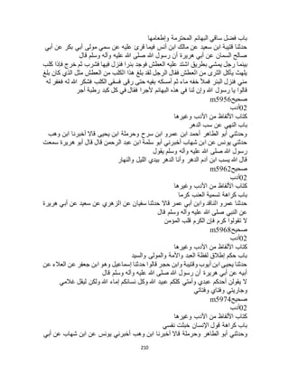 210
‫وإطعامها‬ ‫المحترمة‬ ‫البهائم‬ ‫ساقي‬ ‫فضل‬ ‫باب‬
‫أبي‬ ‫عن‬ ‫بكر‬ ‫أبي‬ ‫مولى‬ ‫سمي‬ ‫عن‬ ‫عليه‬ ‫قرئ‬ ‫فيما‬ ‫أنس‬ ‫ابن‬ ‫مالك‬ ‫عن‬ ‫سعيد‬ ‫ابن‬ ‫قتيبة‬ ‫حدثنا‬
‫قال‬ ‫وسلم‬ ‫وآله‬ ‫عليه‬ ‫هللا‬ ‫صلى‬ ‫هللا‬ ‫رسول‬ ‫أن‬ ‫هريرة‬ ‫أبي‬ ‫عن‬ ‫السمان‬ ‫صالح‬
‫بينم‬‫كلب‬ ‫فإذا‬ ‫خرج‬ ‫ثم‬ ‫فشرب‬ ‫فيها‬ ‫فنزل‬ ‫بئرا‬ ‫فوجد‬ ‫العطش‬ ‫عليه‬ ‫اشتد‬ ‫بطريق‬ ‫يمشي‬ ‫رجل‬ ‫ا‬
‫بلغ‬ ‫كان‬ ‫الذي‬ ‫مثل‬ ‫العطش‬ ‫من‬ ‫الكلب‬ ‫هذا‬ ‫بلغ‬ ‫لقد‬ ‫الرجل‬ ‫فقال‬ ‫العطش‬ ‫من‬ ‫الثرى‬ ‫يأكل‬ ‫يلهث‬
‫له‬ ‫فغفر‬ ‫له‬ ‫هللا‬ ‫فشكر‬ ‫الكلب‬ ‫فسقى‬ ‫رقى‬ ‫حتى‬ ‫بفيه‬ ‫أمسكه‬ ‫ثم‬ ‫ماء‬ ‫خفه‬ ‫فمأل‬ ‫البئر‬ ‫فنزل‬ ‫مني‬
‫و‬ ‫هللا‬ ‫رسول‬ ‫يا‬ ‫قالوا‬‫أجر‬ ‫رطبة‬ ‫كبد‬ ‫كل‬ ‫في‬ ‫فقال‬ ‫ألجرا‬ ‫البهائم‬ ‫هذه‬ ‫في‬ ‫لنا‬ ‫إن‬
‫صحيح‬m5956
02‫أدب‬
‫وغيرها‬ ‫األدب‬ ‫من‬ ‫األلفاظ‬ ‫كتاب‬
‫الدهر‬ ‫سب‬ ‫عن‬ ‫النهي‬ ‫باب‬
‫وهب‬ ‫ابن‬ ‫أخبرنا‬ ‫قاال‬ ‫يحيى‬ ‫ابن‬ ‫وحرملة‬ ‫سرح‬ ‫ابن‬ ‫عمرو‬ ‫ابن‬ ‫أحمد‬ ‫الطاهر‬ ‫أبو‬ ‫وحدثني‬
‫قال‬ ‫قال‬ ‫الرحمن‬ ‫عبد‬ ‫ابن‬ ‫سلمة‬ ‫أبو‬ ‫أخبرني‬ ‫شهاب‬ ‫ابن‬ ‫عن‬ ‫يونس‬ ‫حدثني‬‫سمعت‬ ‫هريرة‬ ‫أبو‬
‫يقول‬ ‫وسلم‬ ‫وآله‬ ‫عليه‬ ‫هللا‬ ‫صلى‬ ‫هللا‬ ‫رسول‬
‫والنهار‬ ‫الليل‬ ‫بيدي‬ ‫الدهر‬ ‫وأنا‬ ‫الدهر‬ ‫آدم‬ ‫ابن‬ ‫يسب‬ ‫هللا‬ ‫قال‬
‫صحيح‬m5962
02‫أدب‬
‫وغيرها‬ ‫األدب‬ ‫من‬ ‫األلفاظ‬ ‫كتاب‬
‫كرما‬ ‫العنب‬ ‫تسمية‬ ‫كراهة‬ ‫باب‬
‫أب‬ ‫عن‬ ‫سعيد‬ ‫عن‬ ‫الزهري‬ ‫عن‬ ‫سفيان‬ ‫حدثنا‬ ‫قاال‬ ‫عمر‬ ‫أبي‬ ‫وابن‬ ‫الناقد‬ ‫عمرو‬ ‫حدثنا‬‫هريرة‬ ‫ي‬
‫قال‬ ‫وسلم‬ ‫وآله‬ ‫عليه‬ ‫هللا‬ ‫صلى‬ ‫النبي‬ ‫عن‬
‫المؤمن‬ ‫قلب‬ ‫الكرم‬ ‫فإن‬ ‫كرم‬ ‫تقولوا‬ ‫ال‬
‫صحيح‬m5968
02‫أدب‬
‫وغيرها‬ ‫األدب‬ ‫من‬ ‫األلفاظ‬ ‫كتاب‬
‫والسيد‬ ‫والمولى‬ ‫واألمة‬ ‫العبد‬ ‫لفظة‬ ‫إطالق‬ ‫حكم‬ ‫باب‬
‫عن‬ ‫العالء‬ ‫عن‬ ‫جعفر‬ ‫ابن‬ ‫وهو‬ ‫إسماعيل‬ ‫حدثنا‬ ‫قالوا‬ ‫حجر‬ ‫وابن‬ ‫وقتيبة‬ ‫أيوب‬ ‫ابن‬ ‫يحيى‬ ‫حدثنا‬
‫قال‬ ‫وسلم‬ ‫وآله‬ ‫عليه‬ ‫هللا‬ ‫صلى‬ ‫هللا‬ ‫رسول‬ ‫أن‬ ‫هريرة‬ ‫أبي‬ ‫عن‬ ‫أبيه‬
‫غالمي‬ ‫ليقل‬ ‫ولكن‬ ‫هللا‬ ‫إماء‬ ‫نسائكم‬ ‫وكل‬ ‫هللا‬ ‫عبيد‬ ‫كلكم‬ ‫وأمتي‬ ‫عبدي‬ ‫أحدكم‬ ‫يقولن‬ ‫ال‬
‫وفتاتي‬ ‫وفتاي‬ ‫وجاريتي‬
‫صحيح‬m5974
02‫أدب‬
‫وغيرها‬ ‫األدب‬ ‫من‬ ‫األلفاظ‬ ‫كتاب‬
‫نفسي‬ ‫خبثت‬ ‫اإلنسان‬ ‫قول‬ ‫كراهة‬ ‫باب‬
‫وح‬ ‫الطاهر‬ ‫أبو‬ ‫وحدثني‬‫أبي‬ ‫عن‬ ‫شهاب‬ ‫ابن‬ ‫عن‬ ‫يونس‬ ‫أخبرني‬ ‫وهب‬ ‫ابن‬ ‫أخبرنا‬ ‫قاال‬ ‫رملة‬
 