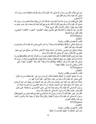 31
‫هللا‬ ‫رسول‬ ‫بنت‬ ‫وفاطمة‬ ‫طرقه‬ ‫وسلم‬ ‫وآله‬ ‫عليه‬ ‫هللا‬ ‫صلى‬ ‫هللا‬ ‫رسول‬ ‫إن‬ ‫قال‬ ‫طالب‬ ‫أبي‬ ‫ابن‬
‫لهم‬ ‫فقال‬ ‫وسلم‬ ‫وآله‬ ‫عليه‬ ‫هللا‬ ‫صلى‬
‫تصلون‬ ‫أال‬
‫أ‬ ‫إنما‬ ‫هللا‬ ‫رسول‬ ‫يا‬ ‫فقلت‬ ‫علي‬ ‫فقال‬‫هللا‬ ‫رسول‬ ‫فانصرف‬ ‫بعثنا‬ ‫يبعثنا‬ ‫أن‬ ‫شاء‬ ‫فإذا‬ ‫هللا‬ ‫بيد‬ ‫نفسنا‬
‫يضرب‬ ‫مدبر‬ ‫وهو‬ ‫سمعه‬ ‫ثم‬ ‫شيئا‬ ‫إليه‬ ‫يرجع‬ ‫ولم‬ ‫ذلك‬ ‫له‬ ‫قال‬ ‫حين‬ ‫وسلم‬ ‫وآله‬ ‫عليه‬ ‫هللا‬ ‫صلى‬
‫يقول‬ ‫وهو‬ ‫فخذه‬“‫جدال‬ ‫شيء‬ ‫أكثر‬ ‫اإلنسان‬ ‫وكان‬”
‫ويقال‬ ‫طارق‬ ‫فهو‬ ‫ليال‬ ‫أتاك‬ ‫ما‬ ‫يقال‬ ‫هللا‬ ‫عبد‬ ‫أبو‬ ‫قال‬“‫الطارق‬”‫و‬ ‫النجم‬“‫الثاقب‬”‫المضيء‬
‫للموقد‬ ‫نارك‬ ‫أثقب‬ ‫يقال‬
‫صحيح‬b7239
01‫إيمان‬
‫والسنة‬ ‫بالكتاب‬ ‫االعتصام‬ ‫كتاب‬
‫تعالى‬ ‫قوله‬ ‫باب‬“‫وسطا‬ ‫أمة‬ ‫جعلناكم‬ ‫وكذلك‬”‫بلزوم‬ ‫وسلم‬ ‫وآله‬ ‫عليه‬ ‫هللا‬ ‫صلى‬ ‫النبي‬ ‫أمر‬ ‫وما‬
‫العلم‬ ‫أهل‬ ‫وهم‬ ‫الجماعة‬
‫س‬ ‫أبي‬ ‫عن‬ ‫صالح‬ ‫أبو‬ ‫حدثنا‬ ‫األعمش‬ ‫حدثنا‬ ‫أسامة‬ ‫أبو‬ ‫حدثنا‬ ‫منصور‬ ‫ابن‬ ‫إسحاق‬ ‫حدثنا‬‫عيد‬
‫وسلم‬ ‫وآله‬ ‫عليه‬ ‫هللا‬ ‫صلى‬ ‫هللا‬ ‫رسول‬ ‫قال‬ ‫قال‬ ‫الخدري‬
‫ما‬ ‫فيقولون‬ ‫بلغكم‬ ‫هل‬ ‫أمته‬ ‫فتسأل‬ ‫رب‬ ‫يا‬ ‫نعم‬ ‫فيقول‬ ‫بلغت‬ ‫هل‬ ‫له‬ ‫فيقال‬ ‫القيامة‬ ‫يوم‬ ‫بنوح‬ ‫يجاء‬
‫هللا‬ ‫رسول‬ ‫قرأ‬ ‫ثم‬ ‫فتشهدون‬ ‫بكم‬ ‫فيجاء‬ ‫وأمته‬ ‫محمد‬ ‫فيقول‬ ‫شهودك‬ ‫من‬ ‫فيقول‬ ‫نذير‬ ‫من‬ ‫جاءنا‬
‫وسلم‬ ‫وآله‬ ‫عليه‬ ‫هللا‬ ‫صلى‬“‫جعلن‬ ‫وكذلك‬‫وسطا‬ ‫أمة‬ ‫اكم‬”‫عدال‬ ‫قال‬“‫على‬ ‫شهداء‬ ‫لتكونوا‬
‫شهيدا‬ ‫عليكم‬ ‫الرسول‬ ‫ويكون‬ ‫الناس‬”
‫صحيح‬b7241
01‫إيمان‬
‫والسنة‬ ‫بالكتاب‬ ‫االعتصام‬ ‫كتاب‬
‫لقول‬ ‫مردود‬ ‫فحكمه‬ ‫علم‬ ‫غير‬ ‫من‬ ‫الرسول‬ ‫خالف‬ ‫فأخطأ‬ ‫الحاكم‬ ‫أو‬ ‫العامل‬ ‫اجتهد‬ ‫إذا‬ ‫باب‬
‫ف‬ ‫أمرنا‬ ‫عليه‬ ‫ليس‬ ‫عمال‬ ‫عمل‬ ‫من‬ ‫وسلم‬ ‫وآله‬ ‫عليه‬ ‫هللا‬ ‫صلى‬ ‫النبي‬‫رد‬ ‫هو‬
‫الرحمن‬ ‫عبد‬ ‫ابن‬ ‫سهيل‬ ‫ابن‬ ‫المجيد‬ ‫عبد‬ ‫عن‬ ‫بالل‬ ‫ابن‬ ‫سليمان‬ ‫عن‬ ‫أخيه‬ ‫عن‬ ‫إسماعيل‬ ‫حدثنا‬
‫أن‬ ‫حدثاه‬ ‫هريرة‬ ‫وأبا‬ ‫الخدري‬ ‫سعيد‬ ‫أبا‬ ‫أن‬ ‫يحدث‬ ‫المسيب‬ ‫ابن‬ ‫سعيد‬ ‫سمع‬ ‫أنه‬ ‫عوف‬ ‫ابن‬
‫خيبر‬ ‫على‬ ‫واستعمله‬ ‫األنصاري‬ ‫عدي‬ ‫بني‬ ‫أخا‬ ‫بعث‬ ‫وسلم‬ ‫وآله‬ ‫عليه‬ ‫هللا‬ ‫صلى‬ ‫هللا‬ ‫رسول‬
‫فقا‬ ‫جنيب‬ ‫بتمر‬ ‫فقدم‬‫وسلم‬ ‫وآله‬ ‫عليه‬ ‫هللا‬ ‫صلى‬ ‫هللا‬ ‫رسول‬ ‫له‬ ‫ل‬
‫فقال‬ ‫الجمع‬ ‫من‬ ‫بالصاعين‬ ‫الصاع‬ ‫لنشتري‬ ‫إنا‬ ‫هللا‬ ‫رسول‬ ‫يا‬ ‫وهللا‬ ‫ال‬ ‫قال‬ ‫هكذا‬ ‫خيبر‬ ‫تمر‬ ‫أكل‬
‫بثمنه‬ ‫واشتروا‬ ‫هذا‬ ‫بيعوا‬ ‫أو‬ ‫بمثل‬ ‫مثال‬ ‫ولكن‬ ‫تفعلوا‬ ‫ال‬ ‫وسلم‬ ‫وآله‬ ‫عليه‬ ‫هللا‬ ‫صلى‬ ‫هللا‬ ‫رسول‬
‫الميزان‬ ‫وكذلك‬ ‫هذا‬ ‫من‬
‫صحيح‬b7242
01‫إيمان‬
‫اال‬ ‫كتاب‬‫والسنة‬ ‫بالكتاب‬ ‫عتصام‬
‫أخطأ‬ ‫أو‬ ‫فأصاب‬ ‫اجتهد‬ ‫إذا‬ ‫الحاكم‬ ‫أجر‬ ‫باب‬
 