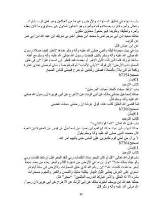 43
‫تبارك‬ ‫الرب‬ ‫فعل‬ ‫وهو‬ ‫الخالئق‬ ‫من‬ ‫وغيرها‬ ‫واألرض‬ ‫السماوات‬ ‫تخليق‬ ‫في‬ ‫جاء‬ ‫ما‬ ‫باب‬
‫ا‬ ‫الخالق‬ ‫وهو‬ ‫وأمره‬ ‫وفعله‬ ‫بصفاته‬ ‫فالرب‬ ‫وأمره‬ ‫وتعالى‬‫بفعله‬ ‫كان‬ ‫وما‬ ‫مخلوق‬ ‫غير‬ ‫لمكون‬
‫مكون‬ ‫مخلوق‬ ‫مفعول‬ ‫فهو‬ ‫وتكوينه‬ ‫وتخليقه‬ ‫وأمره‬
‫نمر‬ ‫أبي‬ ‫ابن‬ ‫هللا‬ ‫عبد‬ ‫ابن‬ ‫شريك‬ ‫أخبرني‬ ‫جعفر‬ ‫ابن‬ ‫محمد‬ ‫أخبرنا‬ ‫مريم‬ ‫أبي‬ ‫ابن‬ ‫سعيد‬ ‫حدثنا‬
‫كريب‬ ‫عن‬
‫قال‬ ‫عباس‬ ‫ابن‬ ‫عن‬
‫صالة‬ ‫كيف‬ ‫ألنظر‬ ‫عندها‬ ‫وسلم‬ ‫وآله‬ ‫عليه‬ ‫هللا‬ ‫صلى‬ ‫والنبي‬ ‫ليلة‬ ‫ميمونة‬ ‫بيت‬ ‫في‬ ‫بت‬‫رسول‬
‫أهله‬ ‫مع‬ ‫وسلم‬ ‫وآله‬ ‫عليه‬ ‫هللا‬ ‫صلى‬ ‫هللا‬ ‫رسول‬ ‫فتحدث‬ ‫بالليل‬ ‫وسلم‬ ‫وآله‬ ‫عليه‬ ‫هللا‬ ‫صلى‬ ‫هللا‬
‫فقرأ‬ ‫السماء‬ ‫إلى‬ ‫فنظر‬ ‫قعد‬ ‫بعضه‬ ‫أو‬ ‫اآلخر‬ ‫الليل‬ ‫ثلث‬ ‫كان‬ ‫فلما‬ ‫رقد‬ ‫ثم‬ ‫ساعة‬“‫خلق‬ ‫في‬ ‫إن‬
‫واألرض‬ ‫السماوات‬”‫قوله‬ ‫إلى‬“‫األلباب‬ ‫ألولي‬”‫عشرة‬ ‫إحدى‬ ‫صلى‬ ‫ثم‬ ‫واستن‬ ‫فتوضأ‬ ‫قام‬ ‫ثم‬
‫ثم‬ ‫ركعة‬‫الصبح‬ ‫للناس‬ ‫فصلى‬ ‫خرج‬ ‫ثم‬ ‫ركعتين‬ ‫فصلى‬ ‫بالصالة‬ ‫بالل‬ ‫أذن‬
‫صحيح‬b7354
01‫إيمان‬
‫التوحيد‬ ‫كتاب‬
‫باب‬“‫المرسلين‬ ‫لعبادنا‬ ‫كلمتنا‬ ‫سبقت‬ ‫ولقد‬”
‫صلى‬ ‫هللا‬ ‫رسول‬ ‫أن‬ ‫هريرة‬ ‫أبي‬ ‫عن‬ ‫األعرج‬ ‫عن‬ ‫الزناد‬ ‫أبي‬ ‫عن‬ ‫مالك‬ ‫حدثني‬ ‫إسماعيل‬ ‫حدثنا‬
‫قال‬ ‫وسلم‬ ‫وآله‬ ‫عليه‬ ‫هللا‬
‫عنده‬ ‫كتب‬ ‫الخلق‬ ‫هللا‬ ‫قضى‬ ‫لما‬‫غضبي‬ ‫سبقت‬ ‫رحمتي‬ ‫إن‬ ‫عرشه‬ ‫فوق‬
‫صحيح‬b7360
01‫إيمان‬
‫التوحيد‬ ‫كتاب‬
‫تعالى‬ ‫هللا‬ ‫قول‬ ‫باب‬“‫لشيء‬ ‫قولنا‬ ‫إنما‬”
‫شعبة‬ ‫ابن‬ ‫المغيرة‬ ‫عن‬ ‫قيس‬ ‫عن‬ ‫إسماعيل‬ ‫عن‬ ‫حميد‬ ‫ابن‬ ‫إبراهيم‬ ‫حدثنا‬ ‫عباد‬ ‫ابن‬ ‫شهاب‬ ‫حدثنا‬
‫يقول‬ ‫وسلم‬ ‫وآله‬ ‫عليه‬ ‫هللا‬ ‫صلى‬ ‫النبي‬ ‫سمعت‬ ‫قال‬
‫الن‬ ‫على‬ ‫ظاهرين‬ ‫قوم‬ ‫أمتي‬ ‫من‬ ‫يزال‬ ‫ال‬‫هللا‬ ‫أمر‬ ‫يأتيهم‬ ‫حتى‬ ‫اس‬
‫صحيح‬b7364
01‫إيمان‬
‫التوحيد‬ ‫كتاب‬
‫تعالى‬ ‫هللا‬ ‫قول‬ ‫باب‬“‫ربي‬ ‫كلمات‬ ‫تنفد‬ ‫أن‬ ‫قبل‬ ‫البحر‬ ‫لنفد‬ ‫ربي‬ ‫لكلمات‬ ‫مدادا‬ ‫البحر‬ ‫كان‬ ‫لو‬ ‫قل‬
‫مددا‬ ‫بمثله‬ ‫جئنا‬ ‫ولو‬“ ”‫سبعة‬ ‫بعده‬ ‫من‬ ‫يمده‬ ‫والبحر‬ ‫أقالم‬ ‫شجرة‬ ‫من‬ ‫األرض‬ ‫في‬ ‫ما‬ ‫أن‬ ‫ولو‬
‫هللا‬ ‫كلمات‬ ‫نفدت‬ ‫ما‬ ‫أبحر‬“ ”‫هللا‬ ‫ربكم‬ ‫إن‬‫ثم‬ ‫أيام‬ ‫ستة‬ ‫في‬ ‫واألرض‬ ‫السماوات‬ ‫خلق‬ ‫الذي‬
‫مسخرات‬ ‫والنجوم‬ ‫والقمر‬ ‫والشمس‬ ‫حثيثا‬ ‫يطلبه‬ ‫النهار‬ ‫الليل‬ ‫يغشي‬ ‫العرج‬ ‫على‬ ‫استوى‬
‫العالمين‬ ‫رب‬ ‫هللا‬ ‫تبارك‬ ‫واألمر‬ ‫الخلق‬ ‫له‬ ‫أال‬ ‫بأمره‬“ ”‫سخر‬”‫ذلل‬
‫رس‬ ‫أن‬ ‫هريرة‬ ‫أبي‬ ‫عن‬ ‫األعرج‬ ‫عن‬ ‫الزناد‬ ‫أبي‬ ‫عن‬ ‫مالك‬ ‫أخبرنا‬ ‫يوسف‬ ‫ابن‬ ‫هللا‬ ‫عبد‬ ‫حدثنا‬‫ول‬
‫قال‬ ‫وسلم‬ ‫وآله‬ ‫عليه‬ ‫هللا‬ ‫صلى‬ ‫هللا‬
 