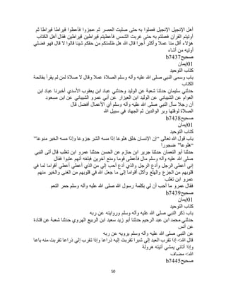 50
‫قيراطا‬ ‫قيراطا‬ ‫فأعطوا‬ ‫عجزوا‬ ‫ثم‬ ‫العصر‬ ‫صليت‬ ‫حتى‬ ‫به‬ ‫فعملوا‬ ‫اإلنجيل‬ ‫اإلنجيل‬ ‫أهل‬‫ثم‬
‫الكتاب‬ ‫أهل‬ ‫فقال‬ ‫قيراطين‬ ‫قيراطين‬ ‫فأعطيتم‬ ‫الشمس‬ ‫غربت‬ ‫حتى‬ ‫به‬ ‫فعملتم‬ ‫القرآن‬ ‫أوتيتم‬
‫فضلي‬ ‫فهو‬ ‫قال‬ ‫ال‬ ‫قالوا‬ ‫شيئا‬ ‫حقكم‬ ‫من‬ ‫ظلمتكم‬ ‫هل‬ ‫هللا‬ ‫قال‬ ‫أجرا‬ ‫وأكثر‬ ‫عمال‬ ‫منا‬ ‫أقل‬ ‫هؤالء‬
‫أشاء‬ ‫من‬ ‫أوتيه‬
‫صحيح‬b7437
01‫إيمان‬
‫التوحيد‬ ‫كتاب‬
‫وسلم‬ ‫وآله‬ ‫عليه‬ ‫هللا‬ ‫صلى‬ ‫النبي‬ ‫وسمى‬ ‫باب‬‫بفاتحة‬ ‫يقرأ‬ ‫لم‬ ‫لمن‬ ‫صالة‬ ‫ال‬ ‫وقال‬ ‫عمال‬ ‫الصالة‬
‫الكتاب‬
‫ابن‬ ‫عباد‬ ‫أخبرنا‬ ‫األسدي‬ ‫يعقوب‬ ‫ابن‬ ‫عباد‬ ‫وحدثني‬ ‫الوليد‬ ‫عن‬ ‫شعبة‬ ‫حدثنا‬ ‫سليمان‬ ‫حدثني‬
‫مسعود‬ ‫ابن‬ ‫عن‬ ‫الشيباني‬ ‫عمرو‬ ‫أبي‬ ‫عن‬ ‫العيزار‬ ‫ابن‬ ‫الوليد‬ ‫عن‬ ‫الشيباني‬ ‫عن‬ ‫العوام‬
‫األعم‬ ‫أي‬ ‫وسلم‬ ‫وآله‬ ‫عليه‬ ‫هللا‬ ‫صلى‬ ‫النبي‬ ‫سأل‬ ‫رجال‬ ‫أن‬‫قال‬ ‫أفضل‬ ‫ال‬
‫هللا‬ ‫سبيل‬ ‫في‬ ‫الجهاد‬ ‫ثم‬ ‫الوالدين‬ ‫وبر‬ ‫لوقتها‬ ‫الصالة‬
‫صحيح‬b7438
01‫إيمان‬
‫التوحيد‬ ‫كتاب‬
‫تعالى‬ ‫هللا‬ ‫قول‬ ‫باب‬“‫منوعا‬ ‫الخير‬ ‫مسه‬ ‫وإذا‬ ‫جزوعا‬ ‫الشر‬ ‫مسه‬ ‫إذا‬ ‫هلوعا‬ ‫خلق‬ ‫اإلنسان‬ ‫إن‬”
“‫هلوعا‬”‫ضجورا‬
‫تغلب‬ ‫ابن‬ ‫عمرو‬ ‫حدثنا‬ ‫الحسن‬ ‫عن‬ ‫حازم‬ ‫ابن‬ ‫جرير‬ ‫حدثنا‬ ‫النعمان‬ ‫أبو‬ ‫حدثنا‬‫النبي‬ ‫أتى‬ ‫قال‬
‫فقال‬ ‫عتبوا‬ ‫أنهم‬ ‫فبلغه‬ ‫آخرين‬ ‫ومنع‬ ‫قوما‬ ‫فأعطى‬ ‫مال‬ ‫وسلم‬ ‫وآله‬ ‫عليه‬ ‫هللا‬ ‫صلى‬
‫في‬ ‫لما‬ ‫أقواما‬ ‫أعطي‬ ‫أعطي‬ ‫الذي‬ ‫من‬ ‫إلي‬ ‫أحب‬ ‫أدع‬ ‫والذي‬ ‫الرجل‬ ‫وأدع‬ ‫الرجل‬ ‫أعطي‬ ‫إني‬
‫منهم‬ ‫والخير‬ ‫الغنى‬ ‫من‬ ‫قلوبهم‬ ‫في‬ ‫هللا‬ ‫جعل‬ ‫ما‬ ‫إلى‬ ‫أقواما‬ ‫وأكل‬ ‫والهلع‬ ‫الجزع‬ ‫من‬ ‫قلوبهم‬
‫ابن‬ ‫عمرو‬‫تغلب‬
‫النعم‬ ‫حمر‬ ‫وسلم‬ ‫وآله‬ ‫عليه‬ ‫هللا‬ ‫صلى‬ ‫هللا‬ ‫رسول‬ ‫بكلمة‬ ‫لي‬ ‫أن‬ ‫أحب‬ ‫ما‬ ‫عمرو‬ ‫فقال‬
‫صحيح‬b7439
01‫إيمان‬
‫التوحيد‬ ‫كتاب‬
‫ربه‬ ‫عن‬ ‫وروايته‬ ‫وسلم‬ ‫وآله‬ ‫عليه‬ ‫هللا‬ ‫صلى‬ ‫النبي‬ ‫ذكر‬ ‫باب‬
‫قتادة‬ ‫عن‬ ‫شعبة‬ ‫حدثنا‬ ‫الهروي‬ ‫الربيع‬ ‫ابن‬ ‫سعيد‬ ‫زيد‬ ‫أبو‬ ‫حدثنا‬ ‫الرحيم‬ ‫عبد‬ ‫ابن‬ ‫محمد‬ ‫حدثني‬
‫أنس‬ ‫عن‬
‫عن‬‫ربه‬ ‫عن‬ ‫يرويه‬ ‫وسلم‬ ‫وآله‬ ‫عليه‬ ‫هللا‬ ‫صلى‬ ‫النبي‬
‫باعا‬ ‫منه‬ ‫تقربت‬ ‫ذراعا‬ ‫إلي‬ ‫تقرب‬ ‫وإذا‬ ‫ذراعا‬ ‫إليه‬ ‫تقربت‬ ‫شبرا‬ ‫إلي‬ ‫العبد‬ ‫تقرب‬ ‫إذا‬ >‫هللا‬ ‫قال‬
‫هرولة‬ ‫أتيته‬ ‫يمشي‬ ‫أتاني‬ ‫وإذا‬
‫مضاف‬ >‫هللا‬
‫صحيح‬b7445
 