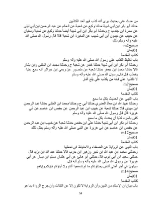 54
‫الكاذبين‬ ‫أحد‬ ‫فهو‬ ‫كذب‬ ‫أنه‬ ‫يرى‬ ‫بحديث‬ ‫عني‬ ‫حدث‬ ‫من‬
‫ليلى‬ ‫أبي‬ ‫ابن‬ ‫الرحمن‬ ‫عبد‬ ‫عن‬ ‫الحكم‬ ‫عن‬ ‫شعبة‬ ‫عن‬ ‫وكيع‬ ‫حدثنا‬ ‫شيبة‬ ‫أبي‬ ‫ابن‬ ‫بكر‬ ‫أبو‬ ‫حدثنا‬
‫وسفيان‬ ‫شعبة‬ ‫عن‬ ‫وكيع‬ ‫حدثنا‬ ‫أيضا‬ ‫شيبة‬ ‫أبي‬ ‫ابن‬ ‫بكر‬ ‫أبو‬ ‫وحدثنا‬ ‫ح‬ ‫جندب‬ ‫ابن‬ ‫سمرة‬ ‫عن‬
‫هللا‬ ‫صلى‬ ‫هللا‬ ‫رسول‬ ‫قال‬ ‫قاال‬ ‫شعبة‬ ‫ابن‬ ‫المغيرة‬ ‫عن‬ ‫شبيب‬ ‫أبي‬ ‫ابن‬ ‫ميمون‬ ‫عن‬ ‫حبيب‬ ‫عن‬
‫ذلك‬ ‫وسلم‬ ‫وآله‬ ‫عليه‬
‫صحيح‬m2
01‫إيمان‬
‫المقدمة‬ ‫كتاب‬
‫وسلم‬ ‫وآله‬ ‫عليه‬ ‫هللا‬ ‫صلى‬ ‫هللا‬ ‫رسول‬ ‫على‬ ‫الكذب‬ ‫تغليظ‬ ‫باب‬
‫بشار‬ ‫وابن‬ ‫المثنى‬ ‫ابن‬ ‫محمد‬ ‫وحدثنا‬ ‫ح‬ ‫شعبة‬ ‫عن‬ ‫غندر‬ ‫حدثنا‬ ‫شيبة‬ ‫أبي‬ ‫ابن‬ ‫بكر‬ ‫أبو‬ ‫وحدثنا‬
‫عليا‬ ‫سمع‬ ‫أنه‬ ‫حراج‬ ‫ابن‬ ‫ربعي‬ ‫عن‬ ‫منصور‬ ‫عن‬ ‫شعبة‬ ‫حدثنا‬ ‫جعفر‬ ‫ابن‬ ‫محمد‬ ‫حدثنا‬ ‫قاال‬
‫ر‬ ‫قال‬ ‫قال‬ ‫يخطب‬‫وسلم‬ ‫وآله‬ ‫عليه‬ ‫هللا‬ ‫صلى‬ ‫هللا‬ ‫سول‬
‫النار‬ ‫يلج‬ ‫علي‬ ‫يكذب‬ ‫من‬ ‫فإنه‬ ‫علي‬ ‫تكذبوا‬ ‫ال‬
‫صحيح‬m7
01‫إيمان‬
‫المقدمة‬ ‫كتاب‬
‫سمع‬ ‫ما‬ ‫بكل‬ ‫الحديث‬ ‫عن‬ ‫النهي‬ ‫باب‬
‫الرحمن‬ ‫عبد‬ ‫حدثنا‬ ‫المثنى‬ ‫ابن‬ ‫محمد‬ ‫وحدثنا‬ ‫ح‬ ‫أبي‬ ‫حدثنا‬ ‫العنبري‬ ‫معاذ‬ ‫ابن‬ ‫هللا‬ ‫عبيد‬ ‫وحدثنا‬
‫ابن‬ ‫خبيب‬ ‫عن‬ ‫شعبة‬ ‫حدثنا‬ ‫قاال‬ ‫مهدي‬ ‫ابن‬‫أبي‬ ‫عن‬ ‫عاصم‬ ‫ابن‬ ‫حفص‬ ‫عن‬ ‫الرحمن‬ ‫عبد‬
‫وسلم‬ ‫وآله‬ ‫عليه‬ ‫هللا‬ ‫صلى‬ ‫هللا‬ ‫رسول‬ ‫قال‬ ‫قال‬ ‫هريرة‬
‫سمع‬ ‫ما‬ ‫بكل‬ ‫يحدث‬ ‫أن‬ ‫كذبا‬ ‫بالمرء‬ ‫كفى‬
‫الرحمن‬ ‫عبد‬ ‫ابن‬ ‫خبيب‬ ‫عن‬ ‫شعبة‬ ‫حدثنا‬ ‫حفص‬ ‫ابن‬ ‫علي‬ ‫حدثنا‬ ‫شيبة‬ ‫أبي‬ ‫ابن‬ ‫بكر‬ ‫أبو‬ ‫وحدثنا‬
‫وآله‬ ‫عليه‬ ‫هللا‬ ‫صلى‬ ‫النبي‬ ‫عن‬ ‫هريرة‬ ‫أبي‬ ‫عن‬ ‫عاصم‬ ‫ابن‬ ‫حفص‬ ‫عن‬‫ذلك‬ ‫بمثل‬ ‫وسلم‬
‫صحيح‬m12
01‫إيمان‬
‫المقدمة‬ ‫كتاب‬
‫تحملها‬ ‫في‬ ‫واالحتياط‬ ‫الضعفاء‬ ‫عن‬ ‫الرواية‬ ‫عن‬ ‫النهي‬ ‫باب‬
‫قال‬ ‫يزيد‬ ‫ابن‬ ‫هللا‬ ‫عبد‬ ‫حدثنا‬ ‫قاال‬ ‫حرب‬ ‫ابن‬ ‫وزهير‬ ‫نمير‬ ‫ابن‬ ‫هللا‬ ‫عبد‬ ‫ابن‬ ‫محمد‬ ‫وحدثني‬
‫أبي‬ ‫عن‬ ‫يسار‬ ‫ابن‬ ‫مسلم‬ ‫عثمان‬ ‫أبي‬ ‫عن‬ ‫هانئ‬ ‫أبو‬ ‫حدثني‬ ‫قال‬ ‫أيوب‬ ‫أبي‬ ‫ابن‬ ‫سعيد‬ ‫حدثني‬
‫هري‬‫قال‬ ‫أنه‬ ‫وسلم‬ ‫وآله‬ ‫عليه‬ ‫هللا‬ ‫صلى‬ ‫هللا‬ ‫رسول‬ ‫عن‬ ‫رة‬
‫وإياهم‬ ‫فإياكم‬ ‫آباؤكم‬ ‫وال‬ ‫أنتم‬ ‫تسمعوا‬ ‫لم‬ ‫ما‬ ‫يحدثونكم‬ ‫أناس‬ ‫أمتي‬ ‫آخر‬ ‫في‬ ‫سيكون‬
‫صحيح‬m14
01‫إيمان‬
‫المقدمة‬ ‫كتاب‬
‫هو‬ ‫بما‬ ‫الرواة‬ ‫جرح‬ ‫وأن‬ ‫الثقات‬ ‫عن‬ ‫إال‬ ‫تكون‬ ‫ال‬ ‫الرواية‬ ‫وأن‬ ‫الدين‬ ‫من‬ ‫اإلسناد‬ ‫أن‬ ‫بيان‬ ‫باب‬
 