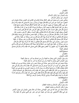 57
01‫إيمان‬
‫اإليمان‬ ‫كتاب‬
‫اإلسالم‬ ‫أركان‬ ‫عن‬ ‫السؤال‬ ‫باب‬
‫اإلسالم‬ ‫أركان‬ ‫عن‬ ‫السؤال‬
‫الناقد‬ ‫بكير‬ ‫ابن‬ ‫محمد‬ ‫ابن‬ ‫عمرو‬ ‫حدثني‬‫ابن‬ ‫سليمان‬ ‫حدثنا‬ ‫النضر‬ ‫أبو‬ ‫القاسم‬ ‫ابن‬ ‫هاشم‬ ‫حدثنا‬
‫وسلم‬ ‫وآله‬ ‫عليه‬ ‫هللا‬ ‫صلى‬ ‫هللا‬ ‫رسول‬ ‫نسأل‬ ‫أن‬ ‫نهينا‬ ‫قال‬ ‫مالك‬ ‫ابن‬ ‫أنس‬ ‫عن‬ ‫ثابت‬ ‫عن‬ ‫المغيرة‬
‫فجاء‬ ‫نسمع‬ ‫ونحن‬ ‫فيسأله‬ ‫العاقل‬ ‫البادية‬ ‫أهل‬ ‫من‬ ‫الرجل‬ ‫يجيء‬ ‫أن‬ ‫يعجبنا‬ ‫فكان‬ ‫شيء‬ ‫عن‬
‫فز‬ ‫رسولك‬ ‫أتانا‬ ‫محمد‬ ‫يا‬ ‫فقال‬ ‫البادية‬ ‫أهل‬ ‫من‬ ‫رجل‬‫قال‬ ‫أرسلك‬ ‫هللا‬ ‫أن‬ ‫تزعم‬ ‫أنك‬ ‫لنا‬ ‫عم‬
‫هذه‬ ‫نصب‬ ‫فمن‬ ‫قال‬ ‫هللا‬ ‫قال‬ ‫األرض‬ ‫خلق‬ ‫فمن‬ ‫قال‬ ‫هللا‬ ‫قال‬ ‫السماء‬ ‫خلق‬ ‫فمن‬ ‫قال‬ ‫صدق‬
‫هذه‬ ‫ونصب‬ ‫األرض‬ ‫وخلق‬ ‫السماء‬ ‫خلق‬ ‫فبالذي‬ ‫قال‬ ‫هللا‬ ‫قال‬ ‫جعل‬ ‫ما‬ ‫فيها‬ ‫وجعل‬ ‫الجبال‬
‫ول‬ ‫يومنا‬ ‫في‬ ‫صلوات‬ ‫خمس‬ ‫علينا‬ ‫أن‬ ‫رسولك‬ ‫وزعم‬ ‫قال‬ ‫نعم‬ ‫قال‬ ‫أرسلك‬ ‫آهلل‬ ‫الجبال‬‫قال‬ ‫يلتنا‬
‫في‬ ‫زكاة‬ ‫علينا‬ ‫أن‬ ‫رسولك‬ ‫وزعم‬ ‫قال‬ ‫نعم‬ ‫قال‬ ‫بهذا‬ ‫أمرك‬ ‫آهلل‬ ‫أرسلك‬ ‫فبالذي‬ ‫قال‬ ‫صدق‬
‫علينا‬ ‫أن‬ ‫رسولك‬ ‫وزعم‬ ‫قال‬ ‫نعم‬ ‫قال‬ ‫بهذا‬ ‫أمرك‬ ‫آهلل‬ ‫أرسلك‬ ‫فبالذي‬ ‫قال‬ ‫صدق‬ ‫قال‬ ‫أموالنا‬
‫قال‬ ‫نعم‬ ‫قال‬ ‫بهذا‬ ‫أمرك‬ ‫آهلل‬ ‫أرسلك‬ ‫فبالذي‬ ‫قال‬ ‫صدق‬ ‫قال‬ ‫سنتنا‬ ‫في‬ ‫رمضان‬ ‫شهر‬ ‫صوم‬
‫ع‬ ‫أن‬ ‫رسولك‬ ‫وزعم‬‫والذي‬ ‫قال‬ ‫ولى‬ ‫ثم‬ ‫قال‬ ‫صدق‬ ‫قال‬ ‫سبيال‬ ‫إليه‬ ‫استطاع‬ ‫من‬ ‫البيت‬ ‫حج‬ ‫لينا‬
‫صدق‬ ‫لئن‬ ‫وسلم‬ ‫وآله‬ ‫عليه‬ ‫هللا‬ ‫صلى‬ ‫النبي‬ ‫فقال‬ ‫منهن‬ ‫أنقص‬ ‫وال‬ ‫عليهن‬ ‫أزيد‬ ‫ال‬ ‫بالحق‬ ‫بعثك‬
‫الجنة‬ ‫ليدخلن‬
‫صحيح‬m93
01‫إيمان‬
‫اإليمان‬ ‫كتاب‬
‫الجنة‬ ‫دخل‬ ‫به‬ ‫أمر‬ ‫بما‬ ‫تمسك‬ ‫من‬ ‫وأن‬ ‫الجنة‬ ‫به‬ ‫يدخل‬ ‫الذي‬ ‫اإليمان‬ ‫بيان‬ ‫باب‬
‫الجنة‬ ‫دخل‬ ‫به‬ ‫أمر‬ ‫بما‬ ‫تمسك‬ ‫من‬ ‫وأن‬ ‫الجنة‬ ‫به‬ ‫يدخل‬ ‫الذي‬ ‫اإليمان‬ ‫بيان‬
‫طلحة‬ ‫ابن‬ ‫موسى‬ ‫حدثنا‬ ‫عثمان‬ ‫ابن‬ ‫عمرو‬ ‫حدثنا‬ ‫أبي‬ ‫حدثنا‬ ‫نمير‬ ‫ابن‬ ‫هللا‬ ‫عبد‬ ‫ابن‬ ‫محمد‬ ‫حدثنا‬
‫سفر‬ ‫في‬ ‫وهو‬ ‫وسلم‬ ‫وآله‬ ‫عليه‬ ‫هللا‬ ‫صلى‬ ‫هللا‬ ‫لرسول‬ ‫عرض‬ ‫أعرابيا‬ ‫أن‬ ‫أيوب‬ ‫أبو‬ ‫حدثني‬ ‫قال‬
‫بزمامه‬ ‫أو‬ ‫ناقته‬ ‫بخطام‬ ‫فأخذ‬‫الجنة‬ ‫من‬ ‫يقربني‬ ‫بما‬ ‫أخبرني‬ ‫محمد‬ ‫يا‬ ‫أو‬ ‫هللا‬ ‫رسول‬ ‫يا‬ ‫قال‬ ‫ثم‬ ‫ا‬
‫قال‬ ‫ثم‬ ‫أصحابه‬ ‫في‬ ‫نظر‬ ‫ثم‬ ‫وسلم‬ ‫وآله‬ ‫عليه‬ ‫هللا‬ ‫صلى‬ ‫النبي‬ ‫فكف‬ ‫قال‬ ‫النار‬ ‫من‬ ‫يباعدني‬ ‫وما‬
‫ال‬ ‫هللا‬ ‫تعبد‬ ‫وسلم‬ ‫وآله‬ ‫عليه‬ ‫هللا‬ ‫صلى‬ ‫النبي‬ ‫فقال‬ ‫فأعاد‬ ‫قال‬ ‫قلت‬ ‫كيف‬ ‫قال‬ ‫هدي‬ ‫لقد‬ ‫أو‬ ‫وفق‬ ‫لقد‬
‫الصال‬ ‫وتقيم‬ ‫شيئا‬ ‫به‬ ‫تشرك‬‫الناقة‬ ‫دع‬ ‫الرحم‬ ‫وتصل‬ ‫الزكاة‬ ‫وتؤتي‬ ‫ة‬
‫صحيح‬m100
01‫إيمان‬
‫اإليمان‬ ‫كتاب‬
‫العظام‬ ‫ودعائمه‬ ‫اإلسالم‬ ‫أركان‬ ‫بيان‬ ‫باب‬
‫العظام‬ ‫ودعائمه‬ ‫اإلسالم‬ ‫أركان‬ ‫بيان‬
‫األحمر‬ ‫حيان‬ ‫ابن‬ ‫سليمان‬ ‫يعني‬ ‫خالد‬ ‫أبو‬ ‫حدثنا‬ ‫الهمداني‬ ‫نمير‬ ‫ابن‬ ‫هللا‬ ‫عبد‬ ‫ابن‬ ‫محمد‬ ‫حدثنا‬
‫ع‬ ‫ابن‬ ‫سعد‬ ‫عن‬ ‫األشجعي‬ ‫مالك‬ ‫أبي‬ ‫عن‬‫وآله‬ ‫عليه‬ ‫هللا‬ ‫صلى‬ ‫النبي‬ ‫عن‬ ‫عمر‬ ‫ابن‬ ‫عن‬ ‫بيدة‬
 